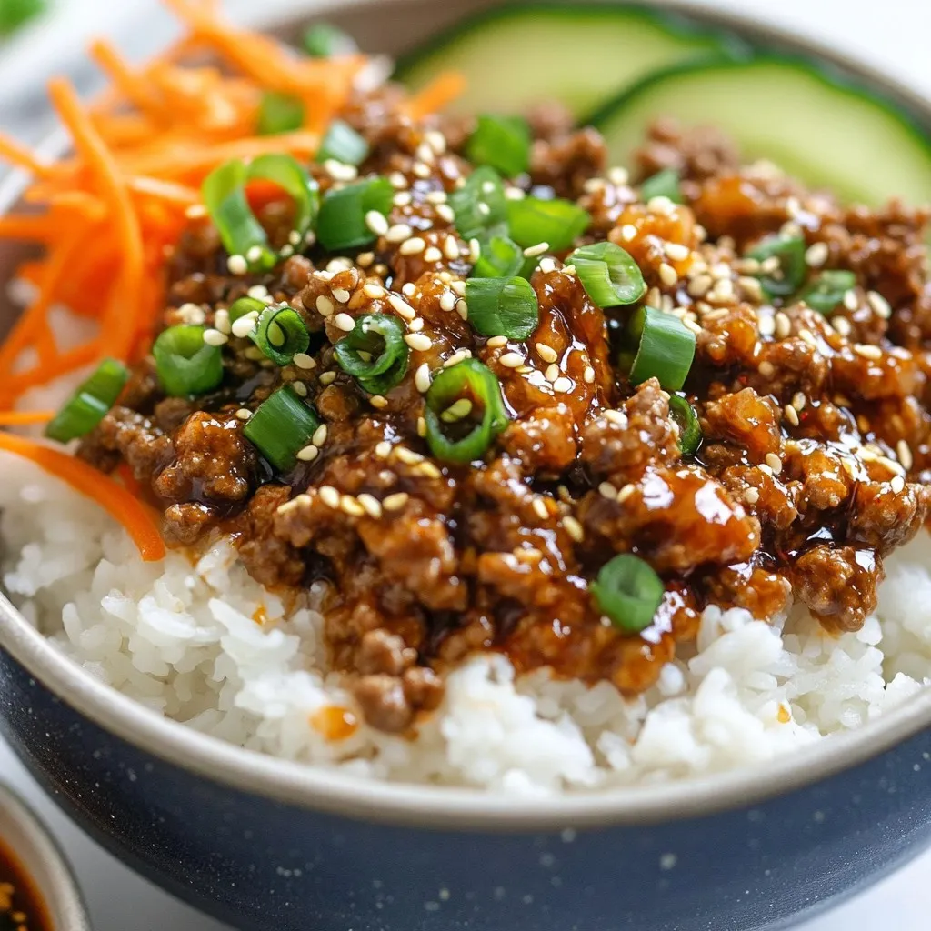 To make delicious Korean ground beef bowls, you need the following main ingredients: - 1 lb ground beef - 1 tablespoon sesame oil - 3 cloves garlic, minced - 1-inch piece ginger, grated - 1/4 cup soy sauce - 2 tablespoons brown sugar - 1 tablespoon gochujang (Korean chili paste) - 2 green onions, finely chopped (plus extra for garnish) - 1 cup shredded carrots - 1 cup cooked jasmine rice These ingredients provide a mix of flavors that bring this dish to life. You will also need a few essential cooking elements to prepare this dish: - A large skillet - A spatula - A small bowl for mixing the sauce - Measuring spoons These tools help you cook the beef evenly and mix the flavors well. For extra flavor and crunch, consider these optional toppings and sides: - Sliced cucumbers - Kimchi These additions make the meal more exciting and add a fresh touch. {{ingredient_image_2}} Start by heating sesame oil in a large skillet over medium heat. Wait until the oil shimmers. Add minced garlic and grated ginger to the oil. Stir them for about one minute. Make sure they smell great but don’t burn. This step is key for flavor. Now, raise the heat to medium-high. Add the ground beef to the skillet. Cook it for about 5 to 7 minutes. Use a spatula to break the meat apart. Stir it occasionally until the beef turns brown. Drain any extra fat from the skillet. Season the beef with a pinch of salt and pepper for taste. In a small bowl, mix soy sauce, brown sugar, and gochujang. Whisk until well blended. Pour this sauce over the cooked beef. Stir to coat the meat evenly. Let it simmer for 3 to 4 minutes. You want the sauce to thicken a bit. Next, add shredded carrots and half of the chopped green onions. Mix them in well. Cook for an extra 2 minutes until the carrots soften slightly. Now you’re ready to serve! To get the best taste, mix the soy sauce, brown sugar, and gochujang well. This mix gives you sweet, salty, and spicy notes. You want a nice balance, so taste it! If it feels too salty, add a touch more sugar. If too sweet, add more soy sauce. Each bite should sing! If you like heat, add more gochujang. Start with one tablespoon and taste. You can always add more. For less heat, reduce the gochujang or use a mild chili paste. You can also add sliced jalapeños for a fresh kick. Adjust the heat to fit your taste! For fluffy jasmine rice, rinse it first to remove excess starch. Use a 1:1.5 rice-to-water ratio for the best texture. Bring water to a boil, then lower the heat and cover. Let it steam for about 15 minutes. Turn off the heat and let it sit for 5 minutes before fluffing. Perfect rice makes your beef bowl shine! Pro Tips Use Fresh Ingredients: Always opt for fresh garlic and ginger; they will enhance the flavor of your dish significantly. Control the Spice Level: Adjust the amount of gochujang to suit your heat preference. Start with less if you're unsure! Perfect the Rice: For the best texture, rinse the jasmine rice before cooking to remove excess starch. Customize Your Bowl: Feel free to add other vegetables like bell peppers or snap peas for extra crunch and nutrition. {{image_4}} You can swap ground beef for other proteins. Ground turkey works well and is lighter. It cooks the same way, so no need for changes in time. Ground chicken is another option. It has a milder taste but can take on flavors well. If you want a plant-based choice, try crumbled tofu. Press it first to remove moisture. Then, cook it like the beef. The flavors from the sauce will soak in nicely. If you need a gluten-free meal, switch the soy sauce for tamari. This will give you the same savory taste without gluten. Check the gochujang label too. Some brands may have gluten. Always read the ingredients to ensure you stay gluten-free. For a tasty vegetarian bowl, use mushrooms instead of meat. Finely chop them for a meaty texture. Cook them until they are soft. Then, add the sauce as you would with beef. You can also mix in cooked lentils for added protein. Serve over rice, and you’ll have a satisfying meal. You can store your Korean ground beef bowls in the fridge. Place leftovers in an airtight container. They stay fresh for about 3-4 days. Make sure the beef is cool before sealing it. This helps keep the flavors intact. If you want to keep them longer, freezing is a good option. Spoon the beef mixture into a freezer-safe bag or container. It can last up to 2 months in the freezer. To thaw, move it to the fridge overnight. You can also use the microwave for quicker thawing. When you're ready to eat, reheat the beef on the stove or in the microwave. If using the stove, warm it over low heat. Add a splash of water or broth to keep it moist. Stir often to ensure even heating. Enjoy your delicious meal all over again! You can serve Korean Ground Beef Bowls with many tasty sides. Here are some ideas: - Sliced cucumbers add a fresh crunch. - Kimchi brings a spicy kick and great flavor. - You can also add pickled vegetables for tanginess. - A simple salad with sesame dressing works well too. These sides will enhance the meal and make it special. To make more servings, you can easily double or triple the ingredients. Here’s how: - Use 2 lbs of ground beef for 8 servings. - Adjust the sauce by using 1/2 cup of soy sauce. - Add more ginger and garlic to keep the taste strong. Remember to cook in batches if your skillet is small. This way, the beef will cook evenly. Yes, you can make Korean Ground Beef Bowls ahead of time. Here’s how: - Cook the beef mixture and let it cool. - Store it in an airtight container in the fridge for up to 3 days. - When ready to eat, just reheat in a skillet. Adding fresh green onions and sesame seeds just before serving keeps it fresh. Korean Ground Beef Bowls are easy and delicious. You need a few key ingredients and simple steps. We covered how to prepare the beef, make the sauce, and choose toppings. Don’t forget the tips for flavor and cooking rice! You can customize the dish with different proteins or make it vegetarian. Store leftovers properly to enjoy later. This meal is great for sharing or enjoying solo. Get creative and make it your own. Happy cooking!