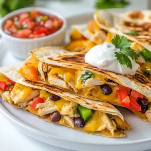 To make loaded chicken quesadillas, you will need: - 2 cups cooked chicken, shredded - 1 cup shredded cheddar cheese - 1 cup shredded mozzarella cheese - 1 cup black beans, rinsed and drained - 1 red bell pepper, diced - 1 small onion, finely chopped - 2 cloves garlic, minced - 1 teaspoon cumin - 1 teaspoon smoked paprika - Salt and pepper to taste - 8 large flour tortillas - 2 tablespoons olive oil - Sour cream and salsa for serving You can add these ingredients to enhance your quesadillas: - Jalape&ntilde;os for heat - Corn for sweetness - Spinach for health - Avocado for creaminess - Lime juice for zest Don't worry if you lack some items. Here are some swaps: - Use rotisserie chicken instead of cooked chicken. - Swap cheddar or mozzarella with pepper jack for spice. - Replace black beans with pinto beans or chickpeas. - Use whole wheat tortillas instead of flour tortillas. - Olive oil can be substituted with vegetable oil or butter. {{ingredient_image_1}} 1. Gather all your ingredients first. This makes cooking smooth. 2. Shred the cooked chicken if you haven't done so. 3. Dice the red bell pepper and chop the onion. 4. Mince the garlic cloves for a strong flavor. 1. Heat 1 tablespoon of olive oil in a large skillet over medium heat. 2. Add the chopped onion and bell pepper. Saut&eacute; them until they soften, about 5 minutes. 3. Stir in the minced garlic and cook for 1 minute. You want it fragrant. 4. Mix in the shredded chicken, black beans, cumin, smoked paprika, salt, and pepper. 5. Cook this mixture until heated through, around 3 to 4 minutes. 6. Remove from heat and set it aside. 7. In a clean skillet, heat it over medium-low heat. 8. Place one flour tortilla in the skillet. On one half, sprinkle &frac14; cup of cheddar and mozzarella cheese. 9. Spoon &frac14; of the chicken mixture over the cheese. Fold the tortilla in half. 10. Cook for 2 to 3 minutes until the cheese melts and the tortilla turns golden brown. 11. Carefully flip the quesadilla. Cook for another 2 to 3 minutes to crisp the other side. 12. Move it to a cutting board, slice into wedges, and repeat with the rest. 13. Serve hot with sour cream and salsa on the side. - Use medium-low heat for even cooking. - Make sure your skillet is hot before adding the tortilla. - Don&rsquo;t overfill the quesadillas. This helps them stay crisp. - Let them cook long enough on each side for a golden color. - Serve immediately for the best texture. To keep your quesadillas from sticking, use a non-stick skillet. Heat it on medium-low. Add a little olive oil before placing your tortilla. This oil helps create a barrier. Make sure the skillet is hot enough before adding the tortilla. If you hear a light sizzle, you&rsquo;re good to go. Flip gently with a spatula to avoid tearing. After cooking, keep quesadillas warm in the oven. Set it to a low temperature, about 200&deg;F. Place them on a baking sheet and cover with foil. This keeps them soft and warm until serving. You can also wrap them in a clean kitchen towel. This method keeps them cozy and ready to eat. Boost the flavor of your quesadillas with spices. Cumin and smoked paprika add depth. Adjust the salt and pepper to your taste. You can also add a pinch of chili powder for heat. Fresh herbs like cilantro can brighten the dish. Mix in some lime juice for a zesty finish. Don't forget to taste as you go! Pro Tips Tip for Perfectly Crispy Quesadillas: Make sure to use medium-low heat when cooking the quesadillas. This allows the cheese to melt thoroughly while ensuring the tortilla gets golden and crispy without burning. Tip for Extra Flavor: Marinate your cooked chicken with lime juice, garlic, and spices for at least 30 minutes before shredding. This adds an extra layer of flavor to your quesadillas. Tip for Layering Ingredients: When adding the filling, spread it out evenly on one half of the tortilla to ensure every bite is packed with flavor and texture. Tip for Serving: Serve your quesadillas with a variety of dips like guacamole, pico de gallo, or jalape&ntilde;o sauce to cater to different taste preferences and enhance the meal experience. {{image_2}} You can easily make loaded quesadillas without chicken. For a vegetarian twist, use these ingredients: - 1 cup black beans, rinsed and drained - 1 cup corn - 1 red bell pepper, diced - 1 small onion, finely chopped - 2 cloves garlic, minced - 1 cup shredded cheddar cheese - 1 cup shredded mozzarella cheese Saut&eacute; the onion and bell pepper as before. Add the corn and black beans. Mix in the garlic, then season with salt and pepper. Follow the same cooking steps to create tasty vegetarian quesadillas. If you like heat, try spicy loaded chicken quesadillas. Use the same chicken mixture, but add: - 1-2 jalape&ntilde;os, diced - 1 teaspoon chili powder Saut&eacute; the jalape&ntilde;os with the onion and bell pepper. This will give your quesadillas a nice kick. You can also use pepper jack cheese for extra spice. Mixing cheeses can change the flavor of your quesadillas. Here are some great combos: - Cheddar and Monterey Jack - Mozzarella and provolone - Gouda and feta Each cheese brings its own taste. Experiment with these options to find your favorite. Just remember to keep the total cheese amount around 2 cups for best results. To store leftover quesadillas, let them cool first. Place them in an airtight container. You can also wrap them in plastic wrap or aluminum foil. Keep them in the fridge for up to three days. Make sure to keep the layers separated with parchment paper to avoid sticking. For long-term storage, quesadillas freeze well. Wrap each quesadilla tightly in plastic wrap. Then, place them in a freezer bag. Remove as much air as possible to avoid freezer burn. They can last in the freezer for up to three months. When you&rsquo;re ready to eat, just thaw them overnight in the fridge. To reheat your quesadillas, use a skillet for the best taste. Heat a little oil in the pan over medium heat. Place the quesadilla in the skillet and cook for about 2-3 minutes on each side. This keeps them crispy and warm. You can also use an oven. Preheat it to 350&deg;F (175&deg;C), then bake for 10-15 minutes. Enjoy your delicious quesadillas! Yes, you can make Loaded Chicken Quesadillas ahead of time. Prepare the filling and let it cool. Store it in the fridge for up to three days. When you want to eat, just assemble and cook. This saves time on busy days and still gives you a tasty meal. Many dips work great with Loaded Chicken Quesadillas. Try sour cream for a cool touch. Salsa adds a fresh kick, while guacamole gives a creamy feel. You can also serve a spicy chipotle sauce for extra heat. Each dip enhances the flavors in your quesadilla. Loaded Chicken Quesadillas can be healthy. They use lean chicken and veggies, which are good for you. The black beans add fiber and protein. You can control the cheese amount for less fat. If you use whole wheat tortillas, you boost nutrition. Enjoy them as a balanced meal! In this blog post, I shared everything you need to whip up delicious loaded chicken quesadillas. We covered the key ingredients, cooking steps, and helpful tips for that perfect crisp. I also discussed tasty variations and how to store your leftovers effectively. Whether you prefer vegetarian options or spicy flavors, there&rsquo;s a quesadilla for everyone. Keep these tips in mind, and you'll have a meal that impresses every time. Enjoy making and sharing your quesadillas with family and friends!