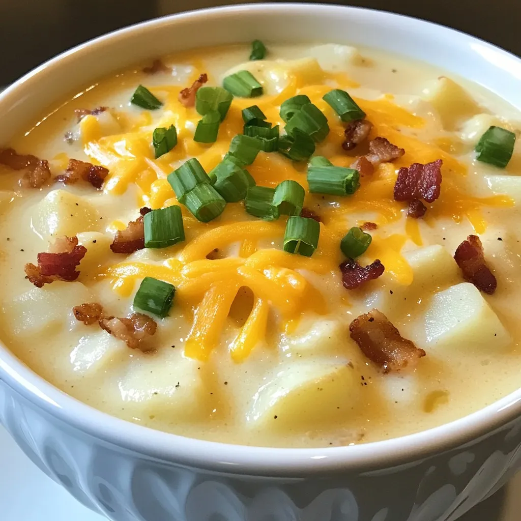 - 6 large russet potatoes, peeled and diced - 1 medium onion, chopped - 3 cloves garlic, minced - 6 cups vegetable broth - 1 cup cream cheese, softened - 1 cup sour cream - 1 cup shredded cheddar cheese - 1/2 cup cooked bacon, crumbled (optional) - 1/4 cup green onions, sliced (for garnish) - Dried thyme, salt, and pepper Gathering the right ingredients is key to making this soup great. Start with russet potatoes. They give a nice, creamy base. Chop the onion and mince the garlic for flavor. The vegetable broth adds depth and richness. Cream cheese and sour cream make the soup creamy and rich. Shredded cheddar cheese brings that classic cheesy taste. If you enjoy bacon, add it for extra flavor. Green onions add a fresh touch at the end. Use dried thyme, salt, and pepper to season your soup. These spices enhance the taste without overpowering it. Once you have everything, you're ready to start cooking! {{ingredient_image_1}} To get the right creaminess in your soup, use a potato masher. Mash the potatoes just enough to break them down. Leave some chunks for heartiness. This way, you get a mix of smooth and chunky textures. If you want a creamier soup, mash more. For chunkiness, don't mash too much. Just stir the soup after cooking. This keeps larger pieces of potato intact. Adjust the texture based on how you like your soup. Some like it thick; others prefer it silky. Adding spices and herbs can really boost your soup's taste. I love using dried thyme; it adds a warm flavor. You can also try adding garlic powder or smoked paprika for a twist. A little salt and pepper help bring out the flavors too. For garnishes, green onions are great, but you can go further. Try adding crispy fried onions or a dollop of sour cream on top. Fresh herbs like parsley or dill also add a nice touch. These extra layers of flavor make your soup even more enjoyable. For a vegetarian version of Crockpot Crack Potato Soup, you can easily swap the bacon. Try using smoked paprika for a similar smoky flavor. You might also enjoy adding chopped mushrooms or sun-dried tomatoes for depth. When it comes to broth, use vegetable broth instead of chicken broth. This keeps the soup rich and tasty while keeping it meat-free. You can also make your own vegetable broth at home for a fresher taste. Cheese can take your soup to another level. Instead of just cheddar, consider using gouda or pepper jack for a kick. Each cheese brings its own unique flavor profile. To add complexity, mix in some blue cheese or parmesan. These cheeses add a rich, creamy texture and a burst of flavor. Just remember to adjust your salt levels, as some cheeses are saltier than others. Pro Tips Use Fresh Ingredients: Fresh potatoes and vegetables will enhance the flavor and texture of your soup, making it more delicious. Adjust Consistency: If you prefer a thicker soup, mash the potatoes more thoroughly or reduce the amount of broth used. Experiment with Cheese: Try adding different types of cheese, like pepper jack or gouda, for a unique twist on the classic flavor. Make it Ahead: This soup can be made a day in advance and tastes even better the next day as the flavors meld together. {{image_2}} How long can I store Crockpot Crack Potato Soup? You can store this soup in the fridge for about 4 to 5 days. Keep it in an airtight container to maintain freshness. The flavors deepen as it sits, making it even better the next day. Can I make this soup ahead of time? Yes, you can definitely make this soup ahead of time. It tastes great when reheated. Just let it cool before you store it in the fridge. Reheat on the stove or in the microwave until hot. What can I use instead of cream cheese? If you need a substitute for cream cheese, try using Greek yogurt or ricotta cheese. Both will give you a creamy texture without the tang. Alternatives for sour cream? You can use plain yogurt or cashew cream in place of sour cream. These options will keep the soup rich and creamy. Is this soup gluten-free? Yes, this soup is gluten-free as long as you use gluten-free vegetable broth. Check labels to ensure all ingredients meet your dietary needs. Can it be made dairy-free? To make this soup dairy-free, use plant-based cream cheese and sour cream. You can also use a dairy-free cheese for added creaminess. This article covered all you need to know to make delicious Crockpot Crack Potato Soup. We explored key ingredients like potatoes, cheese, and bacon. I shared step-by-step instructions and tips for perfecting flavor and texture. Don’t forget, you can make variations to suit your taste or dietary needs. With proper storage, this soup stays fresh and tasty. Enjoy creating a warm bowl of comfort that suits your style!