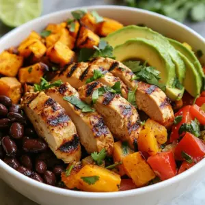 - 2 boneless, skinless chicken breasts - 2 medium sweet potatoes, peeled and diced - 1 tablespoon olive oil The main ingredients in Grilled Chicken Sweet Potato Bowls are simple yet tasty. Boneless, skinless chicken breasts provide lean protein. Sweet potatoes add natural sweetness and fiber, making the dish hearty. Olive oil helps the ingredients cook well and adds a nice flavor. - 1 teaspoon paprika - 1 teaspoon garlic powder - 1 teaspoon cumin - Salt and pepper to taste Seasonings bring life to the dish. Paprika adds a smoky touch. Garlic powder gives a warm, savory flavor, while cumin adds earthiness. Salt and pepper enhance the overall taste, making each bite delicious. - 1 cup black beans, drained and rinsed - 1 red bell pepper, diced - 1 avocado, sliced - 1/4 cup fresh cilantro, chopped - 2 tablespoons lime juice Toppings make your bowls colorful and fresh. Black beans provide protein and fiber. Red bell pepper adds crunch and sweetness. Creamy avocado brings richness, while cilantro adds freshness. A squeeze of lime juice brightens the entire dish, making it pop with flavor. {{ingredient_image_1}} Set your grill to medium-high heat. This step is key for even cooking. While it heats, you can start prepping the other ingredients. In a bowl, toss the diced sweet potatoes with: - 1 tablespoon olive oil - 1 teaspoon paprika - 1 teaspoon garlic powder - 1 teaspoon cumin - Salt and pepper to taste Make sure they are evenly coated. This helps them get nice and flavorful on the grill. Season the chicken breasts with salt and pepper. Place them on the grill. Cook for about 6-7 minutes on each side. The chicken is done when it reaches an internal temperature of 165&deg;F (75&deg;C). This ensures it is juicy and safe to eat. While the chicken is grilling, cook the sweet potatoes. You can grill them in a basket for about 10-15 minutes. Turn them occasionally until they are tender. If you prefer, you can roast them in the oven at 400&deg;F (200&deg;C) for about 25-30 minutes. Both methods work well. While the chicken and sweet potatoes cook, prepare the other ingredients. Dice the red bell pepper and slice the avocado. This adds color and nutrition to your bowl. Once everything is cooked, slice the grilled chicken into strips. In a bowl, layer the ingredients: 1. Start with a base of sweet potatoes. 2. Add black beans. 3. Top with grilled chicken. 4. Add diced red bell pepper. 5. Finish with sliced avocado. Drizzle fresh lime juice over the top. Sprinkle with chopped cilantro for a burst of flavor. This makes your bowl look and taste great! To achieve the perfect grilled chicken, start with fresh, boneless, skinless chicken breasts. Make sure to season them well with salt and pepper. Preheat your grill to medium-high heat. Cook the chicken for about 6-7 minutes on each side. Aim for an internal temperature of 165&deg;F (75&deg;C) to ensure it&rsquo;s fully cooked. Let the chicken rest for a few minutes before slicing it. This helps keep the juices inside. Feel free to substitute vegetables or proteins based on your taste. If you want a different protein, try using tofu or shrimp. You can also switch sweet potatoes for regular potatoes or even quinoa for a grain base. For veggies, mix in zucchini, corn, or spinach. The goal is to use what you enjoy and what you have on hand. Pair your Grilled Chicken Sweet Potato Bowls with complementary side dishes. A fresh green salad adds crunch and balance. You can also serve with a side of grilled corn or a fruity salsa to enhance the flavors. For a heartier meal, serve with brown rice or a slice of crusty bread. Enjoy experimenting with different sides! Pro Tips Marinate for More Flavor: Consider marinating the chicken in lime juice, garlic, and spices for at least 30 minutes before grilling to enhance the flavor. Perfectly Cooked Sweet Potatoes: To ensure your sweet potatoes are perfectly cooked, cut them into uniform pieces to promote even cooking. Use a Meat Thermometer: To guarantee your chicken is cooked safely, use a meat thermometer to check that it has reached an internal temperature of 165&deg;F (75&deg;C). Customize Your Bowls: Feel free to customize your bowls with different veggies or toppings like corn, salsa, or feta cheese to suit your taste. {{image_2}} For a vegan twist, swap the chicken with plant-based protein. You can use grilled tofu or tempeh. Both options soak up flavors well. Season them with the same spices: paprika, garlic powder, and cumin. This keeps the dish tasty and satisfying. You can even add some nutritional yeast for a cheesy flavor. If you love heat, add some spice! You can mix hot sauce into the marinade for the chicken or sprinkle red pepper flakes on top. Another option is to use a spicy dressing. This will make your bowl exciting and give it a kick. Just a little heat can change the whole meal. Changing up the dressing can enhance flavors. Instead of lime juice, try a tahini or avocado dressing. These add creaminess and richness. You can also use a balsamic glaze for a sweet touch. Each dressing brings a new taste and keeps your meals fresh and fun. To store leftovers, let the bowls cool down first. Pack the grilled chicken, sweet potatoes, and other ingredients in airtight containers. This keeps them fresh for up to 4 days in the fridge. If you mix everything together, it may get soggy, so store components separately. Label containers with the date for easy tracking. Freezing is a great option if you want to save some for later. You can freeze the grilled chicken and sweet potatoes. Cool them completely, then place them in freezer bags. Squeeze out air to prevent freezer burn. They can last up to 3 months in the freezer. Avoid freezing the avocado, as it does not freeze well. Consider adding it fresh when ready to eat. When it&rsquo;s time to enjoy your meal again, reheat it safely. For the chicken and sweet potatoes, use the microwave or oven. If using a microwave, put them in a safe dish and cover it. Heat in short bursts to keep them from drying out. If you prefer the oven, set it to 350&deg;F (175&deg;C) and heat for about 15-20 minutes. Check that everything is heated through before serving. Enjoy your delicious meal! You can use several plant-based alternatives for chicken. Tofu works well. It absorbs flavor nicely and gets a good texture when grilled. Tempeh is another option. It has a nutty taste and is packed with protein. You can also try seitan, which mimics chicken well. If you prefer beans, chickpeas or lentils can add protein too. To make sweet potatoes tender, cut them into small pieces. This helps them cook faster and evenly. Toss them with olive oil and spices before cooking. If grilling, use a basket or foil to prevent them from falling through the grates. Grill them for about 10-15 minutes. Turn them often to avoid burning. Roasting in the oven also works; just bake at 400&deg;F for 25-30 minutes. Yes, you can make this dish ahead of time. Prepare the chicken and sweet potatoes, then store them in the fridge. Keep the black beans and fresh veggies separate. This way, they stay crisp and fresh. When you're ready to eat, just reheat the chicken and sweet potatoes. Assemble the bowls with fresh toppings for the best taste. Grilled chicken is a great source of lean protein. It helps build muscle and keeps you full. Sweet potatoes provide fiber, vitamins, and minerals. They are high in Vitamin A, good for your eyes. Black beans add protein and fiber too. They help with digestion and heart health. Avocado offers healthy fats, which are great for your skin. Overall, this dish is balanced and nutritious. This blog post shared a simple and tasty dish you can make at home. You learned about the main ingredients like chicken and sweet potatoes, along with great seasonings. I also explained how to grill and assemble your meal step-by-step. Don't forget the toppings; they add flavor and color. Use the tips for cooking and storing leftovers to make the most of your dish. This recipe is flexible, so try new ingredients. Enjoy your cooking adventure!