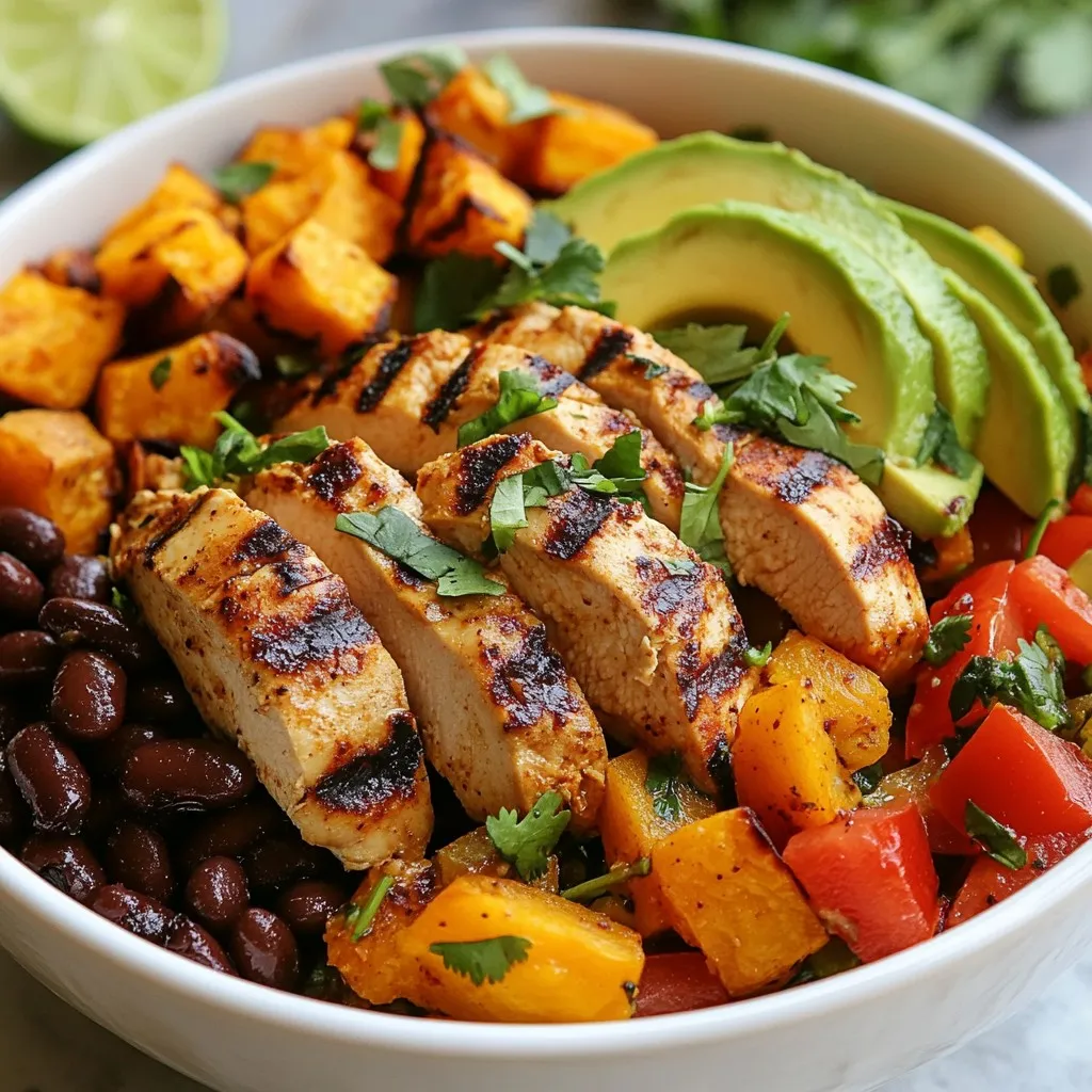 - 2 boneless, skinless chicken breasts - 2 medium sweet potatoes, peeled and diced - 1 tablespoon olive oil The main ingredients in Grilled Chicken Sweet Potato Bowls are simple yet tasty. Boneless, skinless chicken breasts provide lean protein. Sweet potatoes add natural sweetness and fiber, making the dish hearty. Olive oil helps the ingredients cook well and adds a nice flavor. - 1 teaspoon paprika - 1 teaspoon garlic powder - 1 teaspoon cumin - Salt and pepper to taste Seasonings bring life to the dish. Paprika adds a smoky touch. Garlic powder gives a warm, savory flavor, while cumin adds earthiness. Salt and pepper enhance the overall taste, making each bite delicious. - 1 cup black beans, drained and rinsed - 1 red bell pepper, diced - 1 avocado, sliced - 1/4 cup fresh cilantro, chopped - 2 tablespoons lime juice Toppings make your bowls colorful and fresh. Black beans provide protein and fiber. Red bell pepper adds crunch and sweetness. Creamy avocado brings richness, while cilantro adds freshness. A squeeze of lime juice brightens the entire dish, making it pop with flavor. {{ingredient_image_1}} Set your grill to medium-high heat. This step is key for even cooking. While it heats, you can start prepping the other ingredients. In a bowl, toss the diced sweet potatoes with: - 1 tablespoon olive oil - 1 teaspoon paprika - 1 teaspoon garlic powder - 1 teaspoon cumin - Salt and pepper to taste Make sure they are evenly coated. This helps them get nice and flavorful on the grill. Season the chicken breasts with salt and pepper. Place them on the grill. Cook for about 6-7 minutes on each side. The chicken is done when it reaches an internal temperature of 165°F (75°C). This ensures it is juicy and safe to eat. While the chicken is grilling, cook the sweet potatoes. You can grill them in a basket for about 10-15 minutes. Turn them occasionally until they are tender. If you prefer, you can roast them in the oven at 400°F (200°C) for about 25-30 minutes. Both methods work well. While the chicken and sweet potatoes cook, prepare the other ingredients. Dice the red bell pepper and slice the avocado. This adds color and nutrition to your bowl. Once everything is cooked, slice the grilled chicken into strips. In a bowl, layer the ingredients: 1. Start with a base of sweet potatoes. 2. Add black beans. 3. Top with grilled chicken. 4. Add diced red bell pepper. 5. Finish with sliced avocado. Drizzle fresh lime juice over the top. Sprinkle with chopped cilantro for a burst of flavor. This makes your bowl look and taste great! To achieve the perfect grilled chicken, start with fresh, boneless, skinless chicken breasts. Make sure to season them well with salt and pepper. Preheat your grill to medium-high heat. Cook the chicken for about 6-7 minutes on each side. Aim for an internal temperature of 165°F (75°C) to ensure it’s fully cooked. Let the chicken rest for a few minutes before slicing it. This helps keep the juices inside. Feel free to substitute vegetables or proteins based on your taste. If you want a different protein, try using tofu or shrimp. You can also switch sweet potatoes for regular potatoes or even quinoa for a grain base. For veggies, mix in zucchini, corn, or spinach. The goal is to use what you enjoy and what you have on hand. Pair your Grilled Chicken Sweet Potato Bowls with complementary side dishes. A fresh green salad adds crunch and balance. You can also serve with a side of grilled corn or a fruity salsa to enhance the flavors. For a heartier meal, serve with brown rice or a slice of crusty bread. Enjoy experimenting with different sides! Pro Tips Marinate for More Flavor: Consider marinating the chicken in lime juice, garlic, and spices for at least 30 minutes before grilling to enhance the flavor. Perfectly Cooked Sweet Potatoes: To ensure your sweet potatoes are perfectly cooked, cut them into uniform pieces to promote even cooking. Use a Meat Thermometer: To guarantee your chicken is cooked safely, use a meat thermometer to check that it has reached an internal temperature of 165°F (75°C). Customize Your Bowls: Feel free to customize your bowls with different veggies or toppings like corn, salsa, or feta cheese to suit your taste. {{image_2}} For a vegan twist, swap the chicken with plant-based protein. You can use grilled tofu or tempeh. Both options soak up flavors well. Season them with the same spices: paprika, garlic powder, and cumin. This keeps the dish tasty and satisfying. You can even add some nutritional yeast for a cheesy flavor. If you love heat, add some spice! You can mix hot sauce into the marinade for the chicken or sprinkle red pepper flakes on top. Another option is to use a spicy dressing. This will make your bowl exciting and give it a kick. Just a little heat can change the whole meal. Changing up the dressing can enhance flavors. Instead of lime juice, try a tahini or avocado dressing. These add creaminess and richness. You can also use a balsamic glaze for a sweet touch. Each dressing brings a new taste and keeps your meals fresh and fun. To store leftovers, let the bowls cool down first. Pack the grilled chicken, sweet potatoes, and other ingredients in airtight containers. This keeps them fresh for up to 4 days in the fridge. If you mix everything together, it may get soggy, so store components separately. Label containers with the date for easy tracking. Freezing is a great option if you want to save some for later. You can freeze the grilled chicken and sweet potatoes. Cool them completely, then place them in freezer bags. Squeeze out air to prevent freezer burn. They can last up to 3 months in the freezer. Avoid freezing the avocado, as it does not freeze well. Consider adding it fresh when ready to eat. When it’s time to enjoy your meal again, reheat it safely. For the chicken and sweet potatoes, use the microwave or oven. If using a microwave, put them in a safe dish and cover it. Heat in short bursts to keep them from drying out. If you prefer the oven, set it to 350°F (175°C) and heat for about 15-20 minutes. Check that everything is heated through before serving. Enjoy your delicious meal! You can use several plant-based alternatives for chicken. Tofu works well. It absorbs flavor nicely and gets a good texture when grilled. Tempeh is another option. It has a nutty taste and is packed with protein. You can also try seitan, which mimics chicken well. If you prefer beans, chickpeas or lentils can add protein too. To make sweet potatoes tender, cut them into small pieces. This helps them cook faster and evenly. Toss them with olive oil and spices before cooking. If grilling, use a basket or foil to prevent them from falling through the grates. Grill them for about 10-15 minutes. Turn them often to avoid burning. Roasting in the oven also works; just bake at 400°F for 25-30 minutes. Yes, you can make this dish ahead of time. Prepare the chicken and sweet potatoes, then store them in the fridge. Keep the black beans and fresh veggies separate. This way, they stay crisp and fresh. When you're ready to eat, just reheat the chicken and sweet potatoes. Assemble the bowls with fresh toppings for the best taste. Grilled chicken is a great source of lean protein. It helps build muscle and keeps you full. Sweet potatoes provide fiber, vitamins, and minerals. They are high in Vitamin A, good for your eyes. Black beans add protein and fiber too. They help with digestion and heart health. Avocado offers healthy fats, which are great for your skin. Overall, this dish is balanced and nutritious. This blog post shared a simple and tasty dish you can make at home. You learned about the main ingredients like chicken and sweet potatoes, along with great seasonings. I also explained how to grill and assemble your meal step-by-step. Don't forget the toppings; they add flavor and color. Use the tips for cooking and storing leftovers to make the most of your dish. This recipe is flexible, so try new ingredients. Enjoy your cooking adventure!