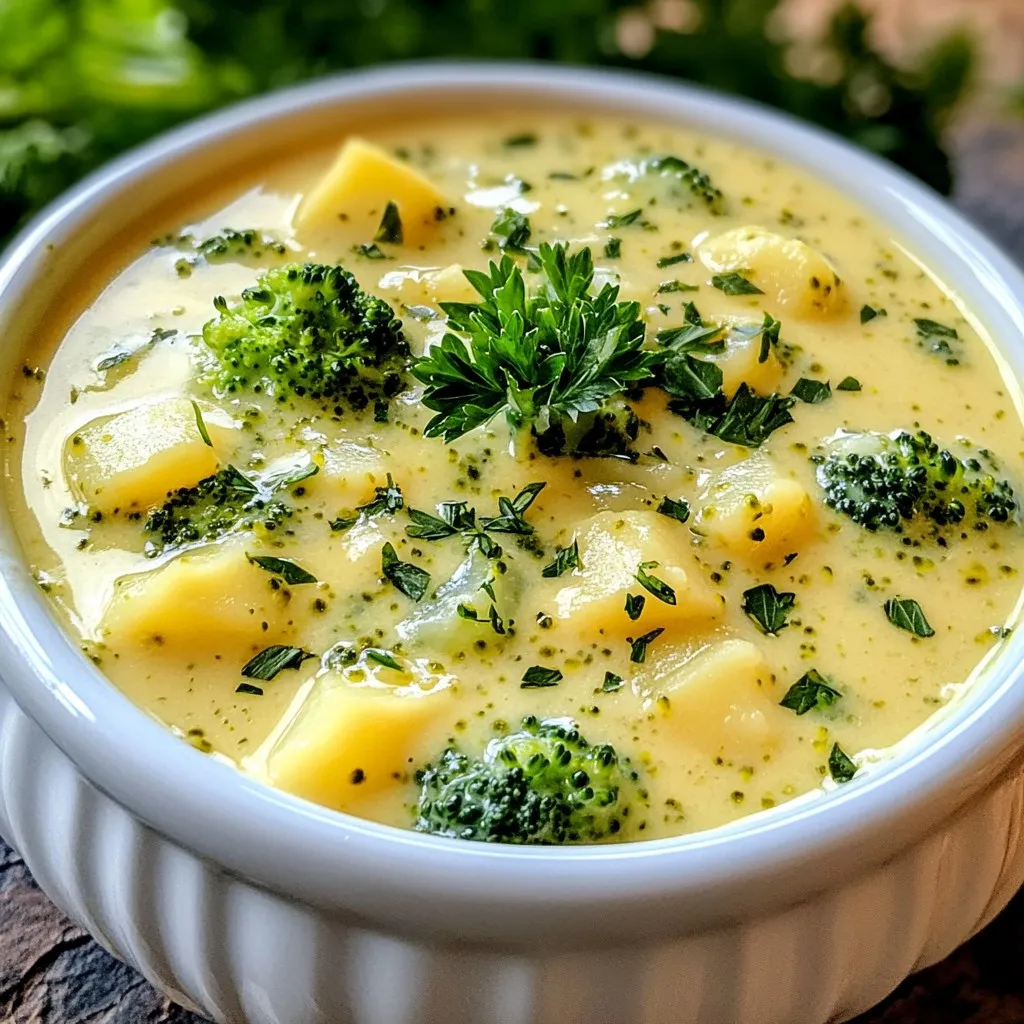 To make this creamy soup, you will need: - 2 cups fresh broccoli florets - 2 large russet potatoes, peeled and cut into small dice - 1 medium yellow onion, finely chopped - 2 cloves of garlic, minced - 4 cups vegetable broth - 1 cup milk (dairy or plant-based alternative) - 2 cups shredded sharp cheddar cheese - 2 tablespoons extra virgin olive oil - 1 teaspoon dried thyme - Salt and freshly ground black pepper to taste - Fresh parsley, chopped (for garnish, optional) Using fresh ingredients makes a big difference. Here are some tips: - Broccoli should be bright green and firm. Avoid yellow or wilting florets. - Select potatoes that are smooth and free of blemishes. Russet potatoes work best for this soup due to their starchy texture. - Choose a yellow onion that feels heavy for its size. A strong smell shows freshness. - Fresh garlic gives a better taste than jarred or powdered garlic. You can customize this soup to fit your needs: - For a dairy-free option, use almond or oat milk instead of regular milk. - Swap cheddar cheese for a vegan cheese blend to keep it plant-based. - You can also add nutritional yeast for a cheesy flavor without dairy. - If you want less salt, use low-sodium vegetable broth. These options ensure everyone can enjoy this comforting dish! {{ingredient_image_2}} Start by washing the broccoli. Cut it into small florets. Next, peel the russet potatoes. Dice them into small pieces. Chop the yellow onion finely. Mince the garlic cloves. Gather all these ingredients together. This makes the cooking process smooth and easy. In a large pot, heat two tablespoons of extra virgin olive oil over medium heat. Add the chopped onion. Sauté it for five minutes until it turns soft and clear. Then, add the minced garlic. Cook it for one more minute. Stir it often to avoid burning. Now, add the diced potatoes and four cups of vegetable broth to the pot. Increase the heat and bring it to a boil. Once boiling, lower the heat and let it simmer for ten minutes. The potatoes should be fork-tender. After that, add the broccoli florets and one teaspoon of dried thyme. Simmer for another five to seven minutes. The broccoli should stay bright green and tender. Use an immersion blender to blend the soup right in the pot. Blend until it is creamy and smooth. If you want it silkier, you can use a regular blender. Remember, hot liquids can splash. Blend in small batches for safety. Return the blended soup to the pot if you used a regular blender. Stir in one cup of milk until it is heated through. Gradually add two cups of shredded sharp cheddar cheese. Stir well until the cheese melts. Taste the soup and add salt and pepper as needed. If it is too thick, add a splash of water or broth to thin it out. Ladle the soup into bowls. You can add chopped parsley on top for color. Enjoy this creamy and comforting dish! When you sauté onion and garlic, start with medium heat. This heat helps release their flavors without burning. Use a good amount of extra virgin olive oil, about two tablespoons. Add the chopped onion first. Cook it for about five minutes. You want it soft and clear. Then, add the minced garlic. Cook it for just one more minute. Stir often to keep it from burning. This step builds a solid flavor base for your soup. To keep broccoli bright and crisp, add it later in the cooking process. After the potatoes simmer for about ten minutes, add the broccoli. Cook it for five to seven minutes. This timing ensures it stays tender but not mushy. You want that lovely green color and a slight crunch. Overcooked broccoli loses flavor and texture, so watch the clock closely. Herbs and spices elevate your soup. I like to add dried thyme for a warm, earthy taste. You can also experiment with other herbs like basil or oregano. If you want a kick, try a pinch of red pepper flakes. Just a little will add heat without overpowering the dish. For a fresh touch, finish with some chopped parsley before serving. These simple additions make your soup even more delicious. Pro Tips Fresh Ingredients: Use fresh broccoli and potatoes for the best flavor and texture. Frozen vegetables can work in a pinch but may alter the soup's consistency. Cheese Choices: While sharp cheddar adds a great flavor, you can experiment with other cheeses like Gruyère or Monterey Jack for a unique twist. Make It Vegan: Substitute the milk with a plant-based milk and use dairy-free cheese to make this soup vegan-friendly without sacrificing creaminess. Storage Tips: This soup can be stored in the fridge for up to 3 days. Reheat gently on the stove, adding a little water if it thickens too much. {{image_4}} You can boost your broccoli potato cheese soup with protein. Adding chicken makes it hearty. Cook diced chicken in the pot before adding the onions. For bacon, cook it first, then use the fat to sauté the onions and garlic. Tofu is a great plant-based option. Cube firm tofu and add it while blending for a creamy texture. This adds flavor and makes the soup filling. You can mix in more vegetables for flavor and nutrition. Carrots add sweetness and color. Chop them small and add with the potatoes. Spinach gives a nice green touch. Toss it in during the last few minutes of cooking. Other veggies like peas or corn can also work well. This makes your soup more colorful and healthy. If you like heat, you can spice up the soup. Add red pepper flakes for a kick. Mix in a teaspoon with the thyme. For a different flavor, try jalapeños. Dice them and add with the onions. You can also use hot sauce to taste. This lets you control the spice level just how you like it. After you finish your delicious bowl of broccoli potato cheese soup, let the leftovers cool. This step is important. I like to leave it on the counter for about 30 minutes. Then, pour the soup into airtight containers. You can use glass or plastic containers. Make sure to leave some space at the top for expansion when freezing. When you're ready to enjoy the soup again, reheat it slowly. I recommend using a pot on the stove. This method keeps the soup creamy. Stir often to prevent sticking. If the soup is too thick, add a little water or broth to loosen it. You can also heat it in the microwave. Just cover it and stir every minute for even heating. Properly stored, your soup can last in the fridge for about 3 to 4 days. If you want to keep it longer, consider freezing it. In the freezer, it stays good for up to 3 months. Just remember to label your containers with the date. This way, you’ll know when to enjoy it next! Yes, you can make this soup in advance. In fact, it tastes even better the next day. After cooking, let it cool down completely. Then, store it in an airtight container in the fridge. It will stay fresh for about three days. When you are ready to eat, just reheat it on the stove over low heat. Stir often to keep it smooth and creamy. Absolutely! Freezing this soup is a great option. Just make sure to let it cool completely. Pour the soup into freezer-safe containers, leaving some space at the top for expansion. It will keep well for up to three months. To eat, thaw it overnight in the fridge. Reheat it on the stove, stirring gently to bring back its creamy texture. You can pair this soup with many sides. A simple green salad works well. You can also serve it with crusty bread for dipping. Grilled cheese sandwiches are another tasty match. If you want something lighter, try fresh fruit or a veggie platter. Each side adds a nice touch to your warm bowl of soup. Making Broccoli Potato Cheese Soup is simple and fun. We reviewed the key ingredients, how to prep them, and step-by-step cooking tips. We explored variations like adding protein or spices to fit your taste. Plus, I shared storage methods to keep your soup fresh. In the end, this soup is not just tasty; it's flexible and great for sharing. Try out different flavors and make it your own. Enjoy every delicious bowl!