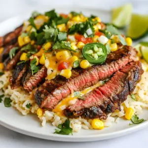 - 2 ribeye steaks (about 1 inch thick) - Salt and black pepper to taste - 2 tablespoons olive oil - 1 cup long-grain rice - 2 cups chicken broth - 1 cup queso cheese (or Mexican cheese blend) - 1/2 cup corn kernels (fresh or frozen) - 1/4 cup diced jalape&ntilde;os (fresh or pickled) - 2 tablespoons chopped fresh cilantro - Lime wedges for serving The ribeye steaks are key. They are juicy and tender. Season them well with salt and black pepper. This adds great flavor. The olive oil helps to sear the steaks nicely. For the queso rice, use long-grain rice. It cooks well and gives a nice texture. Chicken broth adds flavor to the rice. Queso cheese makes it creamy and cheesy. Add corn for sweetness and jalape&ntilde;os for heat. Garnishes like cilantro and lime add freshness. They make the dish pop visually and tastefully. Enjoy these ingredients while cooking. They make the meal special! {{ingredient_image_1}} Start by drying the ribeye steaks with paper towels. This helps the crust form better. Season both sides with salt and black pepper. Use enough to coat them well. Let the steaks rest for about 15-20 minutes. This allows the flavors to soak in. In a medium saucepan, pour in the chicken broth and bring it to a boil. Add the long-grain rice and corn kernels. Give it a quick stir. Then, lower the heat to a simmer. Cover the pot and let it cook for 15-18 minutes. The rice should be tender and the liquid absorbed. Once the rice is ready, take it off the heat. Stir in the queso cheese and diced jalape&ntilde;os. Mix well until the cheese melts. Fluff the rice with a fork. Cover it again to keep it warm. While the rice cooks, heat the olive oil in a large skillet over medium-high heat. Wait until the oil shimmers. Carefully add the seasoned steaks to the pan. Sear them for 4-5 minutes on one side. Look for a nice brown crust to form. Flip the steaks over and cook for another 3-4 minutes for medium-rare. Adjust the time if you want it more well-done. Once done, remove the steaks from the skillet. Let them rest for about 5 minutes before slicing. To serve, divide the cheesy queso rice between two plates. Slice the rested steak and place it on top of the rice. This adds height and looks great. Garnish with chopped cilantro. Serve with lime wedges on the side for a fresh burst of flavor. To get a great sear on your steak, start with dry meat. Pat the ribeyes with paper towels. This removes moisture, helping to form a crust. Season both sides with salt and black pepper. Let the steaks rest at room temperature for 15-20 minutes. This allows the seasoning to soak in. Heat olive oil in a skillet over medium-high heat. When the oil shimmers, add your steaks. Sear for 4-5 minutes on one side. Flip them and cook for another 3-4 minutes for medium-rare. Always let the steak rest for 5 minutes after cooking. This helps the juices stay inside. For tasty queso rice, use chicken broth instead of water. It adds depth to the flavor. When the rice simmers, add corn kernels. They give a nice sweetness and texture. Once the rice is done, stir in the queso cheese. Mix well until the cheese melts. Add diced jalape&ntilde;os for a little heat. Fresh cilantro adds a burst of flavor at the end. You can also try lime juice for extra zest. To serve, divide the queso rice on two plates. Slice the rested steak and place it on top. This creates a nice height. Use fresh cilantro as a garnish to add color. A lime wedge on the side gives a fresh look. For a fun twist, arrange the rice in a ring with the steak in the center. This makes the dish look fancy and inviting. Pro Tips Rest Your Steaks: Letting the steaks rest after cooking allows the juices to redistribute, resulting in a more tender and flavorful bite. Choose the Right Cheese: For a creamier texture, opt for a high-quality queso cheese or a Mexican cheese blend that melts easily. Adjust Spice Level: If you prefer a milder dish, reduce the amount of jalape&ntilde;os or use milder varieties to suit your taste. Perfectly Cooked Rice: Avoid lifting the lid while the rice cooks to ensure it steams properly and results in fluffy grains. {{image_2}} You can use different cuts for this dish. Ribeye is rich and juicy, but other cuts work well too. Consider sirloin or flank steak for a leaner option. Filet mignon offers tenderness and a buttery taste. Each cut changes the flavor and texture, so choose what you like best. Queso cheese adds creaminess, but feel free to switch it up. Cheddar brings a sharp taste, while Monterey Jack melts beautifully. For a spicy kick, try pepper jack cheese. If you want a dairy-free option, nutritional yeast can give a cheesy flavor without the dairy. Boost the nutrition by adding veggies or proteins. Bell peppers and zucchini add color and crunch. You can stir in black beans for extra protein and fiber. For a heartier meal, grilled chicken or shrimp pairs well with the queso rice. Customize it to match your preferences! To store leftover steak, let it cool first. Wrap it tightly in plastic wrap or aluminum foil. Place it in an airtight container. Store it in the fridge for up to three days. If you want to keep it longer, freeze it. Frozen steak can last for up to three months. Just make sure to label it with the date. For queso rice, let it cool down too. Transfer the rice to an airtight container. It can stay in the fridge for four days. If you want to freeze it, use a freezer-safe container. Queso rice can be frozen for up to two months. When storing, remember to separate the rice into smaller portions for easier reheating. To reheat steak, use a skillet over low heat. Add a splash of broth or water to keep it moist. Heat until warm, about 5-7 minutes. For queso rice, microwave it in a bowl. Add a few drops of water to keep it from drying out. Heat for about 1-2 minutes, stirring halfway through. You can also reheat it on the stove, adding a little broth for moisture. Enjoy your meal again as if it were fresh! The best way to season steak is simple. Use salt and black pepper. Generously sprinkle it on both sides. Let the steak sit for 15-20 minutes. This helps the flavor soak in. I often use kosher salt. It gives a nice crunch and flavor. You can also add garlic powder or onion powder for extra taste. Yes, you can use brown rice instead of white rice. Brown rice is healthier and has more fiber. However, it takes longer to cook. You will need about 45-50 minutes instead of 15-18 minutes. Make sure to adjust the water or broth ratio as well. To know when the steak is done, use a meat thermometer. For medium-rare, aim for 130&deg;F (54&deg;C). For medium, look for 140&deg;F (60&deg;C). If you don&rsquo;t have a thermometer, press the steak. A soft touch means it&rsquo;s rare. A firmer feel means it&rsquo;s more cooked. Let the steak rest for 5 minutes after cooking. Yes, you can meal prep this dish. Cook the steak and queso rice separately. Store them in airtight containers. They will last in the fridge for up to 3 days. Reheat the rice and steak in the microwave or skillet. This makes a quick lunch or dinner option. Good side dishes include a fresh salad or grilled veggies. You could serve corn on the cob or saut&eacute;ed green beans. Guacamole or salsa also pairs well. These sides add color and flavor to your meal. You learned how to make a delicious dish with seared steak and queso rice. We covered the key ingredients, detailed steps, and helpful tips to ensure success. Remember, choosing the right steak and enhancing your queso rice makes a big difference. You can also get creative with variations and learn how to store leftovers properly. Enjoy trying this recipe and impressing friends with your cooking skills! Trust me, it&rsquo;s a meal worth sharing.