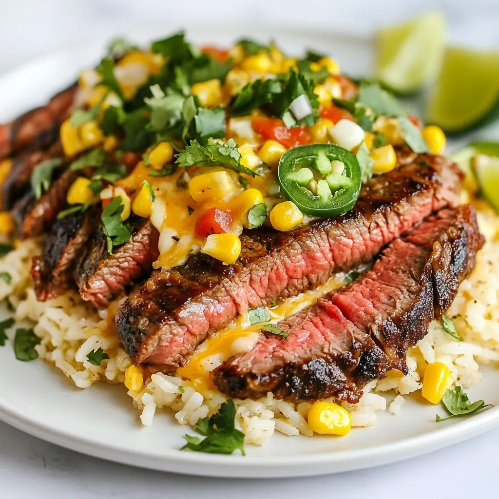 - 2 ribeye steaks (about 1 inch thick) - Salt and black pepper to taste - 2 tablespoons olive oil - 1 cup long-grain rice - 2 cups chicken broth - 1 cup queso cheese (or Mexican cheese blend) - 1/2 cup corn kernels (fresh or frozen) - 1/4 cup diced jalapeños (fresh or pickled) - 2 tablespoons chopped fresh cilantro - Lime wedges for serving The ribeye steaks are key. They are juicy and tender. Season them well with salt and black pepper. This adds great flavor. The olive oil helps to sear the steaks nicely. For the queso rice, use long-grain rice. It cooks well and gives a nice texture. Chicken broth adds flavor to the rice. Queso cheese makes it creamy and cheesy. Add corn for sweetness and jalapeños for heat. Garnishes like cilantro and lime add freshness. They make the dish pop visually and tastefully. Enjoy these ingredients while cooking. They make the meal special! {{ingredient_image_1}} Start by drying the ribeye steaks with paper towels. This helps the crust form better. Season both sides with salt and black pepper. Use enough to coat them well. Let the steaks rest for about 15-20 minutes. This allows the flavors to soak in. In a medium saucepan, pour in the chicken broth and bring it to a boil. Add the long-grain rice and corn kernels. Give it a quick stir. Then, lower the heat to a simmer. Cover the pot and let it cook for 15-18 minutes. The rice should be tender and the liquid absorbed. Once the rice is ready, take it off the heat. Stir in the queso cheese and diced jalapeños. Mix well until the cheese melts. Fluff the rice with a fork. Cover it again to keep it warm. While the rice cooks, heat the olive oil in a large skillet over medium-high heat. Wait until the oil shimmers. Carefully add the seasoned steaks to the pan. Sear them for 4-5 minutes on one side. Look for a nice brown crust to form. Flip the steaks over and cook for another 3-4 minutes for medium-rare. Adjust the time if you want it more well-done. Once done, remove the steaks from the skillet. Let them rest for about 5 minutes before slicing. To serve, divide the cheesy queso rice between two plates. Slice the rested steak and place it on top of the rice. This adds height and looks great. Garnish with chopped cilantro. Serve with lime wedges on the side for a fresh burst of flavor. To get a great sear on your steak, start with dry meat. Pat the ribeyes with paper towels. This removes moisture, helping to form a crust. Season both sides with salt and black pepper. Let the steaks rest at room temperature for 15-20 minutes. This allows the seasoning to soak in. Heat olive oil in a skillet over medium-high heat. When the oil shimmers, add your steaks. Sear for 4-5 minutes on one side. Flip them and cook for another 3-4 minutes for medium-rare. Always let the steak rest for 5 minutes after cooking. This helps the juices stay inside. For tasty queso rice, use chicken broth instead of water. It adds depth to the flavor. When the rice simmers, add corn kernels. They give a nice sweetness and texture. Once the rice is done, stir in the queso cheese. Mix well until the cheese melts. Add diced jalapeños for a little heat. Fresh cilantro adds a burst of flavor at the end. You can also try lime juice for extra zest. To serve, divide the queso rice on two plates. Slice the rested steak and place it on top. This creates a nice height. Use fresh cilantro as a garnish to add color. A lime wedge on the side gives a fresh look. For a fun twist, arrange the rice in a ring with the steak in the center. This makes the dish look fancy and inviting. Pro Tips Rest Your Steaks: Letting the steaks rest after cooking allows the juices to redistribute, resulting in a more tender and flavorful bite. Choose the Right Cheese: For a creamier texture, opt for a high-quality queso cheese or a Mexican cheese blend that melts easily. Adjust Spice Level: If you prefer a milder dish, reduce the amount of jalapeños or use milder varieties to suit your taste. Perfectly Cooked Rice: Avoid lifting the lid while the rice cooks to ensure it steams properly and results in fluffy grains. {{image_2}} You can use different cuts for this dish. Ribeye is rich and juicy, but other cuts work well too. Consider sirloin or flank steak for a leaner option. Filet mignon offers tenderness and a buttery taste. Each cut changes the flavor and texture, so choose what you like best. Queso cheese adds creaminess, but feel free to switch it up. Cheddar brings a sharp taste, while Monterey Jack melts beautifully. For a spicy kick, try pepper jack cheese. If you want a dairy-free option, nutritional yeast can give a cheesy flavor without the dairy. Boost the nutrition by adding veggies or proteins. Bell peppers and zucchini add color and crunch. You can stir in black beans for extra protein and fiber. For a heartier meal, grilled chicken or shrimp pairs well with the queso rice. Customize it to match your preferences! To store leftover steak, let it cool first. Wrap it tightly in plastic wrap or aluminum foil. Place it in an airtight container. Store it in the fridge for up to three days. If you want to keep it longer, freeze it. Frozen steak can last for up to three months. Just make sure to label it with the date. For queso rice, let it cool down too. Transfer the rice to an airtight container. It can stay in the fridge for four days. If you want to freeze it, use a freezer-safe container. Queso rice can be frozen for up to two months. When storing, remember to separate the rice into smaller portions for easier reheating. To reheat steak, use a skillet over low heat. Add a splash of broth or water to keep it moist. Heat until warm, about 5-7 minutes. For queso rice, microwave it in a bowl. Add a few drops of water to keep it from drying out. Heat for about 1-2 minutes, stirring halfway through. You can also reheat it on the stove, adding a little broth for moisture. Enjoy your meal again as if it were fresh! The best way to season steak is simple. Use salt and black pepper. Generously sprinkle it on both sides. Let the steak sit for 15-20 minutes. This helps the flavor soak in. I often use kosher salt. It gives a nice crunch and flavor. You can also add garlic powder or onion powder for extra taste. Yes, you can use brown rice instead of white rice. Brown rice is healthier and has more fiber. However, it takes longer to cook. You will need about 45-50 minutes instead of 15-18 minutes. Make sure to adjust the water or broth ratio as well. To know when the steak is done, use a meat thermometer. For medium-rare, aim for 130°F (54°C). For medium, look for 140°F (60°C). If you don’t have a thermometer, press the steak. A soft touch means it’s rare. A firmer feel means it’s more cooked. Let the steak rest for 5 minutes after cooking. Yes, you can meal prep this dish. Cook the steak and queso rice separately. Store them in airtight containers. They will last in the fridge for up to 3 days. Reheat the rice and steak in the microwave or skillet. This makes a quick lunch or dinner option. Good side dishes include a fresh salad or grilled veggies. You could serve corn on the cob or sautéed green beans. Guacamole or salsa also pairs well. These sides add color and flavor to your meal. You learned how to make a delicious dish with seared steak and queso rice. We covered the key ingredients, detailed steps, and helpful tips to ensure success. Remember, choosing the right steak and enhancing your queso rice makes a big difference. You can also get creative with variations and learn how to store leftovers properly. Enjoy trying this recipe and impressing friends with your cooking skills! Trust me, it’s a meal worth sharing.