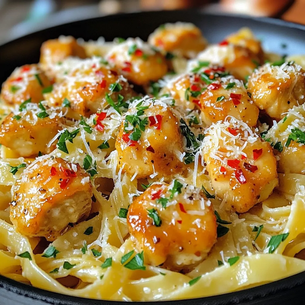 - 1 lb boneless, skinless chicken breasts - 8 oz pasta (fettuccine or penne) - 4 tablespoons unsalted butter - Minced garlic (4 cloves) - Italian seasoning (1 teaspoon) - Red pepper flakes (1/2 teaspoon, optional) - Salt and black pepper to taste - Parmesan cheese (1/4 cup, freshly grated) - Fresh parsley for garnish In this dish, each ingredient plays a key role. The chicken provides protein, while the pasta gives a hearty base. You can choose fettuccine for a wider bite or penne for a fun shape. Butter adds richness and flavor. Garlic, minced finely, gives a punch. It’s vital to use fresh garlic for the best taste. Italian seasoning brings warmth and depth, while red pepper flakes add a little kick. Adjust these to fit your taste. Salt and black pepper are essential for balancing flavors. Freshly grated Parmesan cheese adds creaminess and a savory touch. Lastly, parsley not only brightens the plate but also adds a fresh note. Gather these ingredients. They set the stage for a truly delightful meal! To start, boil water in a large pot. I add salt to the water for flavor. Once it boils, add 8 ounces of pasta. Cook according to the package instructions until the pasta is al dente. This usually takes about 8 to 10 minutes. After cooking, drain the pasta in a colander. Save about 1/2 cup of the pasta water for later. This water helps create a nice sauce. While the pasta cooks, season 1 pound of chicken bites. Use salt, black pepper, and 1 teaspoon of Italian seasoning. Mix it well to coat all the chicken. Heat a large skillet over medium-high heat and melt 2 tablespoons of butter. Once the butter is hot, add the seasoned chicken in a single layer. Cook for 5 to 7 minutes until the chicken is golden brown. Make sure to turn the chicken so it cooks evenly. Once done, remove the chicken from the skillet and set it aside. In the same skillet, reduce the heat to medium. Add the other 2 tablespoons of butter. Let it melt completely. Now, add 4 cloves of finely minced garlic. Sauté the garlic for 1 to 2 minutes. Watch closely so it doesn’t burn. Burnt garlic tastes bitter and ruins the sauce. Return the cooked chicken to the skillet. Add the drained pasta next. Gently toss everything together. To help make a creamy sauce, add a splash of the reserved pasta water. If you want a creamier consistency, slowly add more water until it feels just right. Stir in 1/4 cup of freshly grated Parmesan cheese. If you like heat, add 1/2 teaspoon of red pepper flakes. Mix until everything is coated and the cheese melts a bit. Taste your dish and adjust with more salt or black pepper if needed. For presentation, plate the garlic butter chicken bites with pasta. Garnish with chopped parsley for a fresh touch. You can sprinkle extra Parmesan on top for a nice look. Enjoy your meal! - To sauté chicken well, use medium-high heat. This helps the chicken cook evenly. - Cut the chicken into small pieces. This speeds up the cooking time and keeps it juicy. - Avoid crowding the pan. Cook the chicken in batches if needed. This ensures even browning. - For pasta, cook it al dente. Follow the package instructions closely for best results. - Save some pasta water before draining. This starchy water is great for your sauce. - Try adding fresh basil or oregano for a burst of flavor. These herbs pair well with garlic. - A touch of lemon zest brightens the dish. Just a little adds freshness. - For sides, serve with a crisp green salad. Garlic bread also compliments this meal nicely. - Roasted veggies, like zucchini or bell peppers, can round out your plate. - Plate the chicken and pasta in the center of the dish. Create a nice mound for height. - Sprinkle extra Parmesan cheese on top for a gourmet look. - Use fresh parsley as a garnish. It adds color and freshness to each plate. - Consider serving on a large platter for a family-style meal. It looks inviting and fun. {{image_4}} You can switch chicken for shrimp or tofu. Shrimp cooks fast and adds a nice flavor. Tofu is a great option for a vegetarian dish. Make sure to press and cube the tofu before cooking. You can use various cuts of chicken too. Thighs are juicier than breasts. They add more flavor to the dish. Fettuccine or penne works best for this recipe. However, you can try other types like rotini or spaghetti. For gluten-free options, use rice or quinoa pasta. They work well and still taste great. You can make a creamy garlic butter sauce. Just add heavy cream to the butter and garlic mix. It creates a rich texture that many love. You can also add vegetables for extra nutrition. Spinach or broccoli blends well with the pasta. They add color and health benefits to your meal. To keep your garlic butter chicken bites with pasta fresh, store leftovers right. Use an airtight container. This method helps prevent moisture loss. Place the container in the fridge. Your meal can last for 3-4 days this way. For longer storage, consider freezing your dish. Use a freezer-safe container or bag. Remove as much air as possible to avoid freezer burn. Frozen, your garlic butter chicken bites can last up to 2 months. Just remember to label your container with the date! When it’s time to enjoy leftovers, reheating is key. The best way is to use a skillet. Heat it on medium-low. Add a splash of water or broth to keep the dish moist. Stir frequently to ensure even heating. You can also use the microwave. Place the dish in a microwave-safe bowl. Cover it with a damp paper towel to retain moisture. Heat in short bursts, stirring in between. This method helps to avoid dryness. By following these steps, you can enjoy your garlic butter chicken bites with pasta just as much as the first time! It takes 10 minutes to prep and about 20 minutes to cook. In total, you need only 30 minutes to make this dish. The quick prep time lets you get right to the fun part—cooking! Yes, you can meal prep Garlic Butter Chicken Bites. Cook the chicken and pasta, then store them separately. Keep them in the fridge for up to two days. When you're ready to eat, reheat in a skillet. Add a little butter or water to keep it moist. You can use nutritional yeast for a cheesy flavor without dairy. Vegan parmesan is another great option. Both alternatives work well in this recipe, giving you a tasty dish without lactose. Absolutely! Replace the chicken with cubed tofu or tempeh. Sauté them just like the chicken. You can also add more veggies, like spinach or bell peppers. This makes it a hearty meal for vegetarians. This blog post covered how to make Garlic Butter Chicken Bites with Pasta. You learned about key ingredients, cooking steps, and tips to make it great. I provided ideas for variations and storage, too. Cooking should be fun and simple. With this dish, you can impress anyone. Enjoy trying out different flavors and making it your own. Keep experimenting and happy cooking!