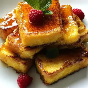 To make Crème Brûlée French Toast, gather these key ingredients: - 1 loaf of challah bread, sliced thick - 4 large eggs - 1 cup heavy cream - 1 cup whole milk - 1/2 cup granulated sugar - 1 tablespoon vanilla extract - 1 teaspoon ground cinnamon - Pinch of salt - 1/4 cup brown sugar (for topping) Optional garnishes and toppings include fresh berries and mint leaves. These add color and freshness to your dish. You can mix and match toppings based on your taste. The berries will give a sweet burst, while mint adds a nice touch of green. Enjoy these to make your breakfast even more delightful! {{ingredient_image_1}} First, let’s combine the custard mixture. In a large bowl, whisk together: - 4 large eggs - 1 cup heavy cream - 1 cup whole milk - 1/2 cup granulated sugar - 1 tablespoon vanilla extract - 1 teaspoon ground cinnamon - A pinch of salt Mix until everything is well blended. This custard will give your French toast its rich flavor. Next, soak the challah bread slices. Dip each slice in the egg mixture. Let it soak for about 30 seconds on each side. This step helps the bread absorb all the tasty flavors. Now, let’s prep the baking dish. Preheat your oven to 375°F (190°C). Grease a large baking dish with butter or non-stick spray. This keeps the French toast from sticking. Now, arrange the soaked bread in the dish. Place the slices slightly overlapping if needed. This helps them cook evenly. Pour any leftover egg mixture over the bread. Cover the dish with aluminum foil. Let it sit for about 15 minutes. This allows the bread to soak up more custard. After that, remove the foil and sprinkle 1/4 cup brown sugar evenly over the top. This creates that delicious, crunchy crust. Bake the dish in the preheated oven for 25 minutes. Keep an eye on it. After baking, turn on the broiler. Broil on high for 2-3 minutes. Watch carefully as the sugar caramelizes. It should turn a lovely golden brown. Finally, let it cool for a few minutes before serving. Cut it into squares for a nice presentation. Enjoy your Crème Brûlée French Toast warm! Soaking the bread well is key for great flavor. Dip each slice in the egg mixture for about 30 seconds on each side. This helps the challah soak up the custard. After dipping, let the slices sit for 15 minutes in the dish. This extra time allows the bread to absorb even more flavor. To ensure even absorption, make sure every slice is covered with the custard. If you have thick slices, you may need a little more time. Check how well the bread absorbs by pressing gently. If it feels soft, you're on the right path. To create that delightful sugar crust, sprinkle brown sugar evenly on top of the bread before broiling. This step is crucial for that crunchy finish. Use a good amount, but not too much, or it may burn. When broiling, watch carefully! The sugar can turn from golden to burnt very quickly. Stay close to the oven, and check every minute. A perfect crust is golden and crisp. After broiling, let it cool for a few minutes. This helps the crust set before you serve. Pro Tips Use Day-Old Bread: For the best texture, use day-old challah bread. It will absorb the custard mixture better without becoming soggy. Customize Your Spices: Feel free to add nutmeg or cardamom for a unique flavor twist that complements the cinnamon. Watch the Broiling: When broiling, keep a close eye on the bread to prevent the sugar from burning. It should caramelize to a golden brown. Serve Immediately: For the best experience, serve the Crème Brûlée French Toast warm right out of the oven, topped with fresh berries. {{image_2}} For a fun twist, you can swap the challah bread with other types of bread. Use brioche for a richer flavor, or even sourdough for a tangy bite. If you want a healthier option, try whole grain or gluten-free bread. Dairy-free adaptations are also easy. Substitute heavy cream and whole milk with almond milk or coconut milk. These alternatives will still create a creamy texture. Just make sure to choose unsweetened versions for the best taste. You can add spices or liqueurs to make this dish even more special. A dash of nutmeg or a splash of orange liqueur brings a new level of flavor. Try adding a teaspoon of almond extract for a unique twist. Seasonal fruit toppings make this dish shine. In spring and summer, fresh berries are perfect. In fall, consider caramelized apples or pears with cinnamon. These toppings not only taste great but also add color and fun to your plate. To keep your Crème Brûlée French Toast fresh, store it in the fridge. Place the leftover slices in an airtight container. This helps prevent dryness and keeps flavors intact. Make sure to eat the leftovers within three days for the best taste. If you want to save some for later, freezing is a good option. Wrap each slice tightly in plastic wrap, then place them in a freezer bag. This helps keep them fresh for up to three months. When you're ready to enjoy the leftovers, you have two options: microwave or oven. If you use the microwave, heat each slice on low power for about 30 seconds. Check if it’s warm enough, then heat a bit longer if needed. If you prefer the oven, preheat it to 350°F (175°C). Place the slices on a baking sheet and cover them with foil. Heat for about 10-15 minutes until warm. The oven method keeps the texture better. To maintain that wonderful crispy top, avoid microwaving for too long. You want the inside warm, but the top should stay crunchy. With these tips, your Crème Brûlée French Toast will taste almost as good as when it was fresh! How can I make it in advance? You can prepare this dish the night before. Make the custard and soak the bread. Cover the dish and place it in the fridge. In the morning, just bake and broil it. This saves time and makes breakfast easy. Can I use stale bread for this recipe? Yes, stale bread works great! It absorbs the custard better and gives a nice texture. Just make sure it is not too hard. Soaking it longer can help if it is very dry. What if I don’t have brown sugar? You can use granulated sugar instead. For a deeper flavor, mix in a bit of molasses. This will mimic the taste of brown sugar quite well. Best accompaniments and drinks Fresh berries add a pop of color and flavor. Serve with whipped cream for extra indulgence. Pair it with a hot cup of coffee or a sweet mimosa. These drinks and toppings enhance the meal. Ideas for a complete brunch menu You could serve this dish with crispy bacon or sausage. A fruit salad on the side would add freshness. Consider offering pastries or muffins for variety. This combo creates a delightful brunch experience. This blog post shared a clear guide to making Crème Brûlée French Toast. We covered the essential ingredients, step-by-step instructions, tips for the best results, and variations. You learned how to soak bread, achieve a perfect sugar crust, and store leftovers. As you create this dish, remember to have fun and experiment with flavors. Your culinary journey can lead to amazing brunch experiences. Enjoy every bite, and share your delicious results with friends!