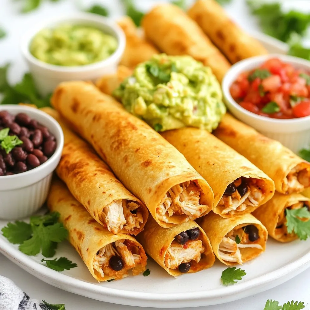 - 2 cups cooked shredded chicken - 1 cup queso fresco, crumbled - 1 cup black beans, drained and rinsed - 8-10 small corn tortillas - 1 teaspoon cumin - 1 teaspoon garlic powder - 1/2 teaspoon onion powder - 2 tablespoons fresh cilantro, chopped - Salt and pepper, to taste - Optional toppings: guacamole, salsa, sour cream Gather these ingredients to make your crispy chicken taquitos. The cooked shredded chicken is key. You can use rotisserie chicken for quick prep. The queso fresco adds creaminess and flavor. Black beans give a nice texture and extra protein. Small corn tortillas hold everything together and fry up nicely. For seasoning, cumin, garlic powder, and onion powder bring depth to your filling. Fresh cilantro adds brightness. Don't forget to season with salt and pepper to enhance all the tastes. Optional toppings like guacamole, salsa, and sour cream make your taquitos even more delightful. They add creaminess, zest, and freshness to each bite. Enjoy customizing your meal with these fun garnishes! {{ingredient_image_1}} To make the filling, start by mixing the cooked chicken, queso fresco, black beans, cumin, garlic powder, onion powder, and chopped cilantro in a large bowl. This blend creates a tasty and colorful mix. Next, season with salt and pepper to taste. Make sure everything is well combined for even flavor. Heat the corn tortillas in a dry skillet over medium heat. Warm each side for about 30 seconds. This step makes the tortillas soft and easy to roll. If they tear, they are not warm enough. Pliable tortillas make rolling the taquitos much easier. Now, take one tortilla and place about 2-3 tablespoons of the chicken mixture in the center. Roll it tightly, tucking in the sides as you go. This keeps the filling inside. Repeat this with all the tortillas. In a large frying pan, heat vegetable oil over medium-high heat. Once the oil is hot, carefully add the taquitos seam-side down. Fry them in batches to avoid overcrowding the pan. Cook each side for about 2-3 minutes, or until they turn golden brown and crispy. Remove them with a slotted spoon and place on a paper towel-lined plate to drain excess oil. Enjoy your crispy chicken taquitos hot! - Ensuring the right oil temperature: Heat the oil to around 350°F. Use a thermometer for best results. If the oil is too cool, the taquitos will soak up grease. If it’s too hot, they may burn before cooking through. - Avoiding overcrowding the pan: Fry in small batches. This keeps the oil hot and helps each taquito get crispy. If you add too many at once, they will steam instead of fry. - Additional seasoning options: Try adding chili powder or smoked paprika for more depth. A dash of lime juice can brighten up the flavors too. - Suggested ingredient swaps: For a twist, use shredded beef or pulled pork instead of chicken. You can also swap queso fresco for cheddar or pepper jack cheese. - Presentation ideas with garnishes: Arrange the taquitos on a large platter. Add small bowls of guacamole, salsa, and sour cream for dipping. Sprinkle chopped cilantro on top for a fresh look. - Best sides to serve with taquitos: Pair your taquitos with a simple salad, Mexican rice, or corn on the cob. These sides balance the dish and add color to your table. Pro Tips Use Fresh Ingredients: The flavor of your taquitos will greatly improve with fresh herbs and spices. Always opt for fresh cilantro and high-quality spices to elevate your dish. Fry at the Right Temperature: Ensure your oil is hot enough before frying to achieve that perfect crispiness. Use a thermometer to check that the oil is around 350°F (175°C). Don’t Overfill: When adding the filling to your tortillas, be careful not to overstuff them. This will make it easier to roll and prevent them from bursting while frying. Experiment with Fillings: Feel free to get creative with your fillings! Try adding diced jalapeños, corn, or different types of cheese for a unique twist on this classic recipe. {{image_2}} For a vegetarian twist, swap the chicken for a mix of veggies. Use 2 cups of sautéed bell peppers, onions, and zucchini. You can also add 1 cup of cooked quinoa for extra protein. Queso fresco remains a great choice. If you want a creamy texture, try adding mashed avocado or refried beans. This way, you keep the delicious flavor without meat. Want a kick? Add heat to your filling. You can mix in 1-2 chopped jalapeños or a teaspoon of chili powder. If you like it really spicy, try a few dashes of hot sauce. This adds a nice zing to your chicken mixture. Just remember to taste as you go. You can always add more heat, but you can’t take it out! You can bake or fry your taquitos. To bake, preheat your oven to 400°F. Place taquitos on a baking sheet and brush with oil. Bake for 15-20 minutes until they turn golden and crispy. For air frying, set your air fryer to 375°F. Cook in a single layer for about 10-12 minutes. This way, you can still enjoy crispy taquitos with less oil. To keep your crispy chicken taquitos fresh, store them properly. First, let them cool down to room temperature. Then, place them in an airtight container. This helps prevent them from getting soggy. You can store them in the fridge for up to three days. For longer storage, freezing is a great option. Wrap each taquito in plastic wrap or aluminum foil. Place them in a freezer bag or container. They can last in the freezer for up to three months. Just remember to label the container with the date. When it comes to reheating, you want to keep that crispiness. The oven is the best choice. Preheat your oven to 375°F (190°C). Place the taquitos on a baking sheet. Bake them for about 10-15 minutes, or until they are hot and crispy. Avoid using the microwave if you can. It can make the taquitos soft. If you must use it, heat them in short bursts of 30 seconds. Check them often to avoid sogginess. Enjoy your crispy chicken taquitos just like when they were fresh! Yes, you can use store-bought rotisserie chicken. It saves time and effort. The chicken is already cooked and tender. This makes it easy to shred and mix into your filling. Plus, it adds great flavor to your taquitos. Using rotisserie chicken is a smart shortcut for busy cooks. Leftover taquitos stay good in the fridge for about 3 to 4 days. Make sure to store them in an airtight container. If you freeze them, they can last up to 2 months. Just make sure to wrap them well to avoid freezer burn. Always check for any off smells or changes in texture before eating. Yes, you can make taquitos in advance. Prepare the filling and roll the taquitos ahead of time. Place them on a baking sheet lined with parchment paper. Cover and refrigerate for up to 24 hours. When ready, fry them straight from the fridge. This keeps them fresh and makes dinner a breeze! Crispy chicken taquitos bring deliciousness to your table. We covered ingredients, filling prep, and frying methods to create the perfect bite. Using simple spices and garnishes enhances flavor while tips help you achieve the right crispiness. Whether you're sticking to classic recipes or trying new variations, these taquitos are sure to impress. Remember to store and reheat them properly to keep their crunch. Enjoy making and sharing this tasty dish with family and friends.