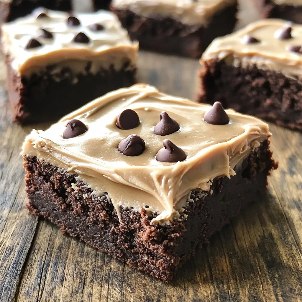 - 1 cup unsalted butter - 2 cups granulated sugar - 4 large eggs - 1 teaspoon vanilla extract - 1 cup all-purpose flour - 1 cup unsweetened cocoa powder - 1 teaspoon baking powder - 1/2 teaspoon salt - 1/4 cup brewed coffee - 1 cup semi-sweet chocolate chips To make these brownies, you need quality ingredients. Unsalted butter gives a rich taste. Granulated sugar adds sweetness and helps the brownies rise. Eggs provide structure and moisture. Vanilla extract brings out the flavors. Flour is the base for your batter. Cocoa powder gives that deep chocolate flavor. Baking powder helps the brownies rise, making them light. Salt balances the sweetness and enhances taste. Brewed coffee adds a lovely depth, making these brownies unique. Lastly, semi-sweet chocolate chips add melty bits of chocolate in every bite. - 1/2 cup unsalted butter - 2 cups powdered sugar - 1/4 cup brewed coffee - 2 tablespoons cocoa powder - 1/2 teaspoon vanilla extract For the frosting, start with unsalted butter for a creamy base. Powdered sugar sweetens and thickens the frosting. Brewed coffee adds flavor and ties in with the brownies. Cocoa powder intensifies the chocolate taste. Lastly, vanilla extract gives warmth and aroma to your frosting. Using fresh ingredients makes a big difference. Choose the best butter and chocolate for rich results. You’ll enjoy the flavor in every bite! - Preheat your oven to 350°F (175°C). Grease a 9x13-inch pan with butter or use parchment paper for easy removal. - In a medium saucepan, melt 1 cup of unsalted butter over low heat. Stir it often so it doesn't burn. - Once melted, take the pan off the heat. Stir in 2 cups of granulated sugar until it looks glossy and well mixed. - Add 4 large eggs one by one. Mix well after each egg. Then, add 1 teaspoon of vanilla extract for flavor. - In a separate bowl, sift together 1 cup of all-purpose flour, 1 cup of cocoa powder, 1 teaspoon of baking powder, and 1/2 teaspoon of salt. This helps avoid lumps. - Gradually add the dry mix to the wet mixture. Alternate with 1/4 cup of cooled brewed coffee. Stir gently until just combined. Don't overmix or your brownies may turn out tough. - Gently fold in 1 cup of semi-sweet chocolate chips. This adds a rich, melty texture. - Pour the brownie batter into your prepared pan. Use a spatula to spread it evenly. - Bake for 25 to 30 minutes. A toothpick inserted in the center should come out with some moist crumbs. - Let the brownies cool completely in the pan on a wire rack before adding the frosting. - In a medium bowl, beat 1/2 cup of softened butter until it is creamy. This creates a nice base for your frosting. - Gradually add 2 cups of sifted powdered sugar. Then mix in 1/4 cup of cooled brewed coffee, 2 tablespoons of cocoa powder, and 1/2 teaspoon of vanilla extract. Beat it until smooth and fluffy. - Spread the frosting evenly over the cooled brownies. Use a spatula for a neat finish. - Once frosted, slice the brownies into squares and enjoy! - How to avoid overmixing Mix the batter just until combined. Overmixing makes brownies tough. Stir gently to keep them soft. - Testing for doneness Insert a toothpick into the center. It should have a few moist crumbs, not wet batter. This means they are ready. - Ensuring even baking Position your baking pan in the center of the oven. This helps the brownies bake evenly. Rotate the pan halfway through for best results. - Tips for a smooth frosting application Use a spatula to spread the frosting. Start from the center and push outward. This gives a neat finish. Let the brownies cool completely before frosting. - Garnishing suggestions Add chocolate shavings or a sprinkle of cocoa powder on top. It makes the brownies look fancy and inviting. You can also try crushed nuts for extra crunch. {{image_4}} You can easily change up the flavors in these brownies. Here are some fun ideas: - Adding nuts or other mix-ins: Chopped nuts like walnuts or pecans add crunch and flavor. You can also try adding mini marshmallows or toffee bits for a twist. - Swapping chocolate chips for white or milk chocolate: If you love white chocolate, use it instead of semi-sweet. Milk chocolate gives a sweeter taste. Both choices make the brownies rich and delicious. If you have dietary needs, don’t worry! You can still enjoy these brownies. Here are some easy swaps: - Gluten-free options: Replace all-purpose flour with a gluten-free blend. Just make sure it has a good binding agent, like xanthan gum, for the best texture. - Vegan alternatives: For a vegan version, use a plant-based butter and replace the eggs with flax eggs. Mix one tablespoon of ground flaxseed with three tablespoons of water for each egg. This keeps the brownies moist and tasty. To keep your frosted coffee brownies fresh, store them in an airtight container. This method locks in moisture and flavor. You can keep them on the countertop for up to three days. For longer storage, place them in the refrigerator. The cold helps to preserve the brownies longer but may change the texture slightly. To freeze brownies, first, let them cool completely. Once cooled, cut them into squares. Wrap each piece tightly in plastic wrap. Then, place the wrapped brownies in a freezer bag. This keeps out air and prevents freezer burn. You can freeze them for up to three months. When you’re ready to enjoy a brownie, remove it from the freezer. Thaw it in the fridge overnight or let it sit at room temperature for a few hours. If you want a warm treat, pop it in the microwave for a few seconds. Enjoy your delicious coffee brownies any time! Can I use a different type of coffee? Yes, you can use any coffee you like. Stronger coffee gives better flavor. Try different roasts to find your favorite. What should I do if my brownies are too dry? If your brownies are dry, they may have baked too long. Check them next time at 25 minutes. You can also add a little melted butter to the batter before baking to keep them moist. How long will frosted brownies last? Frosted brownies will last about 3 to 5 days at room temperature. Keep them in an airtight container to stay fresh. Can I make the brownies ahead of time? Yes, you can bake them a day or two ahead. Just wait to frost them until right before serving for the best taste. What other toppings can I use for these brownies? You can use nuts, sprinkles, or chocolate shavings. A scoop of ice cream on top makes a great treat, too! You learned how to make delicious frosted coffee brownies in this post. We covered key ingredients, step-by-step instructions, and tips for perfecting your treat. With options for flavors and dietary needs, you can enjoy brownies your way. Store them right to keep them fresh, and use the FAQs for extra help. Now, grab your ingredients and bake up something special! Enjoy your sweet creation and share it with friends. Happy baking!