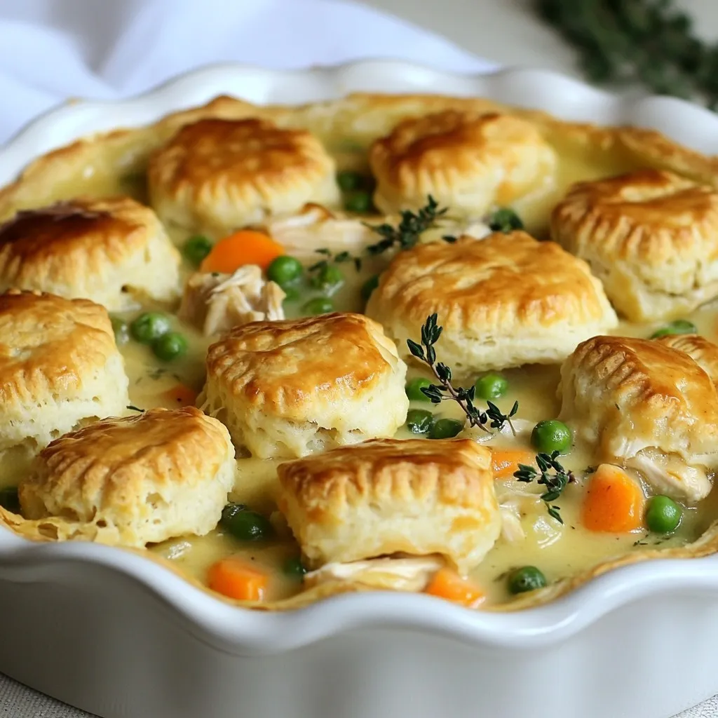 To make a perfect Biscuit-Top Chicken Pot Pie, gather these key ingredients: - 2 cups cooked chicken, shredded - 1 cup carrots, diced - 1 cup frozen peas - 1 cup celery, diced - 1 medium onion, chopped - 3 tablespoons butter - 3 tablespoons all-purpose flour - 2 cups chicken broth - 1 cup whole milk - 1 teaspoon garlic powder - 1 teaspoon dried thyme - Salt and pepper to taste - 1 can refrigerated biscuit dough For those who want to boost the taste, consider adding: - 1 teaspoon onion powder for added depth - Fresh herbs like parsley or rosemary for brightness - A splash of white wine for richness - Mushrooms, sliced, for earthy flavors If you need substitutes, here are some great options: - Use rotisserie chicken instead of cooking your chicken. - Swap frozen peas for fresh peas or corn for a sweet touch. - Instead of whole milk, you can use low-fat milk or plant-based milk. - For a gluten-free option, use gluten-free flour and biscuits. This list ensures you have all you need for a comforting family dinner. With these ingredients, your Biscuit-Top Chicken Pot Pie will be a hit at the dinner table. {{ingredient_image_2}} Start by preheating your oven to 425°F (220°C). A hot oven helps the biscuits rise and brown nicely. In a large skillet, melt 3 tablespoons of butter over medium heat. Add 1 chopped onion, 1 cup of diced carrots, and 1 cup of diced celery. Cook these veggies for about 5-7 minutes until they soften and smell great. Sprinkle 3 tablespoons of all-purpose flour over the sautéed vegetables. Stir well to mix. Cook this for another minute. This roux gives the filling a rich flavor and helps it thicken. Gradually pour in 2 cups of chicken broth and 1 cup of whole milk. Whisk continuously to avoid lumps. Keep stirring for about 3-5 minutes until the mixture thickens to a creamy texture. Remove the skillet from heat. Stir in 2 cups of shredded cooked chicken, 1 cup of frozen peas, 1 teaspoon of garlic powder, 1 teaspoon of dried thyme, salt, and pepper to taste. Mix everything well to combine all the flavors. Pour the delicious chicken and veggie mixture into a 9-inch pie dish. Spread it out evenly so every bite is tasty. Open a can of refrigerated biscuit dough. Carefully separate the biscuits and lay them on top of the chicken filling. Overlap them slightly for a nice rustic look. Place your dish in the preheated oven. Bake for 20-25 minutes. Look for golden brown biscuits that are cooked through. After baking, let the pot pie cool for a few minutes. This helps the filling set. Now, it's ready to serve! For the best biscuit topping, use cold ingredients. Cold butter helps make them fluffy. When you place the biscuits on the filling, leave some space between them. This lets steam escape and keeps them crisp. Brush the tops with melted butter before baking. This adds color and flavor. To prevent a watery filling, make a good roux. It thickens the sauce nicely. Cook the flour long enough to remove the raw taste. Also, use cooked chicken and frozen peas. These ingredients release less moisture. Drain any excess liquid from your chicken if needed. This keeps your filling thick and creamy. This recipe is perfect for busy nights. You can use leftover chicken or store-bought rotisserie chicken. It saves time and effort. Prep your veggies ahead of time. Chop the onions, celery, and carrots the night before. This makes cooking faster. Lastly, don't forget the biscuit can! It cuts down on cooking time and makes this dish a breeze. Pro Tips Use Leftover Rotisserie Chicken: For a quicker option, use store-bought rotisserie chicken to save time on cooking and shredding. Customize Your Veggies: Feel free to add other vegetables like corn or green beans for extra flavor and nutrition. Make it Creamier: For a richer filling, substitute half of the milk with heavy cream for a more decadent texture. Check Biscuit Doneness: Baking times may vary; ensure biscuits are fully cooked by checking the center before serving. {{image_4}} You can make a tasty vegetarian version of this pot pie. Simply swap the chicken for hearty veggies. Use ingredients like mushrooms, zucchini, and bell peppers. You can add more frozen peas and carrots too. For the broth, use vegetable broth instead of chicken broth. This keeps the dish rich and flavorful without meat. If you need a gluten-free version, it’s easy to adapt. First, use gluten-free all-purpose flour to create the roux. Make sure your biscuit dough is also gluten-free. Many brands offer great options now. For the broth, check that it’s gluten-free as well. This way, everyone can enjoy the meal without worry. Want to spice things up? Consider adding fresh herbs like rosemary or parsley. They add a burst of flavor. A dash of hot sauce can also give your pot pie a nice kick. If you love cheese, sprinkle some shredded cheddar on top of the biscuits before baking. This adds a rich, gooey layer that makes each bite special. To store leftover biscuit-top chicken pot pie, wait for it to cool first. Then, cover the dish tightly with plastic wrap or aluminum foil. You can also transfer the leftovers to an airtight container. This helps keep the flavors fresh. Leftovers can last in the fridge for up to three days. When you're ready to enjoy your leftovers, preheat your oven to 350°F (175°C). Place the pot pie in a baking dish. Cover it with foil to prevent the biscuits from burning. Heat for about 20-25 minutes, or until it’s warm throughout. You can also microwave individual portions. Just heat for 1-2 minutes, checking to make sure it’s hot. If you want to freeze the pot pie, it’s best to do this before baking. Assemble the pie, then cover it tightly with plastic wrap and foil. Label it with the date and freeze. It can last up to three months in the freezer. When you’re ready to bake it, remove the plastic wrap and foil. Bake it from frozen at 425°F (220°C) for about 30-35 minutes, or until the biscuits are golden brown. Yes, you can use rotisserie chicken. It saves time and adds great flavor. Just shred the chicken into bite-sized pieces. You can replace the cooked chicken with about two cups of rotisserie chicken. It works well in the filling. If you don't have biscuits, you can use pie crust or puff pastry. Both options create a nice topping. You can also make homemade biscuits if you prefer. Just roll out your dough and cut it into rounds before placing it on top. You can store the pot pie in the fridge for up to three days. Make sure it cools completely before covering it. Use an airtight container or plastic wrap to keep it fresh. Reheat it in the oven for the best results. Yes, you can prepare the filling ahead of time. Cook the filling and let it cool. Store it in the fridge for up to two days. When you're ready to bake, just top it with biscuits and bake as directed. To wrap up, we covered key ingredients and steps to create a tasty pot pie. You learned tips for a perfect biscuit topping and how to avoid a watery filling. Variations allow for fun twists, and we shared smart storage options too. Making this dish can be quick and rewarding. Now, armed with this knowledge, dive in and make your own delicious pot pie today!