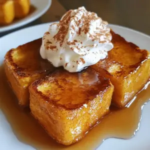 - 4 slices of thick bread (brioche or challah works best) - 2 large eggs - &frac12; cup milk (dairy or non-dairy) - &frac14; cup canned pumpkin puree - 1 teaspoon vanilla extract - 1 teaspoon pumpkin pie spice - 1 tablespoon brown sugar - 1 tablespoon butter (for cooking) - Maple syrup (for serving) - Whipped cream (optional, for topping) - Ground cinnamon (for garnish) If you don't have certain items, you can swap them out easily. For the bread, use any thick bread you like. White bread or whole wheat bread works well too. If you want a dairy-free option, use almond or oat milk instead of regular milk. Instead of pumpkin puree, you can use mashed banana for a different flavor. You can also leave out the brown sugar if you prefer a less sweet dish. Choosing the right bread makes a big difference. Look for thick and sturdy bread. Brioche and challah are my favorites because they soak up the pumpkin mix well. They also get a nice crisp outside when cooked. If you want a healthier option, try whole grain bread. Just make sure it&rsquo;s thick enough to hold the mixture without falling apart. Always check for freshness; day-old bread works great for this recipe. {{ingredient_image_1}} Start by gathering your ingredients. You'll need thick bread, eggs, milk, pumpkin puree, vanilla extract, pumpkin pie spice, brown sugar, and butter. 1. In a mixing bowl, whisk together 2 large eggs, &frac12; cup milk, &frac14; cup pumpkin puree, 1 teaspoon vanilla extract, 1 teaspoon pumpkin pie spice, and 1 tablespoon brown sugar. Mix until smooth. 2. Preheat a non-stick skillet or griddle over medium heat. Add 1 tablespoon butter to the skillet. Let it melt and coat the pan. 3. Dip each slice of bread into the pumpkin mixture. Make sure both sides get coated. Let any extra drip off before placing the bread on the skillet. 4. Cook the bread for about 3-4 minutes on each side. You want it golden brown and slightly crisp. If it cooks too fast, lower the heat to avoid burning. 5. When done, remove the slices from the skillet. Keep them warm in a low oven while you cook the rest. To make the pumpkin mixture, start with the eggs. Crack 2 large eggs into a bowl. Add &frac12; cup of milk and &frac14; cup of pumpkin puree. Then, include 1 teaspoon of vanilla extract and 1 tablespoon of brown sugar. Finally, add 1 teaspoon of pumpkin pie spice. Whisk all these together until smooth. This mixture adds flavor and richness to your French toast. For the best results, use thick slices of bread, like brioche or challah. Make sure your skillet is hot. If it is too cool, the bread will not brown well. Don't rush the cooking time. The perfect French toast has a golden crust. If you notice it browning too quickly, turn down the heat. Always keep an eye on the cooking bread and flip it gently. Enjoy it warm, topped with maple syrup and a sprinkle of ground cinnamon! To make the best pumpkin spice French toast, start with thick bread. Brioche or challah works great. The bread needs to soak up the pumpkin mixture well. Avoid thin slices, as they can get too soggy. Whisk the egg and pumpkin mixture until it is smooth. This helps all the flavors blend. Heat your skillet to medium. A non-stick skillet is best for easy flipping. Add butter to the pan. Let it melt and coat the bottom well. To avoid soggy bread, do not soak the slices too long. Dip each piece just long enough to coat it. Let any extra mixture drip off before cooking. This helps keep the bread from getting too wet. Cook each slice for about 3-4 minutes on each side. Look for a golden brown color. If you see any burning, lower the heat. This way, the inside cooks well without burning the outside. You can top your French toast with many tasty things. Maple syrup adds sweetness and flavor. Whipped cream can make it feel special. For an extra kick, sprinkle ground cinnamon on top. You can also try fresh fruit, like sliced bananas or berries. Nuts such as pecans or walnuts add crunch. Get creative and mix flavors you love! Pro Tips Choose the Right Bread: Thick slices of brioche or challah will absorb the pumpkin mixture better than regular bread, providing a richer flavor and texture. Keep it Warm: After cooking each slice, place them in a low oven (about 200&deg;F) to keep them warm while you finish cooking the rest. Customize Your Spices: Feel free to adjust the amount of pumpkin pie spice or add a pinch of nutmeg for a more personalized flavor profile. Serving Suggestions: Pair your French toast with caramelized apples or a sprinkle of pecans for added texture and flavor. {{image_2}} You can make a healthier version of pumpkin spice French toast. Use whole-grain bread for more fiber. You can also swap out the brown sugar for honey or maple syrup. This keeps the flavor while adding nutrients. Use unsweetened almond milk or oat milk instead of regular milk. This reduces calories and adds a nutty taste. For a vegan option, replace the eggs with a flaxseed mixture. Mix 1 tablespoon of flaxseed meal with 2.5 tablespoons of water. Let it sit for five minutes. This mixture acts as a binder. Use plant-based milk and skip the butter. Instead, use coconut oil or a non-dairy butter. Your French toast will still taste great and be vegan-friendly! You can change up the spices in your French toast. Instead of pumpkin pie spice, try nutmeg or allspice. They add a different warmth and depth. For a fun twist, add a pinch of ginger or cardamom. You can also mix in chocolate chips or nuts for extra texture. Adding vanilla bean powder can give a rich flavor boost too. Feel free to get creative! To store leftover pumpkin spice French toast, first let it cool. Place the toast in an airtight container. You can keep it in the fridge for up to three days. This keeps the flavor fresh and tasty. If you want to keep it longer, freezing is a good option. When you&rsquo;re ready to enjoy your pumpkin spice French toast again, you can reheat it easily. The best way is to use a toaster or an oven. For the toaster, set it on medium. For the oven, preheat it to 350&deg;F (175&deg;C). Heat for about 10 minutes until warm. This keeps it crispy and delicious. Avoid a microwave if you can. It tends to make the bread soggy. Freezing pumpkin spice French toast is simple. After cooking, let the slices cool completely. Place parchment paper between each slice. This helps keep them from sticking together. Wrap them in plastic wrap and then foil. Freeze for up to two months. When you want to eat them, just thaw and reheat as mentioned above. Enjoy a warm, tasty fall breakfast any time! Yes, you can make Pumpkin Spice French Toast without eggs. You can use a mix of ground flaxseed and water. Mix one tablespoon of ground flaxseed with two and a half tablespoons of water. Let this sit for five minutes until it thickens. This mixture acts like an egg. You can also use silken tofu blended until smooth. It adds creaminess without the egg. To make Pumpkin Spice French Toast gluten-free, choose gluten-free bread. Many stores sell tasty gluten-free options. Check the label to ensure it is free from gluten. Follow the same recipe steps using your gluten-free bread. It will still taste great with the pumpkin spice mix. You can replace milk with several options. Almond milk, soy milk, or oat milk work well. Coconut milk adds a fun flavor too. Each option gives a different taste but keeps the recipe creamy. Make sure to choose unsweetened versions for the best results. This blog post covered all you need to make delicious pumpkin spice French toast. We discussed the best ingredients, helpful tips for cooking, and creative variations. I shared how to store and reheat your leftovers, too. Remember, cooking is about experimenting and having fun. Don&rsquo;t be afraid to try new flavors and swaps. Enjoy your delicious creation and share it with friends! Happy cooking!