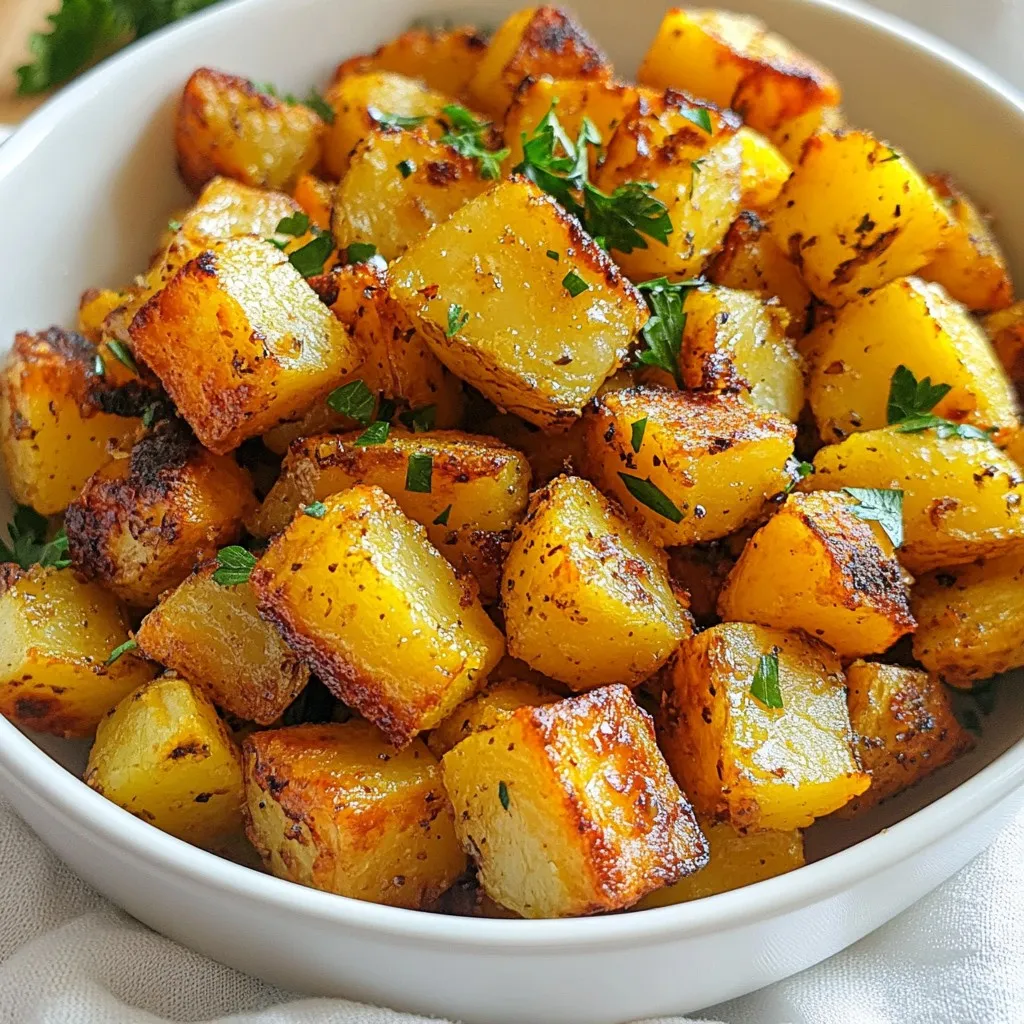 - 4 medium russet potatoes - 1 tablespoon olive oil - 1 teaspoon garlic powder - 1 teaspoon onion powder - 1 teaspoon smoked paprika - ½ teaspoon salt - ½ teaspoon black pepper - 2 tablespoons fresh parsley, chopped (for garnish) - Optional: 1 teaspoon cayenne pepper Crispy breakfast potatoes start with simple and fresh ingredients. I choose russet potatoes for their starchiness, which helps achieve that perfect crunch. You need a good olive oil to coat the potatoes, allowing the seasonings to stick. The spices play a key role in flavor. Garlic powder gives a nice depth, while onion powder adds sweetness. Smoked paprika brings warmth and a hint of smokiness. Salt and black pepper enhance all these flavors. If you like heat, cayenne pepper is an excellent choice. Fresh parsley adds a pop of color and freshness to the dish. It’s the little details that make your breakfast potatoes shine. Make sure to have all these ingredients ready before you start cooking. You'll love the way they come together! {{ingredient_image_1}} Start by cutting four medium russet potatoes into ½-inch cubes. Make sure each piece is roughly the same size for even cooking. Next, rinse the potato cubes in cold water. This step is key! Rinsing removes excess starch from the potatoes. Less starch means crispier potatoes. After rinsing, drain the cubes well to avoid sogginess. In a large mixing bowl, combine the potato cubes with one tablespoon of olive oil. Then, add a teaspoon each of garlic powder, onion powder, and smoked paprika. Toss in ½ teaspoon of salt and black pepper too. If you like a bit of heat, add one teaspoon of cayenne pepper. Mix well until every potato cube is evenly coated in the seasoning. This ensures a burst of flavor in every bite. Preheat your oven to 425°F (220°C). While it heats, line a large baking sheet with parchment paper. This will make cleanup a breeze! Spread the seasoned potato cubes evenly on the sheet. It's important to arrange them in a single layer. This helps them cook evenly. Bake the potatoes for about 25 to 30 minutes. Halfway through, take them out and flip the potatoes with a spatula. This gives you that perfect crispiness on all sides. To get the best crispiness, rinse your potato cubes in cold water. This step removes excess starch, which can make them gummy. After rinsing, make sure to dry them well. Any moisture will prevent that perfect crunch. When placing the potatoes on the baking sheet, space them out. Give them room to breathe so they cook evenly. If they touch, they will steam instead of crisp. Experiment with different herbs to boost flavor. Rosemary and thyme pair well with potatoes. You can also try spice blends like Italian seasoning or Cajun mix for a twist. Customize the taste to match your mood! Feel free to add more spices for a kick. A dash of cayenne pepper gives heat. Adjust the amount to suit your taste. Serve your crispy breakfast potatoes in colorful bowls. Bright dishes make the meal more fun. You can also use a rustic wooden platter for a cozy vibe. Garnish with fresh parsley before serving. This adds color and a touch of freshness. A well-presented dish makes breakfast feel special! Pro Tips Cut Evenly: Make sure to cut your potatoes into uniform ½-inch cubes for even cooking and consistent crispiness. Soak for Crispiness: Soaking the potato cubes in cold water for about 30 minutes before baking can help remove excess starch and yield a crispier texture. Use Parchment Paper: Lining your baking sheet with parchment paper not only makes cleanup easier but also helps to prevent the potatoes from sticking. Flip for Even Cooking: Don't forget to flip the potatoes halfway through baking to ensure they brown evenly on all sides. {{image_2}} You can make crispy potatoes taste even better with herbs. Fresh or dried herbs add flavor. Try mixing rosemary, thyme, or oregano with your potatoes. These herbs work well with garlic and onion powder. For a twist, use a mix of parsley and dill for a fresh taste. Want to spice things up? Add heat with cayenne pepper or red pepper flakes. You can choose how spicy you want. A little heat pairs well with smoked paprika. You might also add chili powder for more flavor. Black pepper can add a kick too. Cheese makes everything better! Add cheese in the last few minutes of baking. Cheddar, mozzarella, or Parmesan are great choices. The cheese will melt and become gooey. It adds a rich taste to the crispy potatoes. You can also sprinkle cheese on after baking for a different texture. Store your leftover crispy breakfast potatoes in an airtight container. This keeps them fresh and tasty. I recommend using glass or BPA-free plastic containers. They help prevent moisture loss and keep the potatoes crisp. Make sure to cool the potatoes completely before sealing the container. This avoids steam buildup, which can make them soggy. To reheat your potatoes without losing that delicious crispiness, use the oven. Preheat it to 400°F (200°C). Spread the potatoes on a baking sheet in a single layer. Bake for about 10-15 minutes. Flip them halfway through to ensure even heating. You can also use an air fryer. Set it to 350°F (175°C) for about 5-8 minutes. You can freeze uncooked and cooked potatoes, but the methods differ. For uncooked potatoes, cut and rinse them, then blanch in boiling water for 3 minutes. Cool in ice water, drain, and pack in freezer bags. For cooked potatoes, let them cool completely before placing them in freezer-safe bags. Remove as much air as possible before sealing. To thaw, place the frozen cooked potatoes in the fridge overnight. Reheat in the oven or air fryer for best results. Avoid thawing in the microwave as it can make them soggy. Bake your crispy breakfast potatoes for about 25 to 30 minutes. Preheat your oven to 425°F (220°C) before you start. This high temperature helps them get nice and crispy. Halfway through baking, flip the potatoes with a spatula. This ensures they cook evenly and become golden brown. Yes, you can use other types of potatoes. However, I recommend russet potatoes for the best results. They have a high starch content, which makes them light and fluffy inside. Other potatoes, like red or Yukon Gold, can work too, but they may not get as crispy. Crispy breakfast potatoes pair well with many dishes. I love serving them with scrambled eggs or a fried egg on top. You can also enjoy them with bacon or sausage for a hearty meal. Add some fresh fruit or a salad on the side for balance. You've learned how to make delicious crispy breakfast potatoes. Start with russet potatoes and simple spices. Follow the steps to prepare, season, and bake them for the best results. Remember the tips for crispiness and try the fun variations. In the end, these potatoes are more than just a side dish. They can elevate any meal and spark creativity in your kitchen. Enjoy your cooking and have fun with flavors!