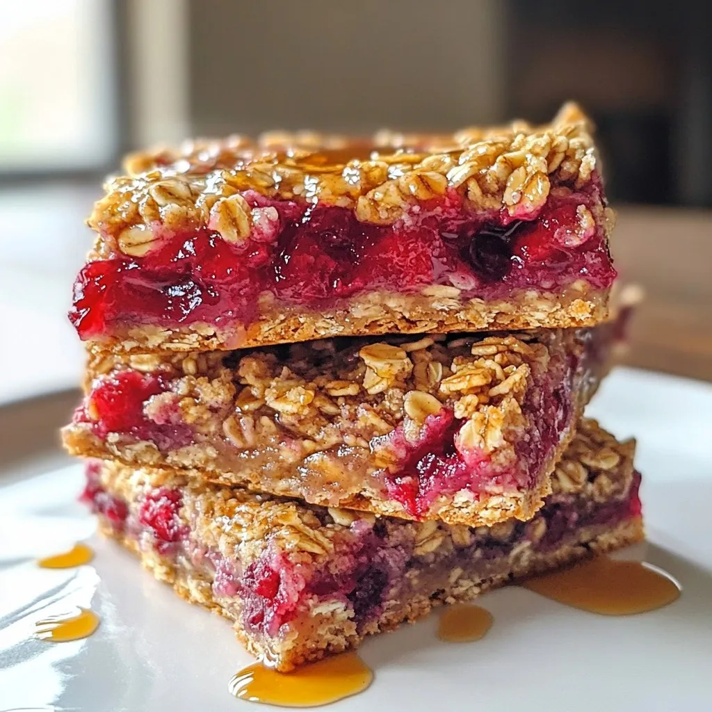 - 2 cups rolled oats - 1 cup almond milk (or any plant-based milk) - 1/2 cup almond butter (or any nut/seed butter) - 1/4 cup maple syrup - 1 cup mixed berries (fresh or frozen; blueberries, strawberries, raspberries) - 1/2 teaspoon vanilla extract - 1 teaspoon baking powder - 1/2 teaspoon cinnamon - Pinch of salt - Optional: 1/4 cup vegan chocolate chips or chopped nuts Gather these ingredients to make your vegan berry oatmeal bars. Rolled oats form the base, giving the bars great texture and energy. Almond milk keeps them moist and creamy, while almond butter adds healthy fats. Maple syrup sweetens the mix, and mixed berries bring vibrant flavor and nutrients. You can use fresh or frozen berries, depending on what's in season or what you have on hand. I often use blueberries and strawberries for their sweetness. A touch of vanilla extract enhances the taste, while baking powder makes the bars rise just right. Cinnamon adds warmth, and a pinch of salt balances the sweetness. For a fun twist, you can add vegan chocolate chips or chopped nuts. They give extra crunch and flavor, making these bars even more enjoyable. These simple ingredients come together to create a delicious, energizing snack. Enjoy making these vegan berry oatmeal bars! {{ingredient_image_1}} - Preheat oven to 350°F (175°C). - Line a baking dish with parchment paper. - Combine 2 cups rolled oats, 1 teaspoon baking powder, 1/2 teaspoon cinnamon, and a pinch of salt in a large bowl. Stir until mixed well. - In a separate bowl, whisk together 1 cup almond milk, 1/2 cup almond butter, 1/4 cup maple syrup, and 1/2 teaspoon vanilla extract. Mix until smooth. - Pour the wet mix into the dry mix. Stir gently until just combined. - Fold in 1 cup of mixed berries and optional 1/4 cup vegan chocolate chips or chopped nuts for extra texture. - Pour the mixture into the prepared baking dish. - Use a spatula to press it down evenly. - Bake for 25-30 minutes, until the edges turn golden brown. - Cool the dish in the pan for about 10 minutes. - Lift the bars out using the parchment paper and move them to a wire rack. - After cooling completely, cut into squares or bars. Enjoy these tasty snacks! Measuring ingredients correctly is key to great bars. Use a kitchen scale for the best results. If your mixture seems too dry, add a splash more almond milk. For a wetter mix, add a few extra oats. To boost flavor, try adding spices like nutmeg or ginger. You can also add a dash of lemon zest for brightness. Fresh berries taste amazing, but frozen ones work too. Just make sure to drain any excess liquid from frozen berries. These bars are great on their own, but you can make them even better. Try pairing them with a spoonful of yogurt or a drizzle of nut butter. They work well as a quick breakfast or a tasty snack anytime. Pro Tips Use Ripe Berries: The flavor of your bars will be enhanced by using ripe and in-season berries. They add natural sweetness and vibrant color. Experiment with Nut Butters: While almond butter is delicious, feel free to substitute with peanut butter, cashew butter, or sunflower seed butter for different flavor profiles. Customize Your Sweetness: Adjust the amount of maple syrup based on your taste preference or substitute with agave syrup or date syrup for a different sweetness level. Storage Tips: For optimal freshness, store the bars in an airtight container in the fridge and consider freezing them for longer shelf life. {{image_2}} If you want a nut-free snack, you can easily swap almond butter for sunflower seed butter. Sunflower seed butter has a creamy texture and a mild taste. It works well in the recipe and keeps it nut-free. This change makes it safe for schools or nut allergies. You can mix it up by using different berries or fruits. Try strawberries, blueberries, or even raspberries. If you want a twist, add chopped bananas or peaches. Each fruit adds its own flavor and sweetness. Feel free to experiment with your favorites! To make these bars gluten-free, use certified gluten-free oats. Regular oats may contain gluten due to cross-contamination. Always check labels. This small change allows everyone to enjoy these tasty bars without worry. To keep your vegan berry oatmeal bars fresh, store them in an airtight container. This prevents air and moisture from getting in. You can put the bars in the fridge for a cool snack. For longer storage, freeze them. Use a freezer-safe bag or container to avoid freezer burn. These bars last up to 5 days in the fridge. If you freeze them, they can last for up to 3 months. Just make sure to label the container with the date. This way, you won’t forget about them! To enjoy the bars warm, place them in the microwave for about 15-20 seconds. You can also reheat them in an oven at 350°F for about 5-10 minutes. This warms them up nicely without drying them out. Enjoy them fresh or slightly warm for a tasty treat! Yes, you can use regular milk, but it changes the taste. Almond milk gives a nutty flavor. Other plant-based options like soy or oat milk work well too. Each milk adds a unique twist. If you prefer dairy, feel free to swap it. Just know that the bars may taste different. You can tell the bars are done when the edges turn golden brown. Insert a toothpick in the center. If it comes out clean, they are ready. The bars should feel firm to the touch. They may still seem soft, but they will firm up as they cool. Yes, you can freeze these bars for later. Let them cool completely first. Cut them into squares, then wrap each piece in plastic wrap. Place them in a freezer bag or container. They can last for up to three months. When ready to eat, thaw them in the fridge or at room temperature. Yes, these bars are healthy and full of nutrients. Rolled oats provide fiber, which is good for digestion. Mixed berries are rich in vitamins and antioxidants. Almond butter adds healthy fats and protein. Maple syrup gives natural sweetness without refined sugar. Overall, they make a great, balanced snack. This blog post shared a simple recipe for vegan berry oatmeal bars. We covered key ingredients, step-by-step instructions, and helpful tips. You learned how to customize flavors and variations, ensuring something for everyone. These bars are perfect for breakfast or a snack. They are easy to make, healthy, and delicious. Try this recipe for a tasty treat you’ll love every time. Enjoy your baking!