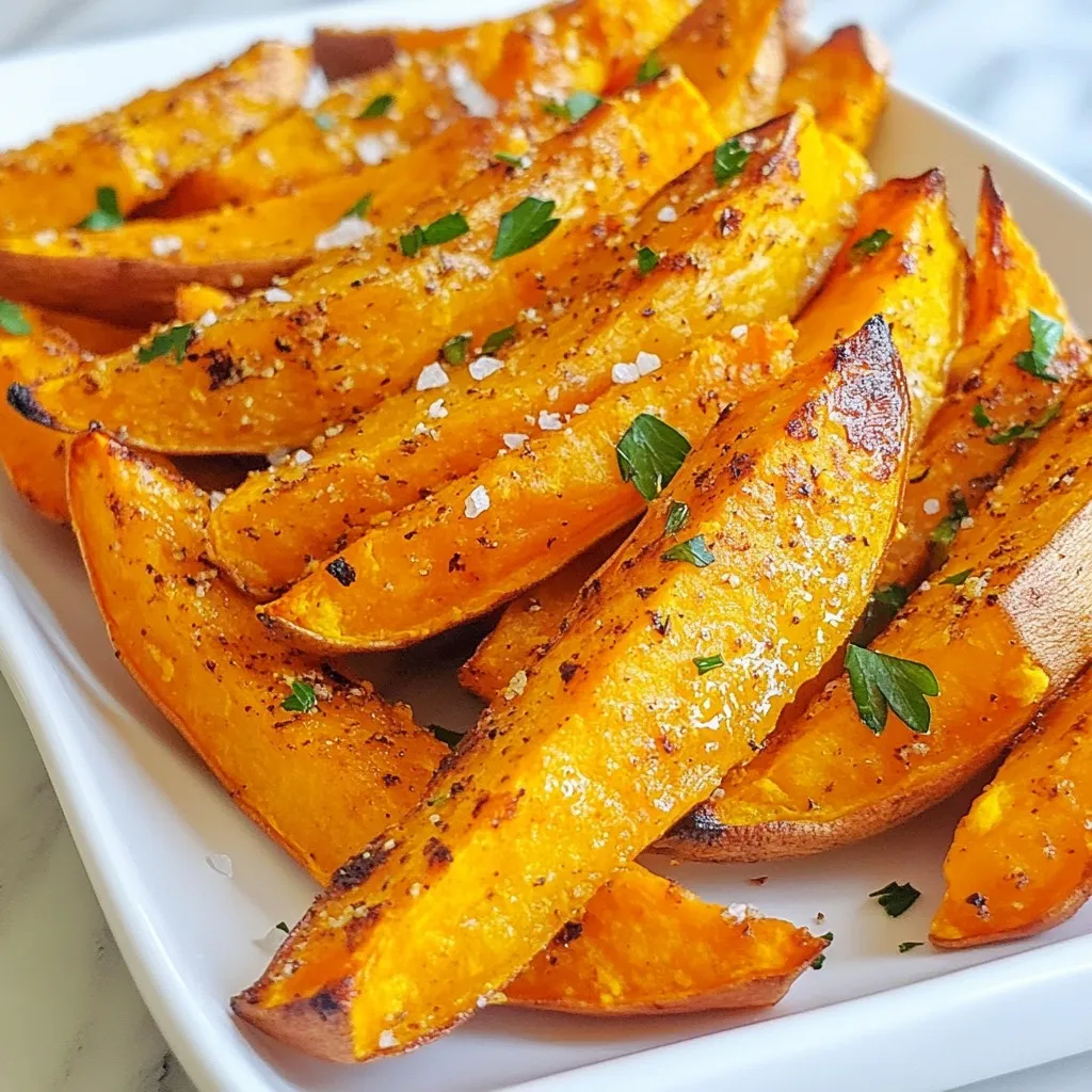 - 2 large sweet potatoes - 2 tablespoons olive oil - 1 teaspoon paprika - 1 teaspoon garlic powder - 1 teaspoon onion powder - ½ teaspoon sea salt - ¼ teaspoon black pepper - Fresh parsley for garnish You can add more flavor to your fries with some extra spices. Here are a few ideas: - Cayenne pepper for heat - Cinnamon for a sweet touch - Parmesan cheese for a savory twist - Chili powder for a smoky flavor Use these options to make your sweet potato fries unique. Feel free to mix and match until you find your favorite blend! Enjoy experimenting in the kitchen! {{ingredient_image_1}} Start by peeling the sweet potatoes. Use a sharp peeler to remove the skin. Cut the sweet potatoes into thin fries. Aim for a width of about 1/4 inch. This size cooks evenly and helps the fries get crispy. If the fries are too thick, they may not cook well. Thin fries allow for faster cooking and better texture. In a large bowl, add the cut sweet potatoes. Pour in 2 tablespoons of olive oil. Mix well to coat each fry. This oil helps the spices stick and ensures crispiness. In a separate small bowl, combine 1 teaspoon paprika, 1 teaspoon garlic powder, 1 teaspoon onion powder, ½ teaspoon sea salt, and ¼ teaspoon black pepper. Sprinkle this mix over the sweet potatoes. Toss again to evenly coat each fry with the spices. An even coating means every bite is flavorful. Preheat your oven to 425°F (220°C). Line your baking sheet with parchment paper. This makes cleanup easy and helps prevent sticking. Spread the sweet potatoes in a single layer on the baking sheet. Avoid overlapping to allow air to circulate. This is key for optimal crispiness. Bake for 25-30 minutes, flipping the fries halfway through. This ensures they cook evenly. When the fries turn golden brown, they are ready. Let them cool for a few minutes before serving. To get the best crispy fries, space is key. When you lay the sweet potatoes on the baking sheet, make sure they do not touch. This helps the heat circulate. If they are too close, they will steam instead of crisp. Flipping the fries halfway through baking is also important. This ensures both sides cook evenly. Use a spatula to turn them gently. This will help them brown well and stay crunchy. If you want a faster way, try air frying. Air fryers heat quickly and give a nice crunch. Toss the fries in olive oil and spices as usual. Then cook them in the air fryer for about 15-20 minutes. You can also pan-fry the fries for a different texture. Use a skillet with hot oil. Fry them in small batches for a golden finish. This method can add a nice crunch on the outside. Sweet potato fries pair well with many dips. Try serving them with ketchup, ranch, or spicy mayo. Each dip adds a fun twist to the flavor. For side dishes, think of fresh salads or grilled meats. They make a great complement to the fries. You can also serve them alongside sandwiches for a hearty meal. Pro Tips Cut Evenly: Ensure your sweet potato fries are cut into uniform sizes for even cooking and consistent crispiness. Soak for Extra Crunch: Soaking the cut fries in cold water for 30 minutes can help remove excess starch, leading to a crispier finish. Don’t Overcrowd the Pan: Spread the fries out in a single layer with space between them to ensure they bake evenly and become crispy. Flavor Variations: Experiment with different seasonings like cumin, chili powder, or even a sprinkle of Parmesan cheese for a unique twist on flavor. {{image_2}} To add heat to your fries, use cayenne pepper or chili powder. You can sprinkle about ½ teaspoon of cayenne for a nice kick. If you want it milder, just use a bit less. Mix this with your spices before coating the fries. This will give your sweet potato fries a bold flavor. You can even add a splash of hot sauce to the olive oil for extra heat. Using fresh herbs is a great way to boost flavor. Fresh rosemary or thyme works well. Just chop a tablespoon of fresh herbs and mix them with the fries. If you prefer dried spices, use about 1 teaspoon of dried herbs. They both add a nice taste, but fresh herbs give a brighter flavor. You can switch herbs based on what you like. Cheese can add a tasty twist to your fries. Try sprinkling shredded cheese like cheddar or parmesan over the fries before baking. Use about ½ cup of cheese for a rich flavor. This melts nicely and creates a crispy cheese layer. For an extra touch, add some garlic powder with the cheese. It makes the fries even more delicious. To store your crispy baked sweet potato fries, use an airtight container. Glass containers work best, but plastic ones are fine too. Make sure they cool down first before sealing. This helps keep them fresh. You can store them in the fridge for up to three days. After three days, they may lose their crispiness and flavor. When it comes to reheating, I recommend using an oven or an air fryer. Preheat your oven to 400°F (200°C). Place the fries on a baking sheet and heat for about 10 minutes. This method helps restore their crispiness. If you use an air fryer, set it to 375°F (190°C) and cook for about 5-7 minutes. Avoid the microwave, as it can make them soggy. Enjoy your fries crispy and hot! Yes, you can make sweet potato fries ahead of time. Cut your sweet potatoes and coat them with olive oil and spices. Then, store them in the fridge for up to 24 hours. This saves time on busy days. Just remember to bake them fresh when you are ready to eat. To keep your sweet potato fries crispy, follow these tips: - Cut thin: Make sure to cut the fries thinly. This helps them cook faster. - Coat evenly: Toss the fries well in olive oil and spices. - Space them out: Place fries in a single layer on the baking sheet. Avoid overlapping. - Flip halfway: Turn the fries halfway through baking for even cooking. The best way to cut sweet potatoes is to: 1. Peel the sweet potatoes. 2. Cut them lengthwise into planks. 3. Then, cut those planks into thin strips. Try to keep the strips about 1/4 inch thick for even cooking. This size will help them get crispy. While fresh sweet potatoes work best, you can use frozen fries. If you choose frozen, skip the prep steps. Just bake them according to the package instructions. You may need to adjust the cooking time for best results. You learned how to make delicious sweet potato fries. We discussed the ingredients and step-by-step instructions. Tips for crispiness and alternative methods were shared. You can even try tasty variations like spicy or cheesy fries. For leftovers, proper storage and reheating keep them fresh. Enjoy these fries with dips or as a side dish. Cooking should be fun, so experiment and find your favorite flavors! Sweet potato fries are a great choice for a healthy snack, and they are easy to make.