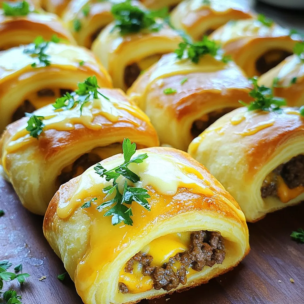 - 1 pound ground beef - 1 tablespoon garlic, minced - 1 teaspoon onion powder - 1 teaspoon paprika - Salt and pepper to taste - 6 slices of sharp cheddar cheese - 1 can refrigerated crescent roll dough - 4 tablespoons unsalted butter, melted, plus more for greasing - 1 tablespoon fresh parsley, finely chopped (for garnish) You can swap ground beef for ground turkey, chicken, or even plant-based meat. These options keep the taste rich and satisfying. For cheese, use mozzarella or pepper jack for a twist. Each cheese gives a unique flavor. To boost flavor, try adding garlic powder or chili powder. A sprinkle of cayenne can add heat. Fresh herbs like thyme or oregano also work great. These spices can make your rollups even more delightful. First, set your oven to 375°F (190°C). This helps the rollups bake perfectly. Next, take a large skillet and heat it over medium heat. Add one pound of ground beef. Cook it for about 5-7 minutes. Stir the beef often. Break it apart with a spatula. This helps it cook evenly. After it's browned, reduce the heat. Mix in one tablespoon of minced garlic, one teaspoon of onion powder, and one teaspoon of paprika. Add salt and pepper to taste. Cook for another 2-3 minutes. This lets the garlic soften. Once done, remove the skillet from heat and set it aside. Now, let’s prepare the dough. On a lightly floured surface, unroll a can of refrigerated crescent roll dough. Pinch the seams together. This makes a solid rectangle. It stops any filling from leaking out. Then, use a sharp knife to cut the dough into 6 equal rectangles. Make sure the cuts are clean and even. It’s time to assemble! On each rectangle, place a slice of sharp cheddar cheese. Then, add a generous spoonful of the beef mixture. Don’t overfill them; it’s important for rolling. Start from the wider end. Roll each rectangle tightly to the pointed end. Place the rolls seam-side down on a parchment-lined baking sheet. Brush melted butter on top of each rollup. This gives them a nice flavor and color. Bake in the preheated oven for 15-18 minutes. Look for a golden brown color to know they are ready. Once baked, let them cool for a couple of minutes. Before serving, sprinkle fresh parsley on top for a pop of color. Enjoy these tasty bites! To get the best flavor in your Garlic Butter Cheeseburger Rollups, focus on the beef. Use fresh ground beef with a higher fat content. This adds richness to the dish. Don't skip the garlic; it brings a lovely aroma and taste. Fresh herbs, like parsley, also enhance the flavor. A pinch of salt and pepper is key, too. Always taste as you go. This step helps you adjust seasoning for your perfect bite. A few common mistakes can ruin your rollups. First, don’t overfill the dough. Too much filling can cause leaks. Second, make sure to seal the seams well. This keeps filling inside while baking. Third, watch the baking time. If you underbake, the dough may be doughy. If you overbake, the rolls can turn tough. Lastly, be careful not to skip greasing the baking sheet. This helps with easy removal after baking. You will need a few simple tools to make this recipe shine: - Large skillet - Spatula - Sharp knife or pizza cutter - Pastry brush - Baking sheet - Parchment paper These tools make prep easy and help ensure a great final result. Having everything ready boosts your cooking fun! {{image_4}} You can use different meats for your rollups. Ground turkey or chicken works well. They both have a lighter flavor but still taste great. Just cook them the same way as beef. You can also use pork if you want something different. Each meat adds its own twist, keeping things fun and tasty. Cheese can change the flavor of your rollups. Instead of sharp cheddar, try mozzarella for a milder taste. Pepper jack adds a spicy kick, while cream cheese makes it rich and creamy. You can even mix different cheeses for fun flavors. Just remember to melt them well for the best texture. If you want a dairy-free rollup, use vegan cheese. Many options melt nicely and taste great. For gluten-free rolls, search for gluten-free crescent dough. You can even use lettuce wraps instead of dough for a lighter version. These swaps make the dish fit many diets while keeping it delicious. To store leftover rollups, let them cool first. Place them in an airtight container. This keeps them fresh for up to three days in the fridge. If you want to keep them longer, freezing is a great option. To freeze your rollups, wrap each one tightly in plastic wrap. Then, place them in a freezer-safe bag. Make sure to remove as much air as possible. They can last for up to three months in the freezer. When you're ready to eat, just thaw them in the fridge overnight. To reheat, preheat your oven to 350°F (175°C). Place the rollups on a baking sheet. Cover them with foil to keep them moist. Heat for about 10-15 minutes. If you want a crispier top, remove the foil for the last few minutes. Enjoy them warm for the best taste! Yes, you can prepare these rollups ahead. Cook the beef and fill the rolls. Then, wrap them in plastic wrap and store in the fridge for up to 24 hours. When ready to bake, just brush with butter and pop them in the oven. This saves time on busy days. These rollups taste great with many dips. Here are some favorites: - Ketchup - Mustard - BBQ sauce - Ranch dressing - Spicy mayo These options add fun flavors and make eating more enjoyable. To spice up your rollups, add ingredients like: - Jalapeños or green chilies - Hot sauce mixed into the beef - Pepper jack cheese instead of cheddar These tweaks can give your rollups a nice kick. Serve the rollups warm for the best taste. Place them on a rustic wooden board or platter. Add some dipping sauces on the side. This makes for a fun snack or meal that everyone will love. Enjoy! This blog covered all the steps to make tasty Garlic Butter Cheeseburger Rollups. We explored key ingredients, cooking tips, and ways to customize your dish. I shared methods to store leftovers and how to reheat them best. Remember, using different meats or cheeses can change the flavor and texture. With these insights, you can create a fun meal that fits your taste. Try it out and enjoy!