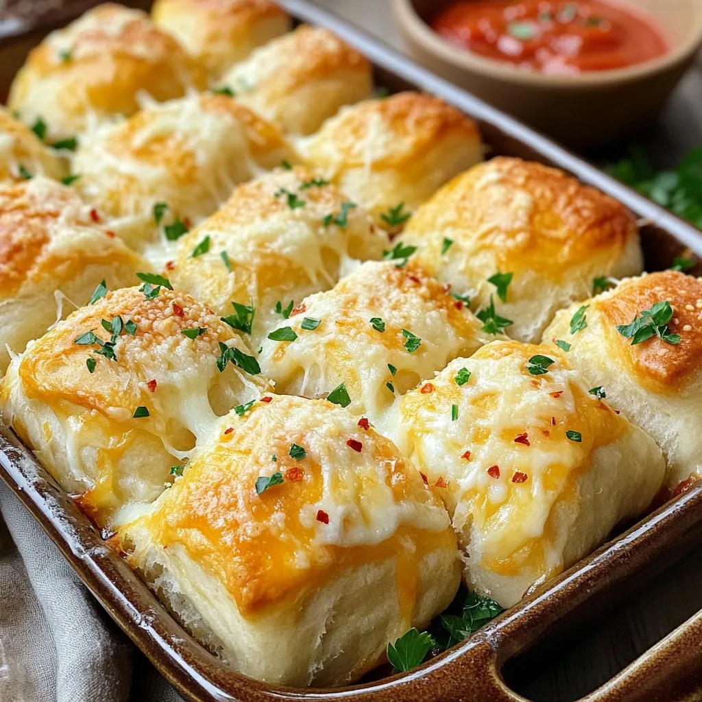 To make cheesy garlic rolls, gather these key items: - 1 cup warm milk (around 110°F) - 2 tablespoons granulated sugar - 2 1/4 teaspoons active dry yeast (1 packet) - 3 cups all-purpose flour, plus extra for dusting - 1/2 teaspoon fine sea salt - 1/4 cup unsalted butter, melted and slightly cooled - 1 large egg, at room temperature - 1 cup shredded mozzarella cheese - 1/2 cup grated Parmesan cheese - 4 cloves fresh garlic, finely minced - 2 tablespoons fresh parsley, finely chopped For a unique twist on these rolls, consider adding: - 1/4 teaspoon crushed red pepper flakes (for a spicy kick) - Extra herbs like oregano or basil for more flavor - Use a kitchen scale for precise flour measurements. - If you don’t have warm milk, use water at the same temperature. - Substitute garlic powder if fresh garlic is not available. - Any melting cheese can replace mozzarella for different tastes. By using these ingredients and tips, you can create delicious cheesy garlic rolls that everyone will love! Start with a small bowl. Add 1 cup of warm milk, 2 tablespoons of sugar, and 2 1/4 teaspoons of active dry yeast. Mix gently and let it sit for 5-10 minutes. Watch for bubbles and foam; this shows the yeast is active. This step is key for fluffy rolls. In a large bowl, combine 3 cups of all-purpose flour and 1/2 teaspoon of fine sea salt. Make a well in the center. Pour in the melted butter, the egg, and the yeast mixture. Stir until a soft dough forms. Transfer it to a floured surface and knead for 5-7 minutes. Aim for a smooth and elastic dough. After kneading, put the dough in a greased bowl. Cover it with a cloth and let it rise in a warm place for about 1 hour. When it has doubled in size, punch it down. Roll it out into a rectangle, about 1/4 inch thick. In a bowl, mix 1 cup of mozzarella, 1/2 cup of Parmesan, 4 minced garlic cloves, and 2 tablespoons of parsley. Spread this cheesy mix over the dough. Roll the dough tightly from one edge and cut it into 12 equal pieces. Place the cut rolls in a greased dish, close but not touching. Preheat your oven to 375°F (190°C). Let the rolls rise for another 30 minutes while the oven heats. Bake for 20-25 minutes until golden brown. Remove from the oven and brush with melted butter. Optionally, sprinkle more parsley on top for a fresh finish. Enjoy the delicious aroma as they bake! To make the best dough for cheesy garlic rolls, start with warm milk. Milk should be around 110°F. This helps activate the yeast well. Use granulated sugar to feed the yeast. Let it bubble for 5-10 minutes. Knead the dough firmly for about 5-7 minutes. You want it smooth and elastic. Cover the dough and let it rise in a warm spot. It should double in size. To get fluffy rolls, the right rise time matters. After kneading, let the dough rest. Punch it down gently to release air. Roll it out to 1/4 inch thick. Spread the cheesy garlic filling evenly. Roll it tightly for even baking. Let the rolls rise again for 30 minutes before baking. They will puff up nicely. Using the right tools can help a lot. Have a large mixing bowl for the dough. A clean kitchen cloth is great for covering it. Use a rolling pin to shape the dough. A sharp knife or dough cutter helps cut the rolls evenly. A greased baking dish holds your rolls safely. A pastry brush works well for buttering the tops. {{image_4}} You can boost the flavor of cheesy garlic rolls by adding herbs and spices. Fresh herbs like basil or thyme can add a nice twist. Try mixing in dried oregano for a warm flavor. For heat, sprinkle in crushed red pepper flakes. Just a pinch can make a big difference in taste. These simple additions can make your rolls even more special. Experimenting with cheese is a fun way to change your rolls. Mozzarella is a great base, but you can add other cheeses too. Consider using sharp cheddar for a bolder flavor. You can also try gouda or fontina for a creamy texture. Mixing cheeses can create a unique taste each time you bake. Don’t be afraid to get creative with your cheese choices! Making vegan or gluten-free cheesy garlic rolls is easier than you think. For a vegan version, swap the milk with almond or oat milk. Use vegan butter instead of regular butter. Replace the egg with flaxseed meal mixed with water. For gluten-free rolls, use a gluten-free flour blend. These changes allow everyone to enjoy this tasty treat! To keep your cheesy garlic rolls fresh, let them cool completely. Place them in an airtight container. You can also wrap them tightly in plastic wrap. Store them at room temperature for up to three days. If you want to keep them longer, consider refrigeration. When you want to enjoy your rolls again, preheat your oven to 350°F (175°C). Place the rolls on a baking sheet. Cover them with foil to keep them soft. Heat for about 10-15 minutes. You can also use a microwave if you prefer. Heat them for about 20-30 seconds. Check if they are warm enough for your taste. To freeze your cheesy garlic rolls, make sure they are fully cooled. Wrap each roll in plastic wrap. Then, place them in a freezer bag. Squeeze out the air before sealing. These rolls can last in the freezer for up to three months. When you want to eat them, let them thaw in the fridge overnight. Reheat as usual for a perfect treat! Yes, you can use instant yeast in place of active dry yeast. Instant yeast is more potent and works faster. You can skip the activation step. Just mix it with the dry ingredients. Use the same amount, about 2 1/4 teaspoons or one packet. Your rolls will still be fluffy and delicious. You can serve cheesy garlic rolls with many tasty options. A small bowl of marinara sauce works great as a dip. You can also pair them with soups, salads, or pasta dishes. They are perfect for sharing at parties or family dinners. The warm, cheesy flavor lifts any meal. Cheesy garlic rolls can last about 2-3 days at room temperature. Store them in an airtight container to keep them fresh. If you want them to last longer, you can freeze them. Wrap them tightly in plastic wrap and foil. They can stay good for about 3 months in the freezer. Just thaw and reheat before serving. This guide covered all you need for making amazing rolls. We explored essential ingredients, step-by-step instructions, and tips for perfect dough. You also learned about fun variations and how to store your rolls. Remember, the right tools and careful measuring make a big difference. Enjoy crafting your rolls and experimenting with flavors! Happy baking!