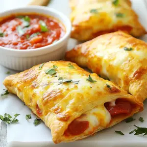 - 1 package refrigerated pizza dough - 1 cup marinara sauce - 2 cups shredded mozzarella cheese - 1/2 cup diced pepperoni or substitutes - 1/2 cup sliced bell peppers - 1/4 cup finely chopped onions - 1 tablespoon olive oil - 1 egg for egg wash - Salt and pepper to taste The key to making great cheesy pizza pockets is using fresh, quality ingredients. I love starting with refrigerated pizza dough. It saves time and tastes great. You can find this in any grocery store. For the sauce, I recommend marinara. You can use homemade or store-bought. Both work well. The marinara adds a nice tangy flavor that pairs perfectly with cheese. Now, let’s talk cheese! I use shredded mozzarella. It melts beautifully and gives that classic pizza taste. You can mix it up with other cheeses, too, if you like. Next, you’ll want to add some fillings. I often use diced pepperoni, but you can swap it for cooked sausage or veggies. Bell peppers add color and a sweet crunch. Finely chopped onions bring a touch of sweetness, too. Don't forget the olive oil! It helps the dough get that nice golden color when baked. An egg wash adds a shiny finish. A sprinkle of salt and pepper ties everything together. These ingredients make your pizza pockets delightful and tasty. They are sure to please everyone at your table! {{ingredient_image_2}} 1. Preheating the oven: Start by preheating your oven to 425°F (220°C). This step is key for crispiness. 2. Preparing the baking sheet: Line a baking sheet with parchment paper. This will stop the pizza pockets from sticking. 1. Rolling out the pizza dough: On a clean, floured surface, roll out the refrigerated pizza dough. Aim for a large rectangle, about 1/4 inch thick. 2. Mixing the filling ingredients: In a medium bowl, combine the marinara sauce, shredded mozzarella, diced pepperoni, sliced bell peppers, chopped onions, dried oregano, garlic powder, and salt and pepper. Stir until all is mixed well. 1. Filling and sealing the dough: Cut the dough into squares, each about 4x4 inches. Place a spoonful of filling in the center of each square. Avoid overfilling to keep them neat. 2. Applying the egg wash: Fold the dough over the filling to make a triangle. Press the edges to seal tightly. Crimp with a fork for a nice design. 1. Baking time and temperature: Place the pockets on the lined baking sheet. Bake them for 12 to 15 minutes. They should turn golden brown when done. 2. Cooling and serving instructions: After baking, let them cool for a few minutes before serving. Enjoy warm with extra marinara sauce for dipping. You can make pizza pockets your own by changing the fillings. If you love veggies, skip the meat and add more bell peppers or mushrooms. For meat lovers, mix in diced sausage or bacon. You can also try different cheeses like cheddar or provolone for unique flavors. You can bake your pizza pockets in the oven or use an air fryer. Baking gives a nice, even cook, while air frying can make them crispier. To get a crunchy crust, make sure to roll the dough thin and preheat your cooking device. Brush olive oil on the outside of the pockets before cooking for extra crunch. Dipping sauces make pizza pockets even better. Marinara sauce is a classic choice. You could also try ranch or garlic sauce. For a fun presentation, serve the pockets on a colorful plate. Add fresh herbs like basil or parsley for a pop of color. A small bowl of sauce in the center can make it look fancy and inviting. Pro Tips Use Fresh Ingredients: For the best flavor, opt for fresh vegetables and high-quality cheese. This will enhance the taste and texture of your pizza pockets. Experiment with Fillings: Don’t be afraid to get creative! Try adding different meats, cheeses, or even fruits like pineapple for a unique twist on the filling. Make Ahead: These pizza pockets can be prepared in advance and frozen. Simply bake them from frozen, adding a few extra minutes to the cooking time. Perfect the Seal: Ensure the edges of the dough are sealed tightly to prevent any filling from leaking out during baking. Crimping with a fork helps secure the pockets. {{image_4}} For those who need gluten-free options, you can use gluten-free pizza dough. Many brands offer good choices at stores. Just make sure to check the package for any special instructions. This way, everyone can enjoy these tasty pizza pockets. If you prefer vegan options, swap out cheese for plant-based cheese. Use a rich tomato sauce and load up on your favorite veggies. Ingredients like mushrooms, spinach, and onions add great flavor. You can even mix in some nutritional yeast for a cheesy taste. To switch up the flavors, try different sauces. Instead of marinara, use pesto, barbecue sauce, or even ranch dressing. Each sauce brings a unique taste that can change the whole dish. For more filling ideas, think outside the box. Add veggies like mushrooms, spinach, or zucchini. You can also use cooked chicken or even beans for protein. Mixing in different cheeses like cheddar or pepper jack can add a fun twist. You can make mini pizza pockets for fun appetizers at parties. Just cut the dough into smaller squares. They’re perfect for dipping in sauce. If you want something to share, make large pizza pockets. Fill them with more ingredients and cut them into wedges. These are great for family dinners or gatherings. Serve them warm with a side of marinara for dipping. To store leftover pizza pockets, let them cool completely. Place them in an airtight container. You can also wrap them in plastic wrap or aluminum foil. Keep them in the fridge for up to three days. When you want to eat them again, just take out what you need. For freezing pizza pockets, first cool them completely like before. Then, place each pocket in a single layer on a baking sheet. Freeze them for about an hour until firm. After that, transfer them to a freezer bag or container. Remove as much air as possible to avoid freezer burn. They can last for up to two months. When reheating pizza pockets, you want to keep them crispy. The oven works best for this. Preheat your oven to 375°F (190°C). Place the pizza pockets on a baking sheet and heat for about 10-15 minutes. You can also use an air fryer. Set it to 350°F (175°C) and cook for 5-7 minutes. This keeps the crust crispy. Enjoy your delicious leftovers! Yes, you can! Homemade dough has a fresh taste. It allows you to control the ingredients. You can adjust thickness and flavor to your liking. Store-bought dough is quick and easy, but it may lack that homemade charm. If you have time, try making your own. It can be a fun project! To get a crunchy texture, follow these tips: - Roll the dough thinly to allow for a crisp crust. - Brush the tops with olive oil before baking. - Bake at a high temperature, like 425°F (220°C). - Bake until golden brown, about 12 to 15 minutes. These steps will help your pizza pockets turn out perfectly crispy. You have many options for sauce: - Pesto adds a fresh, herby taste. - BBQ sauce gives a sweet and tangy kick. - Alfredo sauce offers a creamy texture. - Hummus or ranch dressing can be fun dips. Try different sauces to find your favorite flavor! Pizza pockets can last: - In the refrigerator: 3 to 4 days if stored in an airtight container. - In the freezer: Up to 2 to 3 months. Wrap them well to prevent freezer burn. Reheat them properly to enjoy their deliciousness again. Pizza pockets are fun and easy to make. You need just a few main ingredients like dough, sauce, and cheese. Mix your favorite fillings and seasonings, then roll, fill, and bake. You can customize them for any diet or preference. In short, you can create tasty treats at home. Use the tips to keep them crispy and flavorful. Enjoy experimenting with different styles and flavors. You now have all the tools to make great pizza pockets that everyone will love!