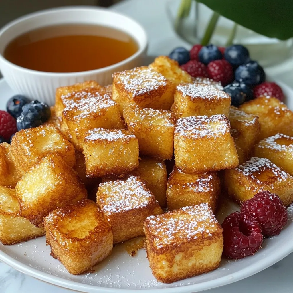 - 4 slices of brioche or challah bread - 2 large eggs - 1/2 cup milk (or almond milk for a dairy-free option) - 1 teaspoon vanilla extract - 1 teaspoon ground cinnamon - 1 tablespoon sugar - Pinch of salt - Cooking spray or melted butter for greasing - Maple syrup, powdered sugar, or fresh berries for serving Use 4 slices of bread for a good base. You can pick brioche or challah. Both give a soft texture. The eggs help bind the mix together. A half cup of milk keeps it creamy. You can swap regular milk for almond milk if you want a dairy-free option. One teaspoon of vanilla adds nice flavor. Ground cinnamon gives warmth and spice. One tablespoon of sugar sweetens the mix. A pinch of salt balances the flavors. For cooking, use cooking spray or melted butter to keep it from sticking. Want to change things up? Use whole wheat bread for a healthier choice. If you like more flavor, try adding nutmeg with the cinnamon. For a sweeter touch, use brown sugar instead of white. You can also top your bites with yogurt instead of syrup for a fresh twist. {{ingredient_image_1}} Start by cutting the bread into small cubes. Use about four slices of brioche or challah bread. Aim for pieces that are about one inch in size. This shape helps them cook evenly. You can use a serrated knife for easy cutting. Place the cubes in a bowl, ready for the egg mixture. Now, let's make the egg mixture. In a large mixing bowl, add two large eggs. Pour in half a cup of milk or almond milk if you want a dairy-free option. Add one teaspoon of vanilla extract for flavor. Sprinkle in one teaspoon of ground cinnamon and one tablespoon of sugar. Finally, add a pinch of salt. Whisk everything together until it looks smooth and creamy. Before cooking, preheat the air fryer to 350°F (175°C) for about five minutes. Lightly grease the air fryer basket with cooking spray or melted butter. This step helps keep the bites from sticking. Now, gently fold the bread cubes into the egg mixture. Make sure every piece is well-coated. Let them sit for about five minutes. This time allows the bread to soak up the flavors. Place the coated bread cubes in the air fryer basket in a single layer. Avoid overcrowding the basket. Cook the bites for about eight to ten minutes. Give the basket a shake halfway through. This action helps them crisp up evenly. When they turn golden brown and crispy, they are ready. Remove them from the air fryer and serve immediately. Dust with powdered sugar and enjoy with maple syrup or fresh berries! To get your French toast bites nice and crispy, follow these steps: - Use fresh bread: Stale bread absorbs the egg mix better. - Don’t overcrowd: Keep space between the bites in the air fryer. - Shake midway: This helps them cook evenly and get that golden look. - Check doneness: Look for a deep golden color and a crunch when you bite. The best bread for this recipe is brioche or challah. They have a rich flavor and soft texture. Here are other options: - Sourdough: Adds a tangy twist. - Whole wheat: A healthier choice with more fiber. - Gluten-free bread: For those with gluten sensitivities, use your favorite gluten-free option. Serve your French toast bites with fun toppings to make them special: - Maple syrup: A classic sweet pair. - Powdered sugar: For a light, sweet dusting. - Fresh berries: Strawberries, blueberries, or raspberries add color and freshness. - Yogurt: A creamy dip adds protein and tang. - Nut butter: Peanut or almond butter makes it rich and filling. Pro Tips Use Day-Old Bread: Stale bread absorbs the egg mixture better, resulting in a crispier texture. Experiment with Flavors: Add a pinch of nutmeg or a splash of orange zest to the egg mixture for a unique twist. Don’t Overcrowd the Basket: Cooking in a single layer allows for even cooking and maximum crispiness. Serve Immediately: For the best texture and flavor, serve the French toast bites right after cooking. {{image_2}} You can make Air Fryer French Toast Bites even sweeter. Try adding chocolate chips or peanut butter to the egg mix. You could also sprinkle some powdered sugar on top after cooking. For a fruity twist, mix in some mashed bananas or diced strawberries. These sweet additions will make every bite delightful. If you want a savory version, skip the sugar and vanilla. Instead, add some cheese and herbs to the egg mix. You can use sharp cheddar or even feta. Chopped spinach or cooked bacon bits can also work great. This savory twist turns your bites into a tasty breakfast or snack. You can easily adjust this recipe for dietary needs. For a dairy-free option, use almond milk instead of regular milk. If you want gluten-free bites, try gluten-free bread. You can also replace eggs with a flaxseed mixture for a vegan option. Just mix one tablespoon of flaxseed with three tablespoons of water and let it sit for a few minutes. These adaptations make the recipe fun for everyone! You can store leftover French toast bites easily. Put them in an airtight container. Keep the container in the fridge. They will stay good for about 3 days. Make sure they cool down before you store them. This helps keep them fresh and tasty. To reheat French toast bites, use your air fryer. Set it to 350°F (175°C). Cook the bites for about 3-5 minutes. This makes them warm and crispy again. You can also use a microwave if you need a quicker option. Just heat them for 15-20 seconds, but they may not be as crispy. Freezing French toast bites is a great option. Allow them to cool completely before freezing. Place them in a single layer on a baking sheet. Once frozen, transfer them to a freezer bag. They can stay good in the freezer for up to a month. When ready to eat, simply reheat them straight from the freezer. Enjoy your tasty bites anytime! Yes, you can use many kinds of bread. Brioche or challah works best for a soft, fluffy bite. You can also try white bread, whole wheat, or even sourdough. Each type gives a unique taste. Just make sure the bread is thick enough to hold the egg mixture. To make these bites dairy-free, swap regular milk for almond milk or oat milk. You can also use coconut milk if you like that flavor. These options keep the recipe creamy and delicious without dairy. The taste will still be rich and satisfying! I love serving French toast bites with maple syrup for dipping. You can also sprinkle them with powdered sugar for a sweet touch. Fresh berries add a nice color and flavor too. Try serving them with a side of yogurt for a tasty twist. Enjoy them hot for the best taste! We covered the key parts of making Air Fryer French Toast Bites, from ingredients to storage. You learned how to prepare, cook, and serve them perfectly. Remember to try different bread and flavors to keep it fun. With a few tips, you can make them crispy or soft, just how you like. Keep these ideas in mind, and you will enjoy this tasty dish any time. Happy cooking!