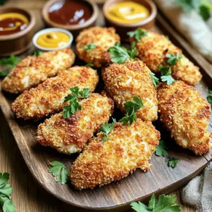 To make crispy baked chicken tenders, gather these ingredients: - 1 pound chicken tenderloins - 1 cup buttermilk - 1 teaspoon garlic powder - 1 teaspoon smoked paprika - 1/2 teaspoon freshly cracked black pepper - 1/2 teaspoon sea salt - 1 cup panko breadcrumbs - 1/2 cup finely grated Parmesan cheese - 1 teaspoon Italian seasoning blend - Cooking spray You can substitute or adjust some ingredients for different tastes or diets: - Use almond milk or coconut milk instead of buttermilk for a dairy-free option. - Swap chicken tenderloins for chicken breasts or thighs if you prefer. - Replace panko breadcrumbs with regular breadcrumbs if needed. - Try using nutritional yeast instead of Parmesan cheese for a vegan option. Here's a quick look at the nutrition per serving (1/4 of the recipe): - Calories: 300 - Protein: 27g - Carbohydrates: 18g - Fat: 15g - Fiber: 1g - Sodium: 600mg This dish is not only delicious but also offers a good balance of protein and carbs. It pairs well with fresh veggies or a light salad for a complete meal. To start, you need to marinate the chicken. In a large bowl, whisk together: - 1 cup buttermilk - 1 teaspoon garlic powder - 1 teaspoon smoked paprika - 1/2 teaspoon black pepper - 1/2 teaspoon sea salt This mix adds flavor and keeps the chicken juicy. Add the chicken tenderloins and coat them well. Cover the bowl with plastic wrap and place it in the fridge. Let it marinate for at least 1 hour, or overnight if you can wait. This step makes a big difference in taste! Next, preheat your oven to 425°F (220°C). Line a baking sheet with parchment paper. This helps the chicken not stick. Lightly spray the parchment with cooking spray. This small step ensures a nice crisp on the outside. Now, let’s make the breading. In a medium-sized bowl, mix together: - 1 cup panko breadcrumbs - 1/2 cup grated Parmesan cheese - 1 teaspoon Italian seasoning Stir until all the ingredients are well combined. Panko gives a great crunch, and Parmesan adds flavor. After marinating, take each chicken tenderloin out of the buttermilk. Let the excess drip off. Dip each piece into the breadcrumb mix, pressing gently. This helps the coating stick. Make sure each tender is covered well for the best crunch. Place the breaded chicken tenders on the baking sheet in a single layer. Lightly spray the tops with cooking spray. This helps them get golden and crispy while baking. Bake in the preheated oven for 20-25 minutes. Flip the tenders halfway through. They are done when golden brown and reach 165°F (75°C) inside. Once cooked, let the chicken cool for a few minutes. Transfer them to a serving platter. For a fun look, serve with dipping sauces like honey mustard or BBQ sauce. Add fresh parsley or lemon wedges for color and extra flavor! Marinating chicken is key for flavor and tenderness. Use buttermilk for a rich taste. It helps to break down the meat fibers. My favorite tip is to marinate overnight. This gives the chicken time to soak up all the spices. If you're short on time, marinate for at least one hour. Remember to cover the bowl tightly to keep the flavor in. Crispiness comes from great breading and proper baking. Use panko breadcrumbs for the best crunch. They are lighter and airier than regular breadcrumbs. Lightly spray the tops of the breaded chicken with cooking spray. This helps achieve that golden, crispy finish. Bake at a high temperature, around 425°F (220°C), and flip halfway through. This ensures even browning on both sides. Avoid marinating for too long. Over-marinating can make the chicken mushy. Also, do not skip the cooking spray on the baking sheet. This prevents sticking and helps with crispiness. Finally, don’t overcrowd the baking sheet. Give each tender space to breathe. If they touch, they will steam instead of crisp up. {{image_4}} You can make your chicken tenders even more fun by adding spices. For a spicy kick, mix cayenne pepper into the breadcrumb coating. A teaspoon should do the trick. If you prefer herb-infused flavors, try adding dried oregano or thyme to your breadcrumb mix. These herbs bring fresh taste and aroma to your chicken. You can also mix in lemon zest for a citrusy twist that brightens the dish. The options are endless! If you need a gluten-free option, use gluten-free breadcrumbs. They will give you the same crunch without the gluten. Whole wheat breadcrumbs are another great choice if you want a healthier twist. They add a nutty flavor and extra fiber. Both options work well with the buttermilk marinade, ensuring your tenders stay moist and tasty. Dipping sauces make your chicken tenders even better. You can serve them with honey mustard for a sweet touch. Barbecue sauce adds a smoky flavor that pairs nicely. For something zesty, try a ranch dip or even a spicy sriracha mayo. To impress your guests, set out a few sauces for a fun tasting experience. Don’t forget to add fresh parsley or lemon wedges for a pop of color! After you cook the chicken tenders, let them cool. Then, place them in an airtight container. They can stay fresh in the fridge for up to four days. Make sure to layer parchment paper between tenders if they stack. This helps keep them from getting soggy. If you want to save chicken tenders for later, freezing is a great option. First, let them cool completely. Then, wrap each tender in plastic wrap. Place the wrapped tenders in a freezer bag. Label the bag with the date. They can stay frozen for up to three months. When you’re ready to eat, just defrost in the fridge overnight. To reheat, you can use an oven or an air fryer. Preheat your oven to 400°F (200°C). Place the chicken tenders on a baking sheet. Heat them for about 10-15 minutes, or until they are hot and crispy. If using an air fryer, set it to 375°F (190°C) and cook for about 5-7 minutes. Enjoy them just like fresh! To boost crispiness, use panko breadcrumbs. They add great texture. Also, spray the tenders with cooking spray before baking. This helps them brown nicely. You can also bake them on a wire rack to let air circulate. This keeps them from getting soggy. Yes, you can use chicken breasts. Just cut them into strips. Make sure they are about the same size as tenderloins for even cooking. You may need to adjust the cooking time. Check that they reach 165°F to ensure they are safe to eat. Crispy baked chicken tenders last about 3 to 4 days in the fridge. Store them in an airtight container. To keep them crisp, place a paper towel at the bottom of the container. This absorbs moisture and helps maintain texture. Serve chicken tenders with dipping sauces like honey mustard or barbecue sauce. Fresh veggies and a light salad also pair well. You can add a side of sweet potato fries for a fun twist. Enjoying them with your favorite dipping sauce makes every bite exciting! In this article, we covered every step to make crispy baked chicken tenders. You learned about the ingredients, marinating techniques, and baking tips to ensure great flavor and texture. We also explored variations and best practices for storage and reheating. Remember, with a few simple steps, you can enjoy delicious, homemade chicken tenders. Experiment with flavors and serves that suit your taste. These tips will help you create a dish everyone loves. Happy cooking!