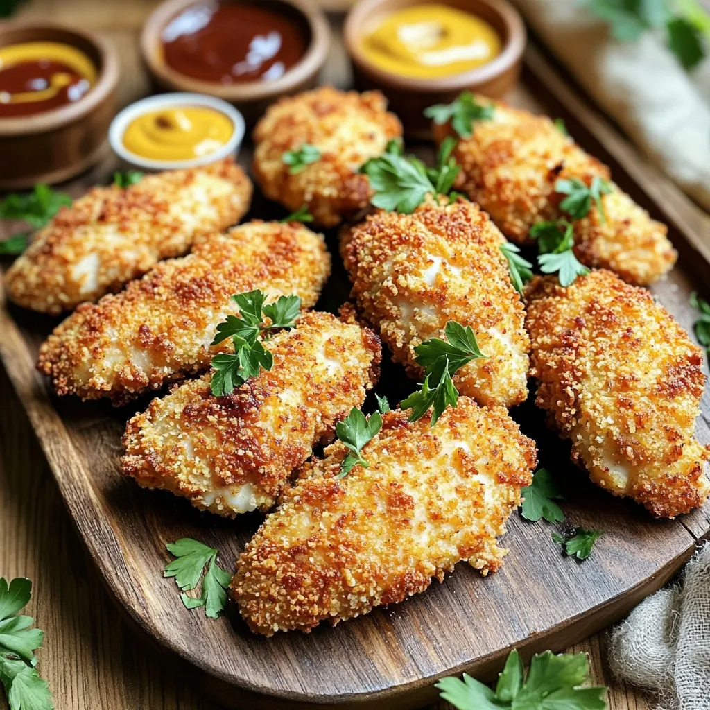 To make crispy baked chicken tenders, gather these ingredients: - 1 pound chicken tenderloins - 1 cup buttermilk - 1 teaspoon garlic powder - 1 teaspoon smoked paprika - 1/2 teaspoon freshly cracked black pepper - 1/2 teaspoon sea salt - 1 cup panko breadcrumbs - 1/2 cup finely grated Parmesan cheese - 1 teaspoon Italian seasoning blend - Cooking spray You can substitute or adjust some ingredients for different tastes or diets: - Use almond milk or coconut milk instead of buttermilk for a dairy-free option. - Swap chicken tenderloins for chicken breasts or thighs if you prefer. - Replace panko breadcrumbs with regular breadcrumbs if needed. - Try using nutritional yeast instead of Parmesan cheese for a vegan option. Here's a quick look at the nutrition per serving (1/4 of the recipe): - Calories: 300 - Protein: 27g - Carbohydrates: 18g - Fat: 15g - Fiber: 1g - Sodium: 600mg This dish is not only delicious but also offers a good balance of protein and carbs. It pairs well with fresh veggies or a light salad for a complete meal. To start, you need to marinate the chicken. In a large bowl, whisk together: - 1 cup buttermilk - 1 teaspoon garlic powder - 1 teaspoon smoked paprika - 1/2 teaspoon black pepper - 1/2 teaspoon sea salt This mix adds flavor and keeps the chicken juicy. Add the chicken tenderloins and coat them well. Cover the bowl with plastic wrap and place it in the fridge. Let it marinate for at least 1 hour, or overnight if you can wait. This step makes a big difference in taste! Next, preheat your oven to 425°F (220°C). Line a baking sheet with parchment paper. This helps the chicken not stick. Lightly spray the parchment with cooking spray. This small step ensures a nice crisp on the outside. Now, let’s make the breading. In a medium-sized bowl, mix together: - 1 cup panko breadcrumbs - 1/2 cup grated Parmesan cheese - 1 teaspoon Italian seasoning Stir until all the ingredients are well combined. Panko gives a great crunch, and Parmesan adds flavor. After marinating, take each chicken tenderloin out of the buttermilk. Let the excess drip off. Dip each piece into the breadcrumb mix, pressing gently. This helps the coating stick. Make sure each tender is covered well for the best crunch. Place the breaded chicken tenders on the baking sheet in a single layer. Lightly spray the tops with cooking spray. This helps them get golden and crispy while baking. Bake in the preheated oven for 20-25 minutes. Flip the tenders halfway through. They are done when golden brown and reach 165°F (75°C) inside. Once cooked, let the chicken cool for a few minutes. Transfer them to a serving platter. For a fun look, serve with dipping sauces like honey mustard or BBQ sauce. Add fresh parsley or lemon wedges for color and extra flavor! Marinating chicken is key for flavor and tenderness. Use buttermilk for a rich taste. It helps to break down the meat fibers. My favorite tip is to marinate overnight. This gives the chicken time to soak up all the spices. If you're short on time, marinate for at least one hour. Remember to cover the bowl tightly to keep the flavor in. Crispiness comes from great breading and proper baking. Use panko breadcrumbs for the best crunch. They are lighter and airier than regular breadcrumbs. Lightly spray the tops of the breaded chicken with cooking spray. This helps achieve that golden, crispy finish. Bake at a high temperature, around 425°F (220°C), and flip halfway through. This ensures even browning on both sides. Avoid marinating for too long. Over-marinating can make the chicken mushy. Also, do not skip the cooking spray on the baking sheet. This prevents sticking and helps with crispiness. Finally, don’t overcrowd the baking sheet. Give each tender space to breathe. If they touch, they will steam instead of crisp up. {{image_4}} You can make your chicken tenders even more fun by adding spices. For a spicy kick, mix cayenne pepper into the breadcrumb coating. A teaspoon should do the trick. If you prefer herb-infused flavors, try adding dried oregano or thyme to your breadcrumb mix. These herbs bring fresh taste and aroma to your chicken. You can also mix in lemon zest for a citrusy twist that brightens the dish. The options are endless! If you need a gluten-free option, use gluten-free breadcrumbs. They will give you the same crunch without the gluten. Whole wheat breadcrumbs are another great choice if you want a healthier twist. They add a nutty flavor and extra fiber. Both options work well with the buttermilk marinade, ensuring your tenders stay moist and tasty. Dipping sauces make your chicken tenders even better. You can serve them with honey mustard for a sweet touch. Barbecue sauce adds a smoky flavor that pairs nicely. For something zesty, try a ranch dip or even a spicy sriracha mayo. To impress your guests, set out a few sauces for a fun tasting experience. Don’t forget to add fresh parsley or lemon wedges for a pop of color! After you cook the chicken tenders, let them cool. Then, place them in an airtight container. They can stay fresh in the fridge for up to four days. Make sure to layer parchment paper between tenders if they stack. This helps keep them from getting soggy. If you want to save chicken tenders for later, freezing is a great option. First, let them cool completely. Then, wrap each tender in plastic wrap. Place the wrapped tenders in a freezer bag. Label the bag with the date. They can stay frozen for up to three months. When you’re ready to eat, just defrost in the fridge overnight. To reheat, you can use an oven or an air fryer. Preheat your oven to 400°F (200°C). Place the chicken tenders on a baking sheet. Heat them for about 10-15 minutes, or until they are hot and crispy. If using an air fryer, set it to 375°F (190°C) and cook for about 5-7 minutes. Enjoy them just like fresh! To boost crispiness, use panko breadcrumbs. They add great texture. Also, spray the tenders with cooking spray before baking. This helps them brown nicely. You can also bake them on a wire rack to let air circulate. This keeps them from getting soggy. Yes, you can use chicken breasts. Just cut them into strips. Make sure they are about the same size as tenderloins for even cooking. You may need to adjust the cooking time. Check that they reach 165°F to ensure they are safe to eat. Crispy baked chicken tenders last about 3 to 4 days in the fridge. Store them in an airtight container. To keep them crisp, place a paper towel at the bottom of the container. This absorbs moisture and helps maintain texture. Serve chicken tenders with dipping sauces like honey mustard or barbecue sauce. Fresh veggies and a light salad also pair well. You can add a side of sweet potato fries for a fun twist. Enjoying them with your favorite dipping sauce makes every bite exciting! In this article, we covered every step to make crispy baked chicken tenders. You learned about the ingredients, marinating techniques, and baking tips to ensure great flavor and texture. We also explored variations and best practices for storage and reheating. Remember, with a few simple steps, you can enjoy delicious, homemade chicken tenders. Experiment with flavors and serves that suit your taste. These tips will help you create a dish everyone loves. Happy cooking!