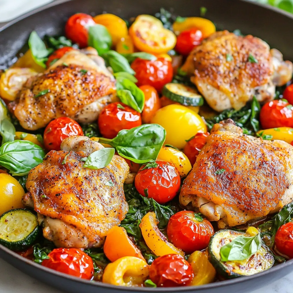 To make this one-skillet chicken and veggies dish, you will need the following: - 4 boneless, skinless chicken thighs - 1 tablespoon olive oil - 1 teaspoon smoked paprika - 1 teaspoon garlic powder - 1 teaspoon onion powder - Salt and pepper to taste - 1 red bell pepper, sliced - 1 yellow bell pepper, sliced - 1 medium zucchini, chopped - 1 cup cherry tomatoes, halved - 2 cups baby spinach - 1 tablespoon balsamic vinegar - Fresh basil for garnish If you don’t have fresh veggies, you can use frozen ones. They work well too. For the chicken, you can swap thighs for breasts. Just remember to adjust the cooking time slightly. To prepare this meal, you’ll need a few key tools: - A large skillet (I recommend a cast-iron skillet for even cooking) - A sharp knife for chopping veggies - A cutting board to keep things tidy - Tongs to flip the chicken easily - A measuring spoon for precise ingredient amounts These tools will help you create a quick and tasty meal with minimal fuss. Having the right equipment makes cooking much more enjoyable! {{ingredient_image_1}} Start by seasoning the chicken thighs. Use olive oil to coat them well. Sprinkle smoked paprika, garlic powder, onion powder, salt, and pepper on both sides. This mix adds nice flavor. Let the chicken sit for a few minutes. This helps the spices soak in. You can also marinate it for a few hours if you have time. This will make the chicken even tastier. Heat a large skillet over medium heat. Add the seasoned chicken thighs to the skillet. Cook for about 5 to 7 minutes on each side. The chicken should turn golden brown. Use a meat thermometer to check the internal temperature. It should reach 165°F. Once cooked, remove the chicken from the skillet. Set it aside on a plate while you cook the vegetables. In the same skillet, add sliced red and yellow bell peppers and chopped zucchini. Sauté them for about 3 to 4 minutes. You want them to soften but still have a little crunch. Stir them often to cook evenly. This step is key for great texture. After that, add halved cherry tomatoes and baby spinach. Cook for an additional 2 to 3 minutes. The spinach should wilt, and the tomatoes should soften. Now it’s time to bring it all together. Reduce the heat to low. Return the chicken to the skillet with the veggies. Drizzle balsamic vinegar over everything. Gently toss all the ingredients to combine. Heat through for another 1 to 2 minutes. When serving, plate your chicken and veggies nicely. Garnish with fresh basil for a pop of color. Enjoy your delicious one-skillet meal! To cook chicken safely, start with a hot skillet. Heat your skillet on medium heat. Place the seasoned chicken thighs in the skillet. Cook each side for 5 to 7 minutes. Use a meat thermometer to check the internal temperature. It should reach 165°F. This ensures your chicken is cooked through. If it looks golden brown, it’s ready. Avoid overcooking to keep it juicy and tender. To boost flavor, use a mix of spices. Smoked paprika adds warmth. Garlic powder gives it a nice kick. Onion powder adds sweetness without being strong. Consider adding fresh herbs like thyme or rosemary. Fresh basil on top brings a bright note. You can also try a squeeze of lemon juice for extra zest. Make your dish look great with simple garnishes. Fresh basil leaves add a pop of color. Sprinkle some freshly cracked black pepper on top. For a bit of crunch, add toasted pine nuts or almonds. Serve on a white plate to highlight the colors. Arrange the veggies around the chicken for a beautiful display. A drizzle of balsamic vinegar adds shine and flavor. Pro Tips Marinate for Flavor: For deeper flavor, marinate the chicken thighs in the seasoning mixture for at least 30 minutes or overnight in the refrigerator. Veggie Variations: Feel free to swap in your favorite seasonal vegetables like asparagus or broccoli for a different twist on this dish. One-Pan Cleanup: To make cleanup easier, line your skillet with parchment paper before cooking the chicken and veggies. Check Doneness: Always use a meat thermometer to check that chicken reaches an internal temperature of 165°F to ensure it's fully cooked. {{image_2}} You can switch up the veggies to keep things fresh. Try adding seasonal veggies. Zucchini is great, but you can also use asparagus or broccoli. Carrots add a nice crunch, while green beans brighten the plate. Don't forget about mushrooms for a hearty touch. Each swap brings new flavor and color to your one-skillet chicken and veggies. If you want a change from chicken, there are plenty of options. You can use turkey thighs or breasts. For a lighter meal, shrimp cooks fast and adds a nice twist. Tofu is a great choice for a vegetarian option. Just make sure to press it first to remove excess water. It soaks up the flavors well and keeps the dish exciting. You can easily modify this dish to fit different diets. For a gluten-free version, just check that your spices are gluten-free. If you're watching carbs, try using cauliflower rice instead of traditional sides. For a vegetarian meal, replace the chicken with chickpeas or lentils. These swaps keep the meal tasty and satisfying for everyone. To store leftovers, let the dish cool down first. Place it in an airtight container. Keep it in the fridge for up to four days. This keeps the chicken and veggies fresh and tasty. For reheating, use a skillet over medium heat. Add a splash of water or broth to keep it moist. Heat for about five to seven minutes until warmed through. This way, the chicken stays juicy and the veggies remain crisp. You can freeze this dish to enjoy later. Allow it to cool completely before freezing. Use a freezer-safe container or bag. It can stay in the freezer for up to three months. When ready to eat, thaw it overnight in the fridge, then reheat as usual. Yes, you can use chicken breasts. They cook faster than thighs. Reduce the cooking time to about 4-5 minutes on each side. Make sure the internal temperature reaches 165°F. Chicken breasts can dry out more easily. You may want to marinate them longer in olive oil and spices. This adds moisture and flavor. Absolutely! This dish is great for meal prep. Cook it ahead and store it in airtight containers. It stays fresh in the fridge for up to 4 days. When ready to eat, just reheat in the microwave or on the stove. This keeps the chicken juicy and the veggies bright. Many sides go well with this dish. Here are a few suggestions: - Brown rice or quinoa for a hearty base - A simple green salad for crunch - Garlic bread for a tasty addition - Roasted potatoes for a filling option These sides balance the meal and add variety. Enjoy mixing and matching! In this blog post, we covered how to make a delicious one-skillet chicken with veggies. We talked about essential ingredients, cooking steps, and useful tools. I shared tips for perfect cooking times and flavor enhancements. Variations allow you to customize the dish to your taste or dietary needs. Finally, proper storage and reheating keep your leftovers tasty. With these insights, you can create a simple, flavorful meal the whole family will enjoy. Let's get cooking and enjoy every bite!