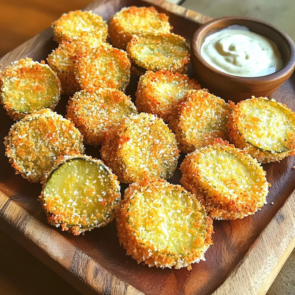 - 1 cup dill pickle slices (fresh or jarred) - 1 cup buttermilk - 1 cup all-purpose flour - 1 teaspoon garlic powder - 1 teaspoon onion powder - 1 teaspoon paprika - ½ teaspoon cayenne pepper (optional, for a spicy kick) - 1 cup breadcrumbs (Panko recommended for extra crunch) - Olive oil spray - Salt and pepper to taste When I make air fryer fried pickles, I start with the right ingredients. Dill pickle slices are key. You can use fresh or jarred ones. Both have unique flavors that work well. Next, I grab buttermilk. This will help the coating stick and add a tasty touch. I also use all-purpose flour to create a solid base. Now, I prepare my seasonings. Garlic powder adds depth. Onion powder gives a sweet kick. Paprika brings color and flavor. If you like heat, add cayenne pepper. It’s optional, but it packs a punch! I finish with my coating ingredients. Panko breadcrumbs work best. They make the pickles extra crispy. A light spray of olive oil helps them brown nicely. Lastly, I sprinkle on salt and pepper to taste. These simple ingredients create a delicious snack that everyone loves! 1. Draining and drying pickle slices: Start by draining your dill pickle slices. Place them in a colander to let excess liquid run off. After that, use paper towels to pat them dry. This step is very important. It helps the pickles turn crispy when cooked. 2. Soaking in buttermilk: Next, take a medium bowl and pour in the buttermilk. Add the dried pickle slices to the bowl. Let them soak for about 30 minutes. This soaking makes the pickles tasty and helps the coating stick better when you fry them. 1. Making the flour mixture: In one shallow dish, mix the all-purpose flour, garlic powder, onion powder, paprika, cayenne pepper, and a pinch of salt and pepper. This mix gives the pickles great flavor. 2. Dredging and coating the pickles: After the soaking time, take one pickle slice. First, dredge it in the flour mixture. Shake off any extra flour. Then dip it back into the buttermilk to moisten it again. Finally, roll it in the breadcrumbs until fully coated. Repeat this for all the pickle slices. 1. Preheating the air fryer: Preheat your air fryer to 400°F (200°C). Do this for about 5 minutes. A hot air fryer helps cook the pickles evenly and quickly. 2. Air frying and cooking times: Place the coated pickle slices in a single layer in the air fryer basket. Lightly spray them with olive oil. This will help them get that nice golden-brown color. Air fry for about 10-12 minutes. Remember to turn the basket halfway through. This helps them cook evenly and get crispy. 3. Serving suggestions: Once the pickles are golden and crispy, take them out carefully. Let them cool for a minute. You can serve them with your favorite dipping sauce, like ranch or spicy mayo. Enjoy the crunchy, tasty snack! To get your fried pickles super crispy, start by drying them well. Moisture can ruin the crunch. Use paper towels to pat the pickle slices dry. This is a key step for the best results. For breadcrumbs, I suggest using Panko. Panko gives a nice, crunchy texture. Regular breadcrumbs work too, but Panko has that extra bite. You can also mix in some crushed cornflakes for a fun twist! You can amp up the flavor by adding spices to the coating. Try adding more garlic powder or even some black pepper. If you like heat, sprinkle in extra cayenne. These small changes can make a big difference. Consider soaking your pickles in something other than buttermilk. You could use pickle juice or even hot sauce for a tangy kick. This can add another layer of flavor to your fried pickles. Each air fryer is slightly different, so you may need to adjust cooking times. If your air fryer runs hot, start with less time. Check on the pickles a few minutes early to avoid burning. Batch cooking is a great idea. Cook in small groups to ensure even crispiness. Don't overcrowd the basket. This way, every pickle will get that golden finish! {{image_4}} To add some heat to your fried pickles, use cayenne pepper. You can add more than half a teaspoon for a spicier kick. If you love heat, try other spices too. Hot paprika or chili powder can work well. Adjust the spice to your taste. You will enjoy the extra flavor boost! To make fried pickles vegan, swap buttermilk for a plant-based milk. You can use almond or soy milk mixed with a bit of vinegar. For breadcrumbs, choose a vegan version. This simple change keeps the crunch while fitting a vegan diet. Enjoy your crispy snack without any animal products! Get creative with different seasonings! You can use Italian herbs like oregano and basil for a fresh taste. BBQ seasoning adds a sweet and smoky flavor. You can even try ranch seasoning for a fun twist. Mix and match to find your favorite flavor blend. Your fried pickles will never be boring! To keep your fried pickles fresh, place them in an airtight container. Let them cool completely before sealing. Refrigerate them to keep the taste intact. They are best enjoyed within 2 to 3 days. If you store them longer, they may lose their crunch. To reheat your fried pickles, use your air fryer for the best results. Set the air fryer to 350°F (175°C). Place the pickles in a single layer and heat for about 5-7 minutes. This method helps maintain their crispy texture. Avoid using the microwave, as it can make them soggy. If you want to freeze fried pickles, let them cool first. Arrange them in a single layer on a baking sheet. Freeze them for about 1 to 2 hours until solid. Then, transfer them to a freezer bag. This method prevents them from sticking together. When you’re ready to enjoy, thaw them in the fridge overnight before reheating. Yes, you can use dill pickle spears. They will still turn out crispy and tasty. Just remember, spears may take a bit longer to cook. Follow the same steps as with slices. Make sure to coat them well. You will get a fun twist on the classic fried pickles. To make your fried pickles gluten-free, swap out the flour and breadcrumbs. Use gluten-free flour and gluten-free breadcrumbs. These changes will help keep the crunch and flavor. Always check the labels to ensure they meet gluten-free standards. This way, you can enjoy a crispy snack without worries. Fried pickles taste great with various dipping sauces. My favorites include: - Creamy ranch - Spicy mayo - Garlic aioli - Honey mustard Each sauce adds a unique touch to the crunchy pickles. Feel free to mix and match to find your perfect pair! You can now easily make delicious air fryer fried pickles at home. We covered ingredients, from dill pickles to a mix of spices. Then, I walked you through the preparation and cooking steps. You learned tips for extra crispiness and flavor choices to mix it up. Try a spicy version or a vegan option to suit your taste. Remember to store any leftovers properly, so they stay tasty. Now, gather your ingredients and start your cooking adventure!