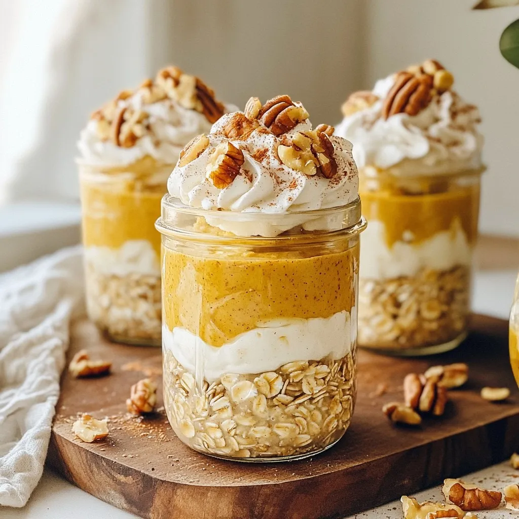 To make your Pumpkin Pie Overnight Oats, you need a few simple ingredients: - 1 cup rolled oats - 1 cup almond milk (or your favorite milk) - 1/2 cup canned pumpkin puree - 1 tablespoon maple syrup - 1 teaspoon ground cinnamon - 1/2 teaspoon ground nutmeg - 1/4 teaspoon ground ginger - 1/4 teaspoon vanilla extract - 1/2 cup Greek yogurt (or a dairy-free option) These ingredients create a creamy and spiced base that tastes like pumpkin pie. Toppings can add flavor and crunch to your oats. Here are some great choices: - Chopped pecans - Whipped cream - Pumpkin seeds You can mix and match these toppings to suit your taste. You can easily change some ingredients to fit your diet: - Use coconut milk or oat milk for a dairy-free option. - Swap maple syrup with honey or agave for a different sweetener. - Replace Greek yogurt with a nut-based yogurt for a vegan choice. These substitutions keep the taste while meeting your needs. {{ingredient_image_1}} To start, gather your ingredients. You will need rolled oats, almond milk, canned pumpkin puree, and Greek yogurt. In a mixing bowl, combine these items. Stir them well to mix. Next, add maple syrup, ground cinnamon, nutmeg, ginger, and vanilla extract. Mix everything until it’s smooth and creamy. Now, divide the mixture into two jars. Make sure you have lids for them. Seal the jars tightly and place them in the refrigerator. Let the oats soak overnight or for at least four hours. This helps the oats absorb the flavors and soften. You’ll wake up to a tasty treat! In the morning, take the jars out. Give the oats a good stir. If you want them creamier, add a splash of almond milk. Now, for the fun part! Top your oats with chopped pecans, a dollop of whipped cream, or pumpkin seeds. This adds crunch and extra flavor. Serve in clear jars to show off the layers. A sprinkle of cinnamon on top makes it look festive! To get the best oat texture, you want to soak the oats well. Use rolled oats, as they absorb liquid nicely. Mixing them with almond milk lets them soften overnight. If you like creamier oats, add more milk in the morning. This helps create a smooth, enjoyable texture. Want to boost flavor? Add a pinch of salt to your mix. This simple trick brings out the sweetness. You can also try adding a spoonful of nut butter for richness. Want some crunch? Toss in chopped pecans or pumpkin seeds before serving. A sprinkle of cinnamon on top adds warmth and spice. Make your mornings easier by preparing these oats ahead of time. You can whip them up in just 10 minutes. Store them in jars, so they’re ready to grab. This saves you time and hassle during busy mornings. Just remember to stir well before eating for the best taste! Pro Tips Choose the Right Oats: Using rolled oats is ideal for overnight oats as they absorb liquid well without becoming mushy. Mind the Sweetness: Adjust the amount of maple syrup according to your taste preference and the sweetness of the pumpkin puree. Experiment with Toppings: Add variety with toppings like granola, fresh fruit, or a drizzle of nut butter to enhance flavor and texture. Make Ahead in Batches: Prepare multiple jars at once to have a quick and nutritious breakfast ready for the week. {{image_2}} You can easily make these oats vegan. Swap the Greek yogurt for a dairy-free yogurt. Use almond milk or any plant-based milk you like. This keeps the creamy texture while making it vegan-friendly. You can still enjoy the rich pumpkin flavor with all the spices. Want to change things up? You can add cocoa powder for a chocolate twist. Try mixing in some peanut butter or almond butter for a nutty taste. You can even use chai spice for a warm, cozy flavor. Feel free to mix and match spices based on what you enjoy. Use fresh apples or pears in the fall for a fun touch. You can also add cranberries for a tart flavor. In winter, add some chopped citrus fruits for brightness. Seasonal ingredients make your oats exciting and keep them fresh. Explore your local market for the best options! To keep your Pumpkin Pie Overnight Oats fresh, store them in airtight containers. Glass jars work well because they don’t absorb odors. Make sure to seal the lids tightly. You can store them in the fridge for easy access. These oats last up to five days in the fridge. The flavors blend better over time. For the best taste, eat them within three days. If you notice any changes in smell or color, it's safer to discard them. Always check for freshness before enjoying. You can eat these oats cold right from the fridge. If you prefer warm oats, microwave them for about 30 seconds. Stir well and check the temperature. Add a splash of almond milk if they are too thick. Enjoy your creamy, pumpkin-flavored treat! Yes, you can use quick oats. They will soak up liquid faster than rolled oats. This can change the texture, making them softer. If you prefer creamier oats, quick oats are a good choice. However, rolled oats give a nice chew that many enjoy. Each serving has about 250 calories. This includes oats, pumpkin puree, and Greek yogurt. The exact number can change based on your toppings. If you add more sweeteners or nuts, the calories will increase. Absolutely! You can prepare these oats for the whole week. Just make several jars at once. Store them in the fridge, and they will stay fresh for up to five days. This is a great way to save time on busy mornings. Pumpkin Pie Overnight Oats are a tasty and easy meal. We covered the main ingredients, toppings, and substitutions to fit your needs. I shared step-by-step instructions for preparation and serving. There are tips for texture and flavor, plus meal prep advice for busy mornings. We also explored vegan options and ways to customize. Lastly, we discussed storage and answered common questions. Enjoying this easy recipe lets you start your day right!