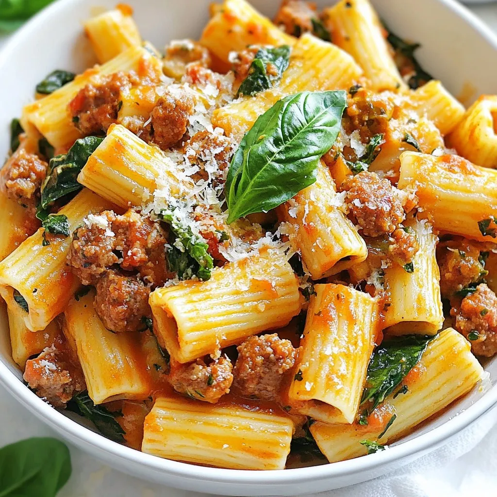 - 12 oz rigatoni pasta - 1 lb Italian sausage (mild or spicy) - 1 cup heavy cream The star of this dish is rigatoni pasta. Its shape holds sauces well, making each bite rich. I love using Italian sausage, either mild or spicy. The flavors from the sausage give this dish a hearty taste. Heavy cream adds a smooth texture, making the sauce creamy and indulgent. - 1 tablespoon olive oil - 1 cup chicken broth - 1 teaspoon Italian seasoning You need olive oil to cook the sausage. It adds flavor and helps prevent sticking. Chicken broth adds depth to the sauce. The Italian seasoning brings in classic flavors like oregano and basil. These staples are easy to find and elevate the dish. - 2 cups fresh spinach - ½ teaspoon red pepper flakes (adjust for spice) - ¾ cup grated Parmesan cheese Fresh spinach is a great way to add color and nutrition. It wilts quickly and blends well into the sauce. Red pepper flakes let you control the heat. If you like spice, add more. Grated Parmesan cheese on top finishes the dish. It adds a salty bite and enhances the creaminess. {{ingredient_image_1}} Start by bringing a large pot of salted water to a boil. Use about 1 tablespoon of salt for every quart of water. This adds flavor to the pasta. Once the water is boiling, add 12 ounces of rigatoni. Cook it according to the package instructions, which is usually around 10-12 minutes. You want the pasta to be al dente, which means it should be firm to the bite. Drain the rigatoni and set it aside. In a large skillet, heat 1 tablespoon of olive oil over medium heat. Add 1 pound of Italian sausage, removing the casing first. Break the sausage into smaller pieces with a wooden spoon. Brown the sausage for about 5-7 minutes. Make sure it cooks evenly. Stir it often to avoid burning and to get a nice golden color. Once the sausage is browned, add 1 small chopped onion. Cook this for about 3-4 minutes until it becomes soft and translucent. Next, add 3 cloves of minced garlic. Cook it for about 1 minute until you smell its aroma. Then, pour in 1 cup of chicken broth and scrape the bottom of the skillet. This releases the flavorful bits stuck to the pan. Let it simmer for about 3 minutes. Now, turn the heat to low and add 1 cup of heavy cream and ¾ cup of grated Parmesan cheese. Stir until the cheese melts and the sauce is smooth. Add 2 cups of fresh spinach and stir until it wilts in about 2 minutes. Season the sauce with salt and pepper to taste. Finally, fold in the cooked rigatoni. Toss everything gently until the pasta is well coated with the creamy sauce. To get the best creamy texture, pay attention to your cheese and cream ratios. Use a full cup of heavy cream and three-quarters of a cup of Parmesan cheese. This combo creates a rich sauce. To avoid curdling, keep the heat low when adding cream. Stir the sauce gently and do not let it boil after adding the cream. Adjust the spice levels easily by adding red pepper flakes. Start with half a teaspoon, then taste. You can add more if you want extra heat. For different flavors, try using garlic powder or smoked paprika. Both will add depth to your dish. Serve your creamy Italian sausage rigatoni in deep bowls. This makes it look more inviting. Garnish each bowl with fresh basil leaves. A sprinkle of extra Parmesan cheese on top adds a nice touch. Choose wide, shallow dishes to show off the beautiful sauce and colors. Pro Tips Choose Your Sausage Wisely: The type of Italian sausage you choose will significantly affect the flavor of the dish. If you prefer a milder taste, go for mild sausage; for a kick, use spicy sausage. Don't Overcook the Spinach: Add the spinach towards the end of cooking to maintain its vibrant color and nutrients. It should just wilt, not turn mushy. Save Some Pasta Water: Before draining the rigatoni, reserve a cup of pasta cooking water. This starchy water can be added to the sauce to adjust the consistency if needed. Garnish for Freshness: Fresh basil not only enhances the presentation but also adds a burst of flavor. Chop it roughly and sprinkle generously on top before serving. {{image_2}} You can swap out the Italian sausage for chicken or turkey sausage. This change keeps the flavor but reduces fat. If you want a plant-based option, try using meatless sausage. It adds a similar taste without meat. For cream and cheese, use coconut cream or cashew cream for a dairy-free option. Nutritional yeast can replace Parmesan cheese for a cheesy flavor without dairy. These swaps keep the dish rich and satisfying. Rigatoni is great, but you can use penne, fusilli, or farfalle instead. Each shape holds sauce differently, giving you a new experience. If you're gluten-free, choose gluten-free pasta made from rice or lentils. It cooks well and still tastes amazing with the creamy sauce. Adding seasonal veggies brings color and nutrition. Try bell peppers, zucchini, or mushrooms. They add texture and flavor to your dish. To incorporate greens, toss in arugula or kale. You can add them when the sauce simmers. They will wilt quickly and add a fresh taste. This makes your meal even more wholesome and delicious. To keep your creamy Italian sausage rigatoni fresh, store it in an airtight container. This helps to lock in flavor and moisture. Place the container in the fridge right after the dish cools down. The leftovers will last up to three days in the refrigerator. If you want to keep it longer, freezing is a good option. When it comes to reheating, you have two good options: the microwave or the stovetop. The microwave is quick but can dry out the dish. If you use it, heat in short bursts, stirring in between. The stovetop is better for keeping the creaminess. Just add a splash of chicken broth or cream, then heat over low. Stir gently and watch it closely. To freeze creamy pasta dishes like this one, let it cool completely first. Then, divide into meal-sized portions and place in freezer bags. Remove as much air as possible before sealing. For best results, use within three months. When you're ready to eat, thaw in the fridge overnight. Reheat gently to bring back that creamy texture. You can use several options instead of heavy cream. Common dairy substitutes include: - Half-and-half - Whole milk with butter - Greek yogurt For non-dairy options, try: - Coconut cream - Cashew cream - Almond milk with a thickener Each choice will change the taste and texture. Experiment to find your favorite! Yes, you can prepare this dish in advance. Here are some tips to help: - Cook the rigatoni but do not mix with the sauce. - Store the sauce separately in the fridge. - Combine before serving. This way, your pasta stays firm. Just reheat the sauce and mix when ready to eat. If you want more heat, try these ideas: - Add more red pepper flakes. - Use spicy Italian sausage. - Stir in a dash of hot sauce. Start slow and taste as you go. You can always add more spice! This blog post detailed how to create a creamy rigatoni dish. We covered main ingredients like rigatoni, Italian sausage, and heavy cream. I shared tips for cooking and building a flavorful sauce. You learned about optional add-ins, variations, and proper storage. Remember, cooking is about having fun and experimenting with flavors. Enjoy your pasta, and don't hesitate to mix it up as you see fit!