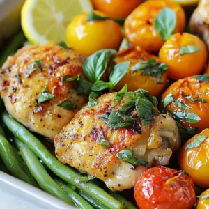 - 4 boneless, skinless chicken thighs - 2 cups green beans, trimmed - 1 cup cherry tomatoes, halved - 3 cloves garlic, minced - 1 teaspoon smoked paprika - ½ teaspoon dried oregano - ½ teaspoon onion powder - 2 tablespoons olive oil - Salt and pepper to taste - Zest of 1 lemon - Juice of 1 lemon - Fresh basil leaves for garnish (optional) Gathering fresh ingredients is key to this dish. You want vibrant green beans and juicy cherry tomatoes. The chicken thighs should be tender and flavorful. Fresh garlic adds a nice kick. Each spice plays a role, like the smoked paprika, which gives warmth. When you grab your ingredients, think about how they work together. The olive oil helps the spices stick to the chicken. Lemon zest and juice brighten the whole meal. Feel free to play around with the amounts to suit your taste. You might wonder why I suggest fresh basil. It adds a pop of color and flavor at the end. Even if you skip it, the dish will still taste great. But if you have some, use it! Now, with your ingredients ready, you are one step closer to a delicious meal. Enjoy the process of cooking; it’s where the magic happens! {{ingredient_image_1}} First, mix the marinade in a large bowl. Add these ingredients: - 2 tablespoons olive oil - 1 teaspoon smoked paprika - ½ teaspoon dried oregano - ½ teaspoon onion powder - 3 cloves garlic, minced - Zest of 1 lemon - Salt and pepper to taste Stir well until everything combines. Next, add the chicken thighs into the bowl. Make sure the chicken is fully coated with the marinade. Let it sit for about 15 minutes. This helps the flavors soak in while you prepare the vegetables. Now it's time to prep the green beans and cherry tomatoes. Start by trimming the green beans. Cut off the ends so they look neat. Then, take the cherry tomatoes and cut them in half. This will help them cook evenly and release their juices. Grab a large oven-safe skillet. Arrange the marinated chicken thighs in a single layer. Space them out for even cooking. Next, surround the chicken with the trimmed green beans and halved cherry tomatoes. Squeeze the lemon juice over the entire dish for a bright, fresh flavor. Now, place the skillet in your preheated oven at 400°F (200°C). Roast it for about 25 to 30 minutes. The chicken should reach an internal temperature of 165°F (74°C), and the green beans will be tender yet still bright. For that perfect crispy finish, broil the dish for an extra 3 to 5 minutes. Keep an eye on it to avoid burning. Once done, take the skillet out and let it rest for a few minutes before serving. This simple roast meal looks great right from the pan or on a platter, garnished with fresh basil if you like. Marinating chicken improves its flavor and tenderness. I suggest marinating for at least 15 minutes. This time allows the chicken to soak up the flavors. If you have more time, go for 30 minutes or even overnight for deeper flavor. When coating the chicken, place it in a bowl with the marinade. Use your hands or a spoon to ensure an even coating. This way, each bite is packed with taste. The oven should be set to 400°F (200°C) for roasting. This temperature gives the chicken a nice, golden finish while cooking the green beans perfectly. To check if the chicken is done, use a meat thermometer. It should read 165°F (74°C) in the thickest part. If you don’t have a thermometer, cut into the thickest part. The juices should run clear, not pink. For a rustic look, serve the dish directly from the pan. This adds charm and makes it easy for everyone to help themselves. If you want something fancier, transfer the chicken and veggies to a large platter. Add lemon wedges and fresh basil on top for a pop of color. This small touch makes your meal look gourmet. Pro Tips Marination Time: Allowing the chicken to marinate for at least 15 minutes enhances the flavors. For an even more intense taste, consider marinating it for a few hours in the refrigerator. Vegetable Variations: Feel free to mix in other vegetables like bell peppers or zucchini for added flavor and nutrition. Just ensure they have similar cooking times. Checking Doneness: Always use a meat thermometer to check that the chicken reaches an internal temperature of 165°F (74°C) for safety and optimal juiciness. Serving Tip: For an elegant presentation, drizzle some balsamic reduction over the chicken and vegetables just before serving for a touch of sweetness and color. {{image_2}} You can switch out the chicken thighs for chicken breasts. Breasts cook faster, so adjust your time. You can also use turkey for a leaner option. Turkey thighs work well too; they add flavor and moisture. Each choice brings its own taste to the dish. Feel free to mix up the veggies! Bell peppers add sweetness and crunch. Zucchini cooks quickly and absorbs flavors nicely. Carrots bring a bit of color and a touch of earthiness. You can even toss in some broccoli for a healthy twist. The key is to use what you love. Want to boost the flavor? Try adding fresh herbs like thyme or rosemary. These herbs pair well with chicken and give a fragrant aroma. You can also add a pinch of red pepper flakes for heat. Experiment with different spices to find your favorite blend. The goal is to make it your own! To store leftovers, place them in an airtight container. Make sure to cool the dish to room temperature first. This helps keep the chicken and green beans fresh. You can store it in the fridge for up to 3 days. After that, the flavors may fade and the texture can change. For reheating, you have two good options. You can use the oven or the microwave. To reheat in the oven, preheat it to 350°F (175°C). Place the dish in an oven-safe container and cover it with foil. Heat for about 15-20 minutes, or until warmed through. If you use the microwave, place the food in a microwave-safe bowl. Heat in 1-minute intervals until hot. You can freeze this dish for future meals. Just make sure to cool it completely first. Then, place it in a freezer-safe container or a heavy-duty freezer bag. It will keep well for up to 3 months. When you’re ready to eat, thaw it in the fridge overnight. Then reheat as mentioned above. This makes dinner planning easy! Yes, you can use frozen chicken thighs. Just make sure to thaw them before cooking. To thaw, place the chicken in the fridge overnight or use the microwave's defrost setting. After thawing, pat the chicken dry. This helps the marinade stick better. If you lack smoked paprika, don’t worry! You can use regular paprika for a milder flavor. Another option is to mix sweet paprika with a touch of cayenne pepper. This will add some heat and depth to the dish. Check the chicken's internal temperature with a meat thermometer. It should reach 165°F (74°C). If you don’t have a thermometer, look for clear juices when you cut into the chicken. The meat should no longer be pink inside. This blog post covered a simple and tasty dish using chicken thighs and vibrant vegetables. You learned how to prepare a flavorful marinade, roast the dish, and make it look great on the table. Remember the tips for marinating, cooking, and storing leftovers. You can swap proteins and veggies to fit your taste. This dish is easy to make and perfect for any meal. Enjoy the deliciousness you create, and don't hesitate to get creative in the kitchen!