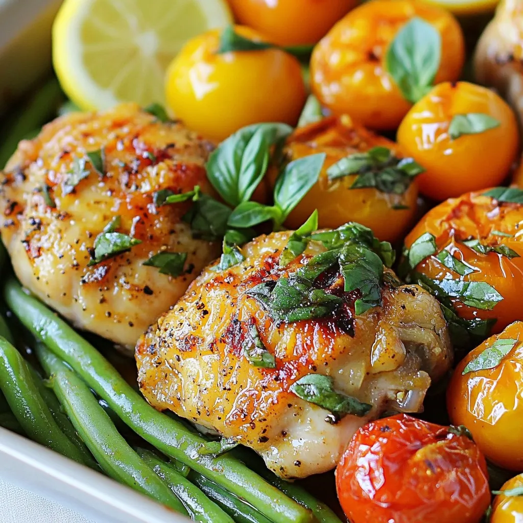 - 4 boneless, skinless chicken thighs - 2 cups green beans, trimmed - 1 cup cherry tomatoes, halved - 3 cloves garlic, minced - 1 teaspoon smoked paprika - ½ teaspoon dried oregano - ½ teaspoon onion powder - 2 tablespoons olive oil - Salt and pepper to taste - Zest of 1 lemon - Juice of 1 lemon - Fresh basil leaves for garnish (optional) Gathering fresh ingredients is key to this dish. You want vibrant green beans and juicy cherry tomatoes. The chicken thighs should be tender and flavorful. Fresh garlic adds a nice kick. Each spice plays a role, like the smoked paprika, which gives warmth. When you grab your ingredients, think about how they work together. The olive oil helps the spices stick to the chicken. Lemon zest and juice brighten the whole meal. Feel free to play around with the amounts to suit your taste. You might wonder why I suggest fresh basil. It adds a pop of color and flavor at the end. Even if you skip it, the dish will still taste great. But if you have some, use it! Now, with your ingredients ready, you are one step closer to a delicious meal. Enjoy the process of cooking; it’s where the magic happens! {{ingredient_image_1}} First, mix the marinade in a large bowl. Add these ingredients: - 2 tablespoons olive oil - 1 teaspoon smoked paprika - ½ teaspoon dried oregano - ½ teaspoon onion powder - 3 cloves garlic, minced - Zest of 1 lemon - Salt and pepper to taste Stir well until everything combines. Next, add the chicken thighs into the bowl. Make sure the chicken is fully coated with the marinade. Let it sit for about 15 minutes. This helps the flavors soak in while you prepare the vegetables. Now it's time to prep the green beans and cherry tomatoes. Start by trimming the green beans. Cut off the ends so they look neat. Then, take the cherry tomatoes and cut them in half. This will help them cook evenly and release their juices. Grab a large oven-safe skillet. Arrange the marinated chicken thighs in a single layer. Space them out for even cooking. Next, surround the chicken with the trimmed green beans and halved cherry tomatoes. Squeeze the lemon juice over the entire dish for a bright, fresh flavor. Now, place the skillet in your preheated oven at 400°F (200°C). Roast it for about 25 to 30 minutes. The chicken should reach an internal temperature of 165°F (74°C), and the green beans will be tender yet still bright. For that perfect crispy finish, broil the dish for an extra 3 to 5 minutes. Keep an eye on it to avoid burning. Once done, take the skillet out and let it rest for a few minutes before serving. This simple roast meal looks great right from the pan or on a platter, garnished with fresh basil if you like. Marinating chicken improves its flavor and tenderness. I suggest marinating for at least 15 minutes. This time allows the chicken to soak up the flavors. If you have more time, go for 30 minutes or even overnight for deeper flavor. When coating the chicken, place it in a bowl with the marinade. Use your hands or a spoon to ensure an even coating. This way, each bite is packed with taste. The oven should be set to 400°F (200°C) for roasting. This temperature gives the chicken a nice, golden finish while cooking the green beans perfectly. To check if the chicken is done, use a meat thermometer. It should read 165°F (74°C) in the thickest part. If you don’t have a thermometer, cut into the thickest part. The juices should run clear, not pink. For a rustic look, serve the dish directly from the pan. This adds charm and makes it easy for everyone to help themselves. If you want something fancier, transfer the chicken and veggies to a large platter. Add lemon wedges and fresh basil on top for a pop of color. This small touch makes your meal look gourmet. Pro Tips Marination Time: Allowing the chicken to marinate for at least 15 minutes enhances the flavors. For an even more intense taste, consider marinating it for a few hours in the refrigerator. Vegetable Variations: Feel free to mix in other vegetables like bell peppers or zucchini for added flavor and nutrition. Just ensure they have similar cooking times. Checking Doneness: Always use a meat thermometer to check that the chicken reaches an internal temperature of 165°F (74°C) for safety and optimal juiciness. Serving Tip: For an elegant presentation, drizzle some balsamic reduction over the chicken and vegetables just before serving for a touch of sweetness and color. {{image_2}} You can switch out the chicken thighs for chicken breasts. Breasts cook faster, so adjust your time. You can also use turkey for a leaner option. Turkey thighs work well too; they add flavor and moisture. Each choice brings its own taste to the dish. Feel free to mix up the veggies! Bell peppers add sweetness and crunch. Zucchini cooks quickly and absorbs flavors nicely. Carrots bring a bit of color and a touch of earthiness. You can even toss in some broccoli for a healthy twist. The key is to use what you love. Want to boost the flavor? Try adding fresh herbs like thyme or rosemary. These herbs pair well with chicken and give a fragrant aroma. You can also add a pinch of red pepper flakes for heat. Experiment with different spices to find your favorite blend. The goal is to make it your own! To store leftovers, place them in an airtight container. Make sure to cool the dish to room temperature first. This helps keep the chicken and green beans fresh. You can store it in the fridge for up to 3 days. After that, the flavors may fade and the texture can change. For reheating, you have two good options. You can use the oven or the microwave. To reheat in the oven, preheat it to 350°F (175°C). Place the dish in an oven-safe container and cover it with foil. Heat for about 15-20 minutes, or until warmed through. If you use the microwave, place the food in a microwave-safe bowl. Heat in 1-minute intervals until hot. You can freeze this dish for future meals. Just make sure to cool it completely first. Then, place it in a freezer-safe container or a heavy-duty freezer bag. It will keep well for up to 3 months. When you’re ready to eat, thaw it in the fridge overnight. Then reheat as mentioned above. This makes dinner planning easy! Yes, you can use frozen chicken thighs. Just make sure to thaw them before cooking. To thaw, place the chicken in the fridge overnight or use the microwave's defrost setting. After thawing, pat the chicken dry. This helps the marinade stick better. If you lack smoked paprika, don’t worry! You can use regular paprika for a milder flavor. Another option is to mix sweet paprika with a touch of cayenne pepper. This will add some heat and depth to the dish. Check the chicken's internal temperature with a meat thermometer. It should reach 165°F (74°C). If you don’t have a thermometer, look for clear juices when you cut into the chicken. The meat should no longer be pink inside. This blog post covered a simple and tasty dish using chicken thighs and vibrant vegetables. You learned how to prepare a flavorful marinade, roast the dish, and make it look great on the table. Remember the tips for marinating, cooking, and storing leftovers. You can swap proteins and veggies to fit your taste. This dish is easy to make and perfect for any meal. Enjoy the deliciousness you create, and don't hesitate to get creative in the kitchen!