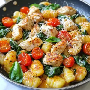 - 1 lb chicken breast - 1 package gnocchi (16 oz) - 4 cloves garlic - 3 tablespoons olive oil Chicken breast is the star of this dish. I prefer to use boneless, skinless chicken breast. It cooks quickly and stays juicy. I cut it into bite-sized pieces for fast cooking. Gnocchi brings a comforting, chewy texture. You can find store-bought gnocchi or make your own if you like. Fresh garlic adds a strong flavor. I always use minced garlic for a rich taste. Olive oil helps cook the chicken and adds a nice sheen to the dish. - 1 cup cherry tomatoes - 1 cup fresh spinach - 1/2 cup grated Parmesan cheese Cherry tomatoes are sweet and juicy. They burst in your mouth, adding freshness. Fresh spinach wilts down nicely and brings vibrant color. It&rsquo;s packed with nutrients, too! Grated Parmesan cheese makes everything creamier and adds a salty kick. I love using this cheese to finish the dish. - 1 teaspoon Italian seasoning - Salt and pepper - Fresh basil leaves Italian seasoning blends many flavors. It usually has herbs like oregano and thyme. Salt and pepper bring out the taste of each ingredient. Fresh basil leaves are perfect for garnishing. They add a pop of color and a lovely aroma. I like to tear them by hand for the best flavor. {{ingredient_image_2}} Pour 2 tablespoons of olive oil into a large skillet. Place it over medium-high heat. You want the oil to shimmer before adding food. This step ensures even cooking and great flavor. Add the diced chicken breast to the skillet. Season it with salt, black pepper, and Italian seasoning. Cook for about 5-7 minutes. Stir occasionally. You want the chicken to turn a nice golden brown and be fully cooked. This gives the dish depth and flavor. While the chicken cooks, bring a pot of salted water to a vigorous boil. Carefully drop in the gnocchi. Cook them for 2-3 minutes. You will know they are done when they rise to the surface. Drain the gnocchi well and set them aside. This step ensures they won't get mushy. Once the chicken is cooked, add the minced garlic to the skillet. Saut&eacute; it for 1 minute. Stir frequently to keep it from burning. Then toss in the halved cherry tomatoes. Cook for another 2-3 minutes. You want the tomatoes to soften and release their juices, adding color and taste. Now add the fresh spinach and the cooked gnocchi to the skillet. Stir gently to mix everything. Let the spinach wilt slightly. This adds a fresh touch and bright color to your dish. Drizzle in the last tablespoon of olive oil. Sprinkle the grated Parmesan cheese over the top. Toss everything together gently until well mixed and heated through. The cheese should melt into the dish, creating a creamy texture. Remove the skillet from heat and let it rest for a minute. This resting time helps all the flavors blend together. To get the best garlic flavor, use fresh garlic cloves. Mince them finely for the most taste. When saut&eacute;ing garlic, heat your skillet first with oil. Add garlic only when the oil is hot. This helps it cook evenly. Stir the garlic often. It cooks fast, so watch it closely. Remove it from heat as soon as it turns golden. This way, it stays sweet and does not burn. To keep leftovers fresh, let your dish cool first. Then, place it in an airtight container. Store it in the fridge for up to three days. If you want to keep it longer, freeze it. Use a freezer-safe container or bag. It can last up to three months. When ready to eat, thaw it in the fridge overnight. To make your dish look great, use a large white plate. This helps the colors pop. Spoon the chicken and gnocchi mix in the center. Garnish with fresh basil leaves and a sprinkle of Parmesan. You can also add a drizzle of olive oil on top. This adds shine and richness. For extra flavor, serve it with a slice of crusty bread. Pro Tips Use Fresh Ingredients: Fresh spinach and tomatoes enhance the flavor and nutritional value of this dish, making it more vibrant and delicious. Don&rsquo;t Overcook the Gnocchi: Gnocchi are done when they float to the surface. Overcooking can make them mushy, so keep an eye on them! Adjust Seasoning to Taste: Feel free to tweak the salt, pepper, and Italian seasoning according to your personal preferences for a customized flavor profile. Add a Kick: For a spicy twist, incorporate red pepper flakes or a dash of hot sauce to elevate the dish's flavor. {{image_4}} You can swap out chicken for other proteins. Here are some options: - Shrimp for a light and quick meal. - Tofu for a vegetarian twist. - Sausage for a hearty flavor. - Turkey for a leaner choice. Each option adds its own taste. Adjust cooking times as needed. For shrimp, cook just until pink. Tofu needs a good sear for better flavor. Sausage should be cooked through before adding other ingredients. Add more veggies to boost nutrition and flavor. Here are some ideas: - Bell peppers for sweetness and crunch. - Zucchini for a mild taste and nice texture. - Green beans for a fresh bite. - Mushrooms for earthiness. You can mix and match your favorites. Just remember to keep the cooking times in mind. Softer veggies like zucchini cook faster than heartier ones like green beans. Cheese can change the whole dish. Here are some tasty alternatives: - Mozzarella for a creamy, melty finish. - Feta for a tangy kick. - Goat cheese for a rich and bold flavor. - Cheddar for a sharp twist. Try different cheeses to find your favorite. You can even mix cheeses for a unique taste. Remember to sprinkle cheese on top for the best melting effect. You can keep leftovers in the fridge for up to three days. Make sure to store them in an airtight container. This helps keep your Minute Garlic Chicken Gnocchi Skillet fresh and tasty. To freeze this dish, let it cool completely first. Then, transfer the meal into a freezer-safe container. Make sure to remove as much air as possible. You can freeze it for up to three months. When you&rsquo;re ready to enjoy it again, thaw it in the fridge overnight. Reheat your skillet dish gently for the best flavor. I recommend using a skillet over low heat. Add a splash of olive oil or water to keep it moist. Stir often until it&rsquo;s heated through. This way, you won&rsquo;t lose any of that delicious taste. It takes about 25 minutes to make this dish. - Prep time: 10 minutes - Cook time: 15 minutes This quick recipe fits into any busy day. You can have a tasty meal ready in no time. Yes, you can use frozen gnocchi. Frozen gnocchi cooks quickly in boiling water. - They may take a minute longer than fresh gnocchi. - Just follow the package instructions for cooking time. Both options taste great, so choose what you have on hand. You can serve many sides with this skillet dish. Here are some ideas: - Salad: A fresh green salad pairs well. - Bread: Crusty bread or garlic bread complements the meal. - Wine: A glass of white wine enhances the flavors. Feel free to mix and match sides to suit your taste! This blog post covered a tasty garlic chicken gnocchi dish you can easily make. We explored each ingredient, cooking steps, and helpful tips. My final thoughts? This dish is not only quick to prepare but also full of flavor. Feel free to experiment with different proteins, veggies, or cheeses. Enjoy this meal with friends or family, and make great memories around the table. Happy cooking!