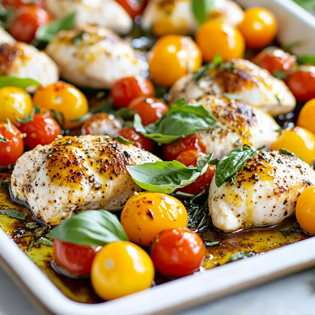 - 4 boneless, skinless chicken breasts - 2 cups cherry tomatoes, halved - 2 cups fresh mozzarella balls (bocconcini) - 1/4 cup fresh basil leaves, chopped - 3 tablespoons balsamic glaze - 2 tablespoons olive oil - 3 cloves garlic, minced - 1 teaspoon dried oregano - Salt and pepper to taste First, preheat your oven to 400°F (200°C). This helps the chicken cook evenly. Next, line a large baking sheet with parchment paper. This makes cleanup easy and prevents sticking. In a small bowl, combine the olive oil, minced garlic, dried oregano, salt, and pepper. Mix well until all ingredients blend together. This marinade adds great flavor to the chicken. Place the chicken breasts on the prepared baking sheet. Brush both sides with the olive oil marinade. Make sure each piece is well coated for maximum flavor. Scatter the halved cherry tomatoes around the chicken. Drizzle with a bit of olive oil and season with salt and pepper. Now, bake in the preheated oven for about 20 minutes. After 20 minutes, take the pan out. Top each chicken breast with mozzarella balls, then return to the oven. Bake for another 10 minutes. The chicken should reach an internal temperature of 165°F (75°C). The cheese will be melty and golden. Once done, drizzle balsamic glaze over the chicken and tomatoes. Garnish with chopped fresh basil before serving. Enjoy your tasty and colorful meal! {{ingredient_image_1}} To make sure your chicken is cooked just right, check the internal temperature. Use a meat thermometer to ensure it reaches 165°F (75°C). This keeps it juicy and safe to eat. For that golden, bubbly cheese topping, keep an eye on your mozzarella. After baking for 20 minutes, add the cheese and return it to the oven for another 10 minutes. Look for a nice melt and a slight golden color. This adds both flavor and visual appeal to your dish. You can serve the Caprese chicken directly from the sheet pan. This gives a casual, rustic look that feels inviting. Just place it on the table and let everyone help themselves. If you prefer a more elegant touch, try plating the chicken individually. Use a clean plate, add a piece of chicken, and top it with a few cherry tomatoes. Drizzle some balsamic glaze over the top and add a few fresh basil leaves for a pop of color. This makes your meal look special and fancy. To store your Caprese Chicken, let it cool first. Place the chicken and veggies in an airtight container. This keeps the dish fresh. You can store it in the fridge for up to three days. Make sure to label it with the date. You can reheat your Caprese Chicken in two ways: the oven or the microwave. For the oven, preheat it to 350°F. Place the chicken on a baking sheet and cover it with foil. Heat for about 15 minutes. This keeps the chicken juicy and the cheese from getting tough. If you use the microwave, place a piece on a microwave-safe plate. Heat it on medium for 1-2 minutes. This method is quick but may change the texture a bit. The total time is about 45 minutes. It takes 15 minutes to prep. Then, bake for 30 minutes. Yes, you can use frozen chicken. Just add about 10 minutes to the cooking time. Make sure to check the internal temperature. It should reach 165°F for safety. You can pair it with garlic bread or a simple salad. Roasted vegetables also make a great side! Pro Tips Marinate for More Flavor: Let the chicken marinate in the olive oil mixture for at least 30 minutes or overnight for a deeper flavor profile. Use Fresh Ingredients: Opt for fresh mozzarella and basil for the best taste and texture in your dish. Experiment with Veggies: Feel free to add other vegetables like bell peppers or zucchini for added color and nutrition. Rest the Chicken: Allow the chicken to rest for a few minutes after baking to retain its juices and ensure tenderness. {{image_2}} This blog post provided a simple guide for making a delicious Caprese chicken sheet pan dinner. We covered key ingredients like chicken, tomatoes, and mozzarella, along with pantry staples to enhance flavor. You learned step-by-step instructions for preparation and cooking. I also shared tips for optimal results and easy ways to customize your dish. To sum up, this recipe offers a tasty meal that’s quick and flexible. Enjoy your cooking and the smiles at the dinner table!