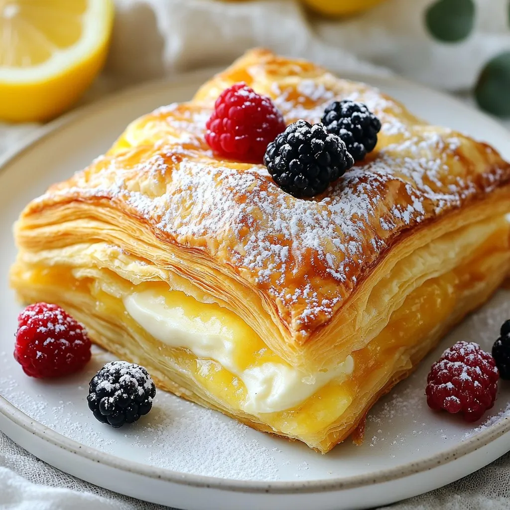 To make these tasty treats, you need just a few simple items. Here’s what you’ll need: - 1 sheet of frozen puff pastry (thawed) - 8 oz cream cheese, softened - 1/4 cup powdered sugar - 1 tsp vanilla extract - 1/2 tsp lemon zest - 1 egg (for egg wash) - 1 tbsp milk (for egg wash) Each ingredient plays a key role. The puff pastry gives a light, flaky texture. Cream cheese adds richness and creaminess. The powdered sugar sweetens the filling, while vanilla and lemon zest add flavor. You can make your cheese Danish even better with fun toppings. Here are some ideas: - Fresh berries - Extra powdered sugar - A drizzle of honey These toppings add color and taste. They also make your Danishes look fancy! If you don’t have some ingredients, don’t worry! Here are some easy swaps: - Use Greek yogurt instead of cream cheese for a lighter option. - Substitute granulated sugar for powdered sugar if needed. - You can skip the lemon zest if you want a milder flavor. These substitutions help you create a delicious treat with what you have at home. {{ingredient_image_1}} First, set your oven to 400°F (200°C). This heat makes the pastry puff up nice and golden. Next, take your thawed puff pastry. Roll it out on a floured surface. This helps smooth out any creases. Cut the pastry into four equal squares. Now, grab a medium bowl. Add 8 oz of softened cream cheese. Mix in 1/4 cup of powdered sugar, 1 tsp of vanilla extract, and 1/2 tsp of lemon zest. Mix until it’s smooth and creamy. This filling adds a rich flavor. Place a generous spoonful of the cream cheese mixture in the center of each square. Take the corners of the square and fold them toward the center. Pinch the corners together to seal the filling inside. In a small bowl, whisk one egg with 1 tbsp of milk. Brush this mixture on the surface of each pastry. This gives a beautiful golden finish when baked. Put the pastries on a lined baking sheet. Bake them for about 15-20 minutes. They should puff up and turn golden brown. Once done, take them out and let them cool slightly. Enjoy your lovely pastries! To get the best puff pastry, keep it cold. Cold pastry puffs up better in the oven. Roll it out gently on a floured surface. Aim for even thickness. If it gets warm, pop it back in the fridge for a few minutes. Cut it into squares, but don’t stress about perfect shapes. Each piece will still turn out lovely. Use softened cream cheese for a smooth mix. This helps it blend well with sugar and vanilla. The lemon zest gives a nice zing. Make sure to mix until creamy and lump-free. This step makes a big difference in taste. You can also add a pinch of salt to enhance the flavors. Serve your cheese Danish warm. This makes them extra tasty. Top with fresh berries for a burst of color and flavor. A dusting of powdered sugar adds sweetness. You can drizzle honey for an extra treat. These Danishes are great for breakfast or as a snack anytime. Enjoying them with coffee or tea is a perfect pairing! Pro Tips Thawing Puff Pastry: Make sure the puff pastry is completely thawed before rolling it out. This ensures that it rolls easily and puffs up nicely when baked. Adjusting Sweetness: Taste the cream cheese filling before adding it to the pastries. You can adjust the sweetness by adding more or less powdered sugar according to your preference. Sealing the Pastry: To prevent the filling from leaking out during baking, ensure that the corners of the pastry are sealed tightly. You can use a fork to crimp the edges for extra security. Experiment with Flavors: Feel free to customize the filling by adding spices like cinnamon or nutmeg, or mix in other ingredients like chocolate chips or nuts for added texture and flavor. {{image_2}} You can make your cheese Danish even better by adding fruit. Fresh berries, like strawberries, blueberries, or raspberries, work well. Just mix a handful of berries into the cream cheese filling. This adds a sweet and tart twist. You can also top the pastries with sliced fruits before baking. Think peaches or apples for a fun change. Want a savory bite? Swap the sweet cream cheese for a mix of cheeses. Try ricotta, feta, or goat cheese. Add fresh herbs like dill or chives for flavor. You can also include cooked spinach or sautéed mushrooms. These ingredients create a tasty treat for brunch or a snack. If you want a lighter option, use low-fat cream cheese. You can also add Greek yogurt for creaminess. For sweetness, try honey instead of powdered sugar. Use whole wheat puff pastry for added fiber. These simple swaps keep the taste delicious while making it healthier. To keep your Easy Puff Pastry Cheese Danish fresh, place them in an airtight container. Store them in the fridge for up to three days. If you want to keep them longer, use foil or plastic wrap to cover each Danish before placing them in the container. This method helps prevent them from drying out. When you're ready to enjoy your leftovers, preheat your oven to 350°F (175°C). Place the Danishes on a baking sheet. Heat them for about 10 minutes, or until warmed through. This gives them a nice crisp outside. You can also use a microwave, but that may make them a bit soggy. If you want to save some for later, you can freeze them. Wrap each Danish tightly in plastic wrap, then place them in a freezer bag. They can stay in the freezer for up to two months. When you're ready to eat, thaw them in the fridge overnight before reheating. Enjoy your tasty treat anytime! Yes, you can use store-bought cream cheese. It saves time and works well. Just make sure it is softened. Soft cream cheese mixes better with the sugar and flavorings. If you use flavored cream cheese, adjust the sugar to taste. Making puff pastry from scratch takes time and effort. You need flour, butter, water, and salt. You layer the butter with the dough and fold it several times. This creates the flaky layers. While it’s fun, using frozen puff pastry makes this recipe easier and faster. If you want to skip the egg wash, use milk or cream. You can also use a mix of water and oil. These options help the pastry get a nice color. They also add a bit of shine. You can store cheese danishes for about 2 days at room temperature. Use an airtight container to keep them fresh. If you want to keep them longer, store them in the fridge for up to a week. Reheat them in the oven for a crispy texture. In this blog post, we explored how to make delicious puff pastry cheese danishes. We covered essential ingredients, step-by-step instructions, and helpful tips. You learned about tasty variations and proper storage methods for leftovers. Remember, with just a few simple steps, you can create your favorite treat. Enjoy experimenting with flavors and textures. Soon, you’ll impress everyone with your baking skills!