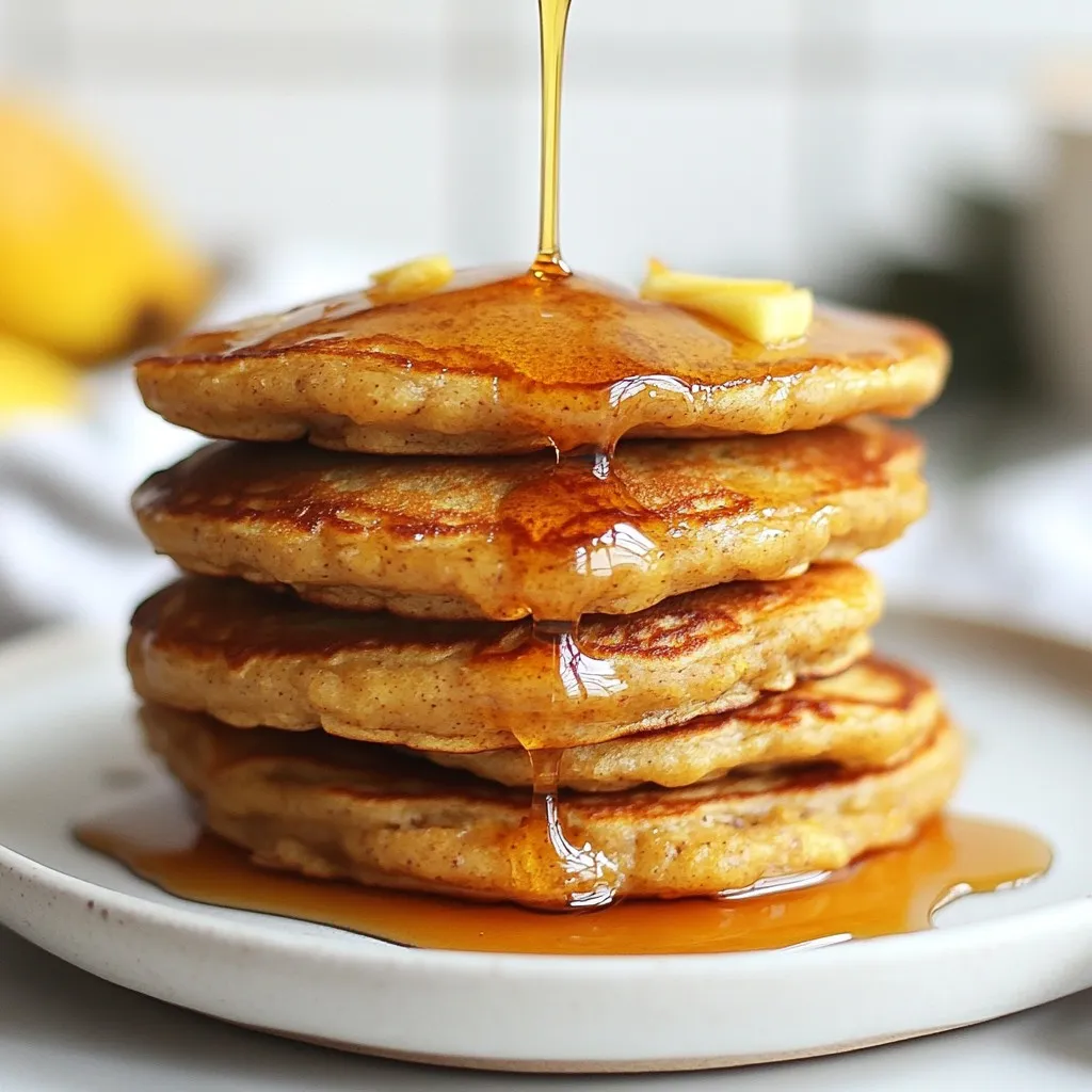 - 2 cups rolled oats - 1 large ripe banana - 1 large apple, peeled and grated - 2 large eggs - 1 teaspoon baking powder - 1 teaspoon ground cinnamon - 1/2 teaspoon vanilla extract - 1/4 cup milk (dairy or non-dairy) - Pinch of salt - Coconut oil or butter for cooking - Maple syrup for serving (optional) You can swap the rolled oats for quick oats. Both work well. If you don’t have a ripe banana, use applesauce instead. It gives a nice sweetness. For milk, try almond or oat milk for a dairy-free option. If you want a lighter flavor, leave out the cinnamon. You can also change the eggs. Use flax eggs as a vegan choice. Just mix 1 tablespoon of ground flaxseed with 2.5 tablespoons of water for each egg. These pancakes make a healthy breakfast. Each pancake has about 140 calories. They are rich in fiber, thanks to the oats and apple. You get protein from the eggs too. The banana adds natural sweetness and potassium. This meal is low in sugar, especially if you skip the syrup. Enjoy these pancakes without guilt! {{ingredient_image_1}} To make oat flour, start with rolled oats. Place 2 cups of rolled oats in a blender. Blend them until they look like flour. This should take about one minute. You want a fine texture, not chunks. Once done, pour the oat flour into a mixing bowl. Next, blend the other ingredients. In the same blender, add one ripe banana, one grated apple, and two eggs. Then, mix in one teaspoon of baking powder, one teaspoon of ground cinnamon, and half a teaspoon of vanilla extract. Pour in a quarter cup of milk and add a pinch of salt. Blend everything until smooth. This should take about 30 seconds. Once you have a smooth mix, pour it into the bowl with the oat flour. Stir the mixture well. It's important to combine them fully. Let the batter sit for about five minutes. This helps it thicken and makes better pancakes. Now, it’s time to cook! Heat a non-stick skillet on medium heat. Add a small amount of coconut oil or butter to the pan to coat it. Use a ladle to pour about a quarter cup of batter for each pancake. Cook for 2-3 minutes. Watch for bubbles on the surface. The edges should start to look set when it’s ready to flip. Carefully flip the pancakes and cook them for another 2-3 minutes. They should turn golden brown. Repeat this step until all the batter is used. If needed, add more oil or butter to the skillet. Serve warm, and if you like, drizzle with maple syrup for a sweet touch. Enjoy these tasty and healthy pancakes! To get the best texture, blend your oats into a fine flour. This step makes your pancakes light and fluffy. Let the batter rest for about five minutes. This waiting time helps the pancakes rise better. When cooking, keep the heat medium. Too high makes the pancakes burn outside and stay raw inside. Flip them only when bubbles form on the surface. This shows they are ready. These pancakes taste great on their own, but you can add more flavor. Drizzle warm maple syrup on top for sweetness. A sprinkle of chopped nuts adds crunch. You can also top with fresh fruit, like sliced bananas or berries. For a twist, try a dollop of yogurt. This adds creaminess and pairs well with the apple. One mistake is not blending the oats enough. If they are not fine, the pancakes can be gritty. Another error is flipping too soon. Wait for bubbles to form; this means they are set. Don't overload the skillet with batter; it can make pancakes stick. Lastly, don't skip the resting time. This step is key for the best texture. Pro Tips Use Ripe Bananas: The riper the banana, the sweeter and more flavorful your pancakes will be. Look for bananas with plenty of brown spots for the best taste. Let the Batter Rest: Allowing the batter to sit for about 5 minutes not only thickens it but also helps the pancakes become fluffier when cooked. Control the Heat: Cooking on medium heat is key. Too high, and the pancakes will brown too quickly on the outside while remaining raw inside. Experiment with Add-ins: Feel free to mix in extras like chopped nuts, dried fruit, or chocolate chips to customize your pancakes to your taste! {{image_2}} You can make these pancakes even more tasty! Try adding fruits like berries or peaches. Chop them small and mix them in the batter. You can also add nuts for crunch. Walnuts or pecans work great. Just remember to chop them up so they blend well. This adds flavor and extra nutrition to your meal. If you want a vegan version, it's easy! Replace the eggs with ground flaxseed or applesauce. For the milk, use almond or oat milk. Both options give the pancakes a nice taste. You won't lose any flavor, and they will still be fluffy and delicious. Want to spice things up? Add a pinch of nutmeg or ginger for warmth. You can also mix in some cocoa powder for a chocolate twist. This makes the pancakes fun and different. Don’t forget to adjust the sugar if you add sweeter items! Each change makes the pancakes a new treat for you to enjoy. To keep your pancakes fresh, place them in an airtight container. You can store them in the fridge for up to three days. Make sure they are completely cool before sealing. This helps prevent moisture, which can make them soggy. Reheat pancakes in a skillet over low heat. Add a small amount of oil or butter to the pan. Heat each side for about one minute, until warm. You can also use the microwave. Place a pancake on a microwave-safe plate and heat for 20-30 seconds. To freeze pancakes, let them cool fully. Stack them with a piece of parchment paper between each pancake. Place the stack in a freezer bag or container. They can last up to three months in the freezer. When ready to eat, thaw them overnight in the fridge or use the microwave to warm them up. Yes, you can use quick oats. They will blend easily. However, they may make the pancakes softer. Rolled oats give a nice texture. If you want a heartier pancake, stick with rolled oats. To make your pancakes fluffier, add an extra egg. You can also increase the baking powder to 1.5 teaspoons. Let the batter rest for longer, about 10 minutes. This helps it rise better while cooking. Yes, these pancakes are gluten-free. Just ensure that your oats are certified gluten-free. Many brands offer this option. Enjoy these tasty pancakes without worry! This blog post covered everything you need to make great pancakes. We looked at ingredients and substitutions, helpful cooking steps, and tips for texture. I also shared ways to personalize your pancakes and detailed storage advice. In the end, making pancakes should be fun and easy. Now you can create your perfect stack. Enjoy the process and get creative with flavors!