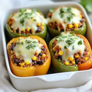 Here’s what you need to make classic stuffed peppers. Gather these fresh and wholesome items: - 4 large bell peppers (any color) - 1 cup quinoa, rinsed - 2 cups vegetable broth - 1 can (15 oz) black beans, drained and rinsed - 1 cup corn (fresh, frozen, or canned) - 1 medium onion, diced - 2 cloves garlic, minced - 1 teaspoon cumin - 1 teaspoon smoked paprika - 1 teaspoon chili powder - Salt and pepper to taste - 1 cup shredded cheese (cheddar or Monterey Jack) - Fresh cilantro or parsley for garnish These ingredients combine to create a tasty, filling meal. You can mix and match some items based on your taste. For example, if you like spice, add more chili powder or hot sauce. If you prefer a milder flavor, reduce the spices. The fresh herbs at the end add a bright touch. Enjoy customizing your stuffed peppers! {{ingredient_image_1}} 1. Preheat your oven to 375°F (190°C). This step is key for even cooking. 2. Grab the bell peppers and cut off their tops. Remove seeds and membranes. Place them upside down in a baking dish. This helps them stay upright. 3. In a medium pot, combine the rinsed quinoa and vegetable broth. Bring it to a boil. Then lower the heat, cover, and let it simmer for about 15 minutes. The quinoa should be fluffy when done. 1. Heat a drizzle of olive oil in a large skillet over medium heat. Add the diced onion and sauté for 3-4 minutes. You want them to become soft and clear. 2. Next, add the minced garlic, cumin, smoked paprika, chili powder, salt, and pepper. Cook this mix for an extra minute. This step gives your dish great flavor. 3. Stir in the black beans and corn. Mix well to combine everything. This adds texture and color to your filling. 4. When the quinoa is ready, add it to the skillet. Stir everything together until well mixed. Remove the skillet from heat. 1. Pour a small amount of water into the bottom of the baking dish. Just cover the bottom. This creates steam while baking. 2. Cover the dish tightly with aluminum foil. Bake for 25 minutes. This helps the peppers cook evenly. 3. After 25 minutes, take off the foil and bake for another 10 minutes. This melts the cheese and makes it bubbly. 4. Once done, let the stuffed peppers cool for a few minutes. Garnish them with fresh cilantro or parsley before serving. - Ensuring quinoa is cooked properly: Always rinse quinoa before cooking. This helps to remove its bitter coating. Cook it in vegetable broth for better flavor. Bring it to a boil, then lower the heat and cover. Let it simmer for about 15 minutes. When it’s fluffy, it’s ready. - Best cheese recommendations: I love using sharp cheddar or Monterey Jack cheese. Both melt well and add rich flavor. If you want a kick, try pepper jack. It brings a nice spice to the dish. - Tips for sautéing vegetables: Use medium heat for sautéing. Start with onions, as they take longer to cook. Add garlic just before the onions finish. This keeps the garlic from burning. You want the onions to be soft and sweet. - Serving suggestions on a platter: Place the stuffed peppers on a bright platter. This makes them look festive and inviting. You can arrange them in a circle or line for a fun display. - Drizzling oils and garnishing techniques: Drizzle some extra virgin olive oil on top for shine. Sprinkle chopped cilantro or parsley for color and freshness. This makes your meal look as good as it tastes. - Suggested spices to elevate flavor: Besides cumin and paprika, consider adding oregano or onion powder. These spices deepen the flavor. A hint of cinnamon can also add warmth. - Adding hot sauce or salsa: For spice lovers, drizzle hot sauce over your peppers. You can also serve them with salsa on the side. This adds a fresh kick and a burst of flavor with every bite. Pro Tips Choose Colorful Peppers: Using a mix of red, yellow, and green bell peppers not only adds visual appeal but also a variety of flavors to your dish. Customize the Filling: Feel free to add other vegetables or proteins like ground turkey or mushrooms to the quinoa filling for a personalized touch. Steam for Moisture: Adding water to the bottom of the baking dish creates steam, preventing the peppers from drying out during baking. Serve with a Sauce: A drizzle of avocado crema or your favorite salsa can elevate the flavors and add a creamy texture to the dish. {{image_2}} You can easily change the ingredients in stuffed peppers. If you want to switch from quinoa to rice, use 1 cup of cooked rice instead. Both grains taste great and are filling. You can also swap out the black beans for other beans like kidney or pinto beans. If you want more protein, try ground turkey or chicken. They add a nice flavor boost. For cheese lovers, shredded cheese is a must. If you're dairy-free, use dairy-free cheese. Brands like Daiya or Violife work well and melt nicely. Stuffed peppers are easy to adapt for different diets. For vegetarians or vegans, stick to the quinoa, beans, and veggies. Just skip the cheese or use a vegan kind. If you need gluten-free options, you're in luck! All the main ingredients are gluten-free. Just ensure any broth or cheese you use is labeled gluten-free. A Mediterranean twist on stuffed peppers can add exciting flavors. Use ingredients like feta cheese, olives, and fresh herbs like oregano or basil. This mix will give your dish a fresh, bright taste. For a Southwestern style, add spices like cumin, chili powder, and even some diced jalapeños. You can also include corn, black beans, and a sprinkle of lime juice for a zesty kick. Each variation makes for a fun meal full of flavor! To store leftover stuffed peppers, let them cool first. Place them in a sealed container. This helps keep them fresh. They can last in the fridge for up to four days. Make sure to check for any signs of spoilage before eating. You can freeze stuffed peppers before or after baking. If you freeze them before baking, wrap each pepper tightly in plastic wrap. Place them in a freezer bag. They can last for up to three months. If freezing after baking, let them cool completely. Then, wrap them and store in an airtight container. For thawing, move the peppers from the freezer to the fridge overnight. This keeps them safe and tasty. To reheat, you can bake them at 350°F (175°C) for about 20 minutes. If you want a quicker option, use the microwave. Making stuffed peppers ahead of time is a great idea for busy weeks. You can prepare the filling and store it in the fridge. This saves time later. When you're ready to eat, just fill the peppers and bake them. For reheating, place them in the oven at a low heat. This helps keep the peppers from getting soggy. You can also add a splash of water to the dish to create steam. This keeps the peppers moist and tasty. How long to bake stuffed peppers at different temperatures? You should bake stuffed peppers at 375°F (190°C) for about 35 minutes. If you're using a lower temp, like 350°F (175°C), it may take about 45 minutes. Always check if the cheese is melted and bubbly. Can you make stuffed peppers in advance? Yes, you can prepare stuffed peppers ahead of time. Just fill the peppers and store them in the fridge. Bake them when you are ready to eat. They can stay fresh for about 24 hours. What other vegetables can be added? You can add diced zucchini, spinach, or mushrooms for more flavor. Chopped tomatoes or carrots also work well. Feel free to mix in your favorite veggies! Caloric breakdown per serving Each serving of stuffed peppers has about 350 calories. This includes the quinoa, beans, and cheese, making it a filling dish. Protein and fiber content in the dish You get about 15 grams of protein and 10 grams of fiber per serving. This makes stuffed peppers a great choice for a healthy meal. Essential kitchen tools needed You will need a baking dish, a medium pot for quinoa, and a large skillet. A knife and cutting board are important for chopping veggies. Best types of baking dishes for stuffed peppers Glass or ceramic dishes are best for baking stuffed peppers. They help cook the peppers evenly and keep them moist. Stuffed bell peppers are easy and fun to make. You learned about ingredients, preparation, cooking, and baking steps. I shared tips for flavor and presentation and offered variations for different diets. Now, you can store your leftovers or meal prep for the week ahead. Experiment with ingredients and flavors to make these peppers your own. Enjoy your cooking journey!