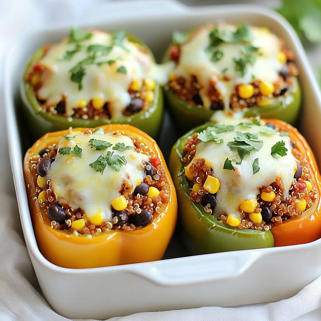 Here’s what you need to make classic stuffed peppers. Gather these fresh and wholesome items: - 4 large bell peppers (any color) - 1 cup quinoa, rinsed - 2 cups vegetable broth - 1 can (15 oz) black beans, drained and rinsed - 1 cup corn (fresh, frozen, or canned) - 1 medium onion, diced - 2 cloves garlic, minced - 1 teaspoon cumin - 1 teaspoon smoked paprika - 1 teaspoon chili powder - Salt and pepper to taste - 1 cup shredded cheese (cheddar or Monterey Jack) - Fresh cilantro or parsley for garnish These ingredients combine to create a tasty, filling meal. You can mix and match some items based on your taste. For example, if you like spice, add more chili powder or hot sauce. If you prefer a milder flavor, reduce the spices. The fresh herbs at the end add a bright touch. Enjoy customizing your stuffed peppers! {{ingredient_image_1}} 1. Preheat your oven to 375°F (190°C). This step is key for even cooking. 2. Grab the bell peppers and cut off their tops. Remove seeds and membranes. Place them upside down in a baking dish. This helps them stay upright. 3. In a medium pot, combine the rinsed quinoa and vegetable broth. Bring it to a boil. Then lower the heat, cover, and let it simmer for about 15 minutes. The quinoa should be fluffy when done. 1. Heat a drizzle of olive oil in a large skillet over medium heat. Add the diced onion and sauté for 3-4 minutes. You want them to become soft and clear. 2. Next, add the minced garlic, cumin, smoked paprika, chili powder, salt, and pepper. Cook this mix for an extra minute. This step gives your dish great flavor. 3. Stir in the black beans and corn. Mix well to combine everything. This adds texture and color to your filling. 4. When the quinoa is ready, add it to the skillet. Stir everything together until well mixed. Remove the skillet from heat. 1. Pour a small amount of water into the bottom of the baking dish. Just cover the bottom. This creates steam while baking. 2. Cover the dish tightly with aluminum foil. Bake for 25 minutes. This helps the peppers cook evenly. 3. After 25 minutes, take off the foil and bake for another 10 minutes. This melts the cheese and makes it bubbly. 4. Once done, let the stuffed peppers cool for a few minutes. Garnish them with fresh cilantro or parsley before serving. - Ensuring quinoa is cooked properly: Always rinse quinoa before cooking. This helps to remove its bitter coating. Cook it in vegetable broth for better flavor. Bring it to a boil, then lower the heat and cover. Let it simmer for about 15 minutes. When it’s fluffy, it’s ready. - Best cheese recommendations: I love using sharp cheddar or Monterey Jack cheese. Both melt well and add rich flavor. If you want a kick, try pepper jack. It brings a nice spice to the dish. - Tips for sautéing vegetables: Use medium heat for sautéing. Start with onions, as they take longer to cook. Add garlic just before the onions finish. This keeps the garlic from burning. You want the onions to be soft and sweet. - Serving suggestions on a platter: Place the stuffed peppers on a bright platter. This makes them look festive and inviting. You can arrange them in a circle or line for a fun display. - Drizzling oils and garnishing techniques: Drizzle some extra virgin olive oil on top for shine. Sprinkle chopped cilantro or parsley for color and freshness. This makes your meal look as good as it tastes. - Suggested spices to elevate flavor: Besides cumin and paprika, consider adding oregano or onion powder. These spices deepen the flavor. A hint of cinnamon can also add warmth. - Adding hot sauce or salsa: For spice lovers, drizzle hot sauce over your peppers. You can also serve them with salsa on the side. This adds a fresh kick and a burst of flavor with every bite. Pro Tips Choose Colorful Peppers: Using a mix of red, yellow, and green bell peppers not only adds visual appeal but also a variety of flavors to your dish. Customize the Filling: Feel free to add other vegetables or proteins like ground turkey or mushrooms to the quinoa filling for a personalized touch. Steam for Moisture: Adding water to the bottom of the baking dish creates steam, preventing the peppers from drying out during baking. Serve with a Sauce: A drizzle of avocado crema or your favorite salsa can elevate the flavors and add a creamy texture to the dish. {{image_2}} You can easily change the ingredients in stuffed peppers. If you want to switch from quinoa to rice, use 1 cup of cooked rice instead. Both grains taste great and are filling. You can also swap out the black beans for other beans like kidney or pinto beans. If you want more protein, try ground turkey or chicken. They add a nice flavor boost. For cheese lovers, shredded cheese is a must. If you're dairy-free, use dairy-free cheese. Brands like Daiya or Violife work well and melt nicely. Stuffed peppers are easy to adapt for different diets. For vegetarians or vegans, stick to the quinoa, beans, and veggies. Just skip the cheese or use a vegan kind. If you need gluten-free options, you're in luck! All the main ingredients are gluten-free. Just ensure any broth or cheese you use is labeled gluten-free. A Mediterranean twist on stuffed peppers can add exciting flavors. Use ingredients like feta cheese, olives, and fresh herbs like oregano or basil. This mix will give your dish a fresh, bright taste. For a Southwestern style, add spices like cumin, chili powder, and even some diced jalapeños. You can also include corn, black beans, and a sprinkle of lime juice for a zesty kick. Each variation makes for a fun meal full of flavor! To store leftover stuffed peppers, let them cool first. Place them in a sealed container. This helps keep them fresh. They can last in the fridge for up to four days. Make sure to check for any signs of spoilage before eating. You can freeze stuffed peppers before or after baking. If you freeze them before baking, wrap each pepper tightly in plastic wrap. Place them in a freezer bag. They can last for up to three months. If freezing after baking, let them cool completely. Then, wrap them and store in an airtight container. For thawing, move the peppers from the freezer to the fridge overnight. This keeps them safe and tasty. To reheat, you can bake them at 350°F (175°C) for about 20 minutes. If you want a quicker option, use the microwave. Making stuffed peppers ahead of time is a great idea for busy weeks. You can prepare the filling and store it in the fridge. This saves time later. When you're ready to eat, just fill the peppers and bake them. For reheating, place them in the oven at a low heat. This helps keep the peppers from getting soggy. You can also add a splash of water to the dish to create steam. This keeps the peppers moist and tasty. How long to bake stuffed peppers at different temperatures? You should bake stuffed peppers at 375°F (190°C) for about 35 minutes. If you're using a lower temp, like 350°F (175°C), it may take about 45 minutes. Always check if the cheese is melted and bubbly. Can you make stuffed peppers in advance? Yes, you can prepare stuffed peppers ahead of time. Just fill the peppers and store them in the fridge. Bake them when you are ready to eat. They can stay fresh for about 24 hours. What other vegetables can be added? You can add diced zucchini, spinach, or mushrooms for more flavor. Chopped tomatoes or carrots also work well. Feel free to mix in your favorite veggies! Caloric breakdown per serving Each serving of stuffed peppers has about 350 calories. This includes the quinoa, beans, and cheese, making it a filling dish. Protein and fiber content in the dish You get about 15 grams of protein and 10 grams of fiber per serving. This makes stuffed peppers a great choice for a healthy meal. Essential kitchen tools needed You will need a baking dish, a medium pot for quinoa, and a large skillet. A knife and cutting board are important for chopping veggies. Best types of baking dishes for stuffed peppers Glass or ceramic dishes are best for baking stuffed peppers. They help cook the peppers evenly and keep them moist. Stuffed bell peppers are easy and fun to make. You learned about ingredients, preparation, cooking, and baking steps. I shared tips for flavor and presentation and offered variations for different diets. Now, you can store your leftovers or meal prep for the week ahead. Experiment with ingredients and flavors to make these peppers your own. Enjoy your cooking journey!