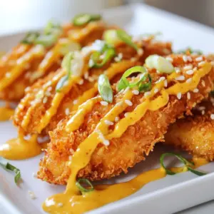 To make Crispy Bang Bang Chicken, you need these main ingredients: - 1 lb (450g) chicken tenderloins - 1 cup all-purpose flour - 2 large eggs - 2 cups panko breadcrumbs - Vegetable oil for frying These ingredients create a crunchy and flavorful base. The chicken tenderloins cook quickly and stay juicy. The Bang Bang sauce adds a zesty kick. For this sauce, gather: - 1/2 cup mayonnaise - 1 tablespoon sweet chili sauce - 1 tablespoon sriracha (use less for milder heat) - 1 teaspoon honey - 1 teaspoon lime juice This sauce combines creamy and spicy flavors. It perfectly complements the crispy chicken. For the crispy coating, you will need: - 1 teaspoon garlic powder - 1 teaspoon paprika - 1/2 teaspoon cayenne pepper (adjust for heat) - Salt and pepper to taste These seasonings give the chicken a delicious flavor. They add warmth and depth to each bite. {{ingredient_image_1}} To start, grab a small bowl. Add 1/2 cup of mayonnaise. Mix in 1 tablespoon of sweet chili sauce. Then, add 1 tablespoon of sriracha. This can be spicy, so adjust it to your taste. Next, stir in 1 teaspoon of honey and 1 teaspoon of lime juice. Whisk everything until it blends well. Set this sauce aside. It will add a burst of flavor to your chicken. Now, let&rsquo;s get the chicken ready. Take 1 lb of chicken tenderloins. In a shallow dish, mix 1 cup of all-purpose flour. Add 1 teaspoon of garlic powder, 1 teaspoon of paprika, and 1/2 teaspoon of cayenne pepper. Season with salt and pepper to taste. In another dish, beat 2 large eggs. Then, place 2 cups of panko breadcrumbs in a third dish. To coat the chicken, dip each tenderloin into the flour first. Shake off any extra flour. Next, dip it into the beaten eggs. Let the excess egg drip off. Finally, roll the chicken in panko breadcrumbs. Press lightly to make sure the crumbs stick well. Heat about 1/2 inch of vegetable oil in a large skillet over medium-high heat. Wait until the oil shimmers. Then, carefully add the breaded chicken in batches. Avoid crowding the pan. Fry each piece for about 3-4 minutes on each side. Look for a golden brown color. Use a meat thermometer to check if the inside reaches 165&deg;F (75&deg;C). Once cooked, remove the chicken from the oil. Place it on a paper towel-lined plate to drain any extra oil. Now, your crispy chicken is ready! You can toss it in some Bang Bang sauce or serve the sauce on the side for dipping. To make crispy chicken, start with the right coating. I use a mix of flour, spices, and panko breadcrumbs. The panko gives that extra crunch. First, dip the chicken in seasoned flour. Shake off the extra flour. Then, dip it in beaten eggs. Finally, roll it in panko. Press down gently to help it stick. Key steps for crispiness: - Use fresh panko breadcrumbs. - Ensure oil is hot enough before frying. - Don't overcrowd the pan. This keeps the temperature steady. The Bang Bang sauce can be mild or spicy, depending on your taste. Start with the base of mayonnaise, sweet chili sauce, and honey. Add sriracha slowly. Taste as you go. If you want more heat, add more sriracha or cayenne pepper. Tips for spice control: - Use less cayenne for a milder sauce. - Add lime juice for a zesty kick. - Always mix well to blend the flavors. For perfectly fried chicken, keep a few tips in mind. Always check the oil temperature. It should shimmer but not smoke. Use a thermometer to ensure the chicken is fully cooked. The inside should reach 165&deg;F (75&deg;C). Best frying practices: - Fry in small batches to avoid steaming. - Let the chicken drain on paper towels after frying. - Serve immediately for the best texture and taste. These tips will help you achieve crispy, flavorful Bang Bang Chicken every time! Pro Tips Use a Meat Thermometer: Ensure your chicken is perfectly cooked by checking the internal temperature with a meat thermometer; it should reach 165&deg;F (75&deg;C). Customize the Spice Level: Adjust the amount of cayenne pepper and sriracha in the Bang Bang sauce to suit your heat preference for a personalized flavor. Double-Bread for Extra Crispiness: For an even crunchier texture, consider double-breading your chicken by repeating the flour and egg steps before coating with panko. Let the Oil Heat Properly: Make sure the oil is hot enough before adding the chicken; if it&rsquo;s not hot enough, the chicken will absorb more oil and become greasy. {{image_2}} You can make your Bang Bang Chicken spicier. Add more cayenne pepper when you mix the flour. If you want a kick, increase the sriracha in the sauce. You can also add diced jalape&ntilde;os to the coating for extra heat. Another option is to use hot chili oil in the sauce. This adds a great depth of flavor. If you need a gluten-free version, try using almond flour or coconut flour. Both work well as a breading. For a corn-free option, use crushed rice crackers instead of panko. This keeps the crunch while avoiding corn. You can also mix in some ground seeds for added texture and flavor. Crispy Bang Bang Chicken pairs well with many sides. Try serving it with steamed broccoli or a fresh salad for balance. Rice or quinoa also make excellent choices. You can create a fun meal by adding some spring rolls or fried rice. Don't forget to drizzle some extra Bang Bang sauce on top for added flavor! After enjoying your Crispy Bang Bang Chicken, let it cool. Place the chicken in an airtight container. Keep it in the fridge. It stays fresh for up to three days. For best taste, eat it soon. To reheat, use an oven for crispiness. Preheat the oven to 350&deg;F (175&deg;C). Place the chicken on a baking sheet. Heat for about 10-15 minutes. You can also use an air fryer. This method keeps the chicken crispy. For longer storage, freeze the chicken. Wrap each piece in plastic wrap. Then, place them in a freezer bag. Remove as much air as possible. You can freeze it for up to three months. To enjoy later, thaw in the fridge overnight before reheating. Bang Bang Chicken is a tasty dish made with crispy chicken tenderloins. It gets its name from the spicy Bang Bang sauce that adds a kick. This sauce is creamy, sweet, and spicy. It mixes mayonnaise, sweet chili sauce, and sriracha. You can enjoy it as an appetizer or a main dish. Yes, you can use other parts like chicken breasts or thighs. Just make sure to cut them into even pieces. This helps them cook evenly. Thighs can add more flavor, while breasts are leaner. Adjust the cooking time if you use larger pieces. It takes about 20 minutes to prep and 20 minutes to cook. Overall, you need about 40 minutes to make this dish. Fry each piece for 3 to 4 minutes until golden brown. Always check that the chicken reaches 165&deg;F (75&deg;C) inside. You can serve Bang Bang Chicken with several sides. Rice or noodles are great options. A fresh salad adds a nice crunch. You can also pair it with steamed veggies for color and taste. Don't forget to serve extra Bang Bang sauce for dipping! No, traditional Bang Bang sauce is not vegan-friendly. It contains mayonnaise, which is made from eggs. You can make a vegan version using plant-based mayo. This keeps the flavor but makes it suitable for a vegan diet. This blog post covered how to make tasty and crispy Bang Bang Chicken. We explored the key ingredients, from the chicken to the delicious Bang Bang sauce. I shared easy step-by-step instructions, plus tips for perfecting your dish. We looked at variations to suit different tastes and options for storing leftovers. Overall, the process is simple and fun. You'll impress yourself and others with this dish. Enjoy the cooking, and remember to get creative with flavors!