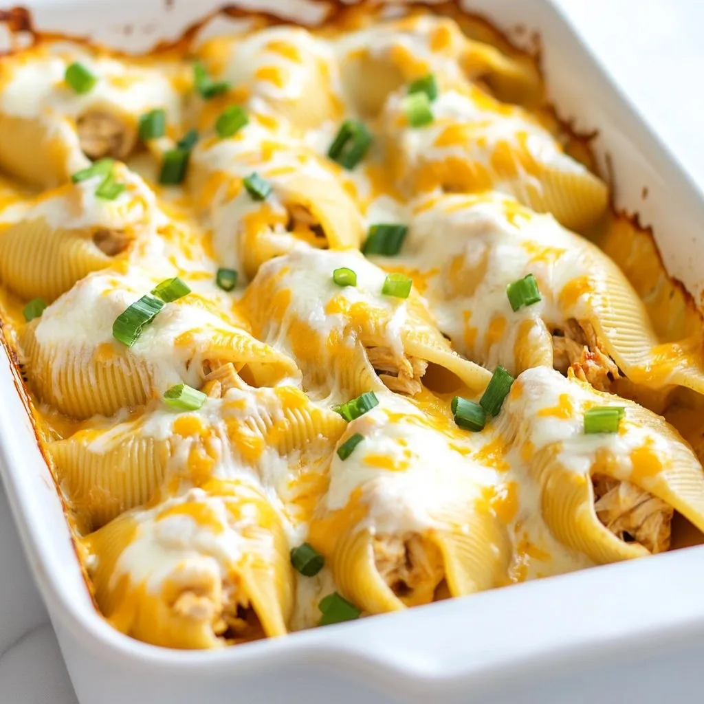 - 20 jumbo pasta shells - 2 cups cooked chicken, shredded - 1 cup buffalo sauce (adjust for heat preference) - 1 cup cream cheese, softened - 1 cup ranch dressing - 1 cup mozzarella cheese, shredded - 1/2 cup blue cheese crumbles (optional) - 2 tablespoons green onions, sliced for garnish - Salt and pepper to taste - Cooking spray or oil for greasing the baking dish - Extra buffalo sauce for drizzling - Fresh herbs like parsley or cilantro for garnish - Diced celery for crunch - Use Greek yogurt instead of ranch dressing for a lighter twist. - Swap shredded chicken with shredded rotisserie turkey for variety. - Try different cheeses, like pepper jack for a spicy kick. {{ingredient_image_1}} Making creamy buffalo chicken stuffed shells is fun and simple. You’ll need about 50 minutes. This meal serves four. First, we cook the pasta shells, then mix the filling. Lastly, we bake and serve. 1. Preheat your oven to 375°F (190°C). This step warms the oven for baking. 2. Boil salted water in a large pot. Cook the jumbo shells until they are al dente. Check the package for timing. Drain the shells and let them cool a bit. 3. In a large bowl, mix the shredded chicken with buffalo sauce. Add cream cheese, ranch dressing, and half of the mozzarella cheese. If you like, add blue cheese. Stir until everything is well combined. Add salt and pepper to taste. 4. Grease a 9x13-inch baking dish with cooking spray or oil. This keeps the shells from sticking. 5. Stuff each shell with the chicken mixture. Place the stuffed shells in the baking dish in a single layer. 6. Sprinkle the remaining mozzarella cheese on top of the shells. This gives them a nice cheesy crust. 7. Cover the dish with aluminum foil. Bake for 20 minutes in your preheated oven. 8. After 20 minutes, take off the foil. Bake for another 10 minutes. This lets the cheese melt and bubble. Once the shells are done, take them out of the oven. Let them cool for a few minutes. This helps with serving. Garnish with sliced green onions for a fresh touch. Enjoy your creamy buffalo chicken stuffed shells hot, and watch everyone love this dish! To get the best jumbo shells, boil them in salted water. Cook until they are al dente; this makes them firm enough to hold the filling. Drain the shells and let them cool slightly. This helps you handle them without burning your fingers. Make sure not to overcook the shells. If they are too soft, they might break when you stuff them. If you have leftovers, store them in an airtight container. They will last in the fridge for up to three days. To reheat, place them in a baking dish. Cover with foil to keep them moist. Bake at 350°F (175°C) for about 20 minutes. Make sure the center is hot before serving. You can also microwave them if you want a quicker option. One common mistake is overstuffing the shells. Stuff them just enough so they hold together. Another mistake is forgetting to season the filling. Always taste your mixture before stuffing. Finally, don’t skip the foil cover when baking. This helps the cheese melt evenly and keeps your dish moist. Pro Tips Cook the Shells Al Dente: For the best texture, ensure you cook the jumbo shells just until al dente. They will continue to cook in the oven, preventing them from becoming mushy. Adjust the Heat: Customize the spice level by adjusting the amount of buffalo sauce. Start with less if you're unsure, and you can always add more to taste before stuffing the shells. Cheese Variations: Feel free to swap out the mozzarella for other cheeses like cheddar or pepper jack for a different flavor profile. This can add a nice twist to your stuffed shells. Make Ahead: Prepare the stuffed shells in advance and store them in the refrigerator. When you're ready to bake, just increase the baking time slightly to ensure they're heated through. {{image_2}} You can change up the flavor of your stuffed shells by using different sauces. If you prefer a milder taste, try using a barbecue sauce. For a tangy twist, go for a sweet chili sauce. You can even mix buffalo sauce with ranch dressing for a creamy kick. Each sauce gives your dish a new life. Not a fan of chicken? No problem! You can swap in shredded turkey or cooked ground beef. For a lighter option, try shredded rotisserie chicken. If you want to go plant-based, use shredded jackfruit or tempeh. These alternatives will still give you that hearty feel. You can easily make these shells vegetarian. Just skip the meat and add more veggies. Consider using sautéed spinach, mushrooms, or zucchini. Mixing in some black beans or lentils adds protein too. You can keep the cream cheese and ranch dressing for flavor. This way, everyone can enjoy a tasty meal! To store your Creamy Buffalo Chicken Stuffed Shells, let them cool first. Place them in an airtight container. Make sure to keep them in the fridge. They stay fresh for up to three days. This helps keep the flavors intact. If you want to freeze your leftovers, use a freezer-safe container. You can freeze them for up to two months. Wrap the dish tightly with plastic wrap, then foil. This prevents freezer burn. When you're ready to eat, just thaw them overnight in the fridge. Reheating is easy. Preheat your oven to 350°F (175°C). Place the stuffed shells in a baking dish. Add a splash of water or extra buffalo sauce to keep them moist. Cover with foil to avoid drying out. Heat for about 20 minutes or until hot. You can also use the microwave for quick meals. Just heat in short bursts until warm. Enjoy your tasty meal! The best way to reheat these stuffed shells is in the oven. Preheat your oven to 350°F (175°C). Place the shells in a baking dish and cover them with foil. Heat for about 15 to 20 minutes. If you want them extra cheesy, remove the foil for the last 5 minutes. You can also microwave them. Just place a few shells on a plate and heat for about 2 minutes. Check to see if they are warm throughout. Yes, you can use regular pasta instead of jumbo shells. I suggest using a shape that can hold filling well, like penne or rigatoni. Keep in mind that cooking times may vary. Make sure to adjust the cooking time so your pasta is al dente. Stuffing smaller pasta shapes can be a bit tricky, but it still tastes great! The spice level of these stuffed shells depends on the buffalo sauce you use. You can adjust the spice by choosing a milder sauce or adding less sauce. If you enjoy heat, use a hotter sauce. The cream cheese and ranch dressing help cool down the heat, making it more balanced. It’s all about your taste! We covered the key parts of making Creamy Buffalo Chicken Stuffed Shells. You learned about the right ingredients and their measurements. I shared tips to enhance flavors and suggested easy substitutions. The step-by-step guide made cooking simple and clear. I also shared storage tips and ways to avoid common mistakes. Finally, I gave variations to keep the dish fresh. With these tips, you can enjoy a tasty meal every time. Now, get cooking and create a dish your family will love!