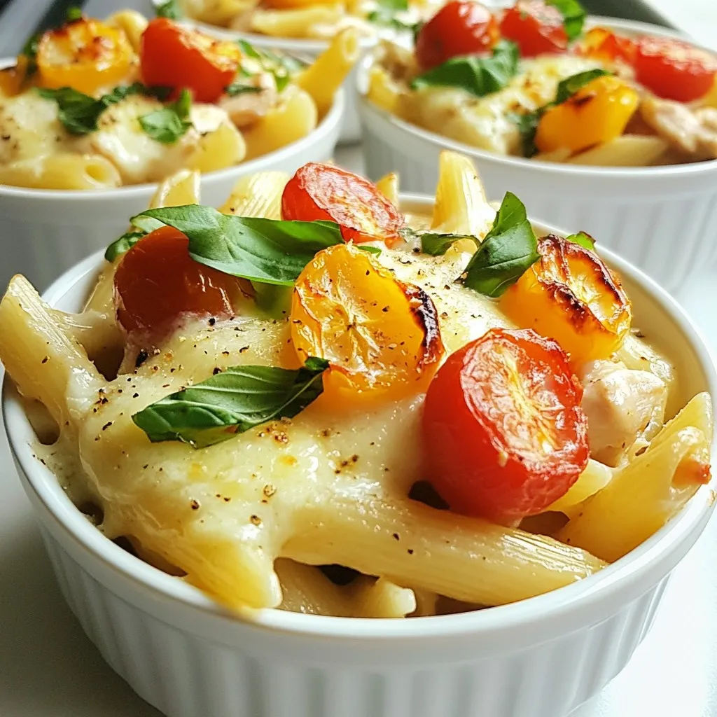- 2 cups penne pasta - 1 lb chicken breast, diced - 2 tablespoons olive oil To start, you need good, sturdy penne pasta. It holds the sauce nicely. Next, grab a pound of chicken breast. Dice it into bite-sized pieces for easy cooking and eating. Lastly, add olive oil for sautéing. This will give your chicken a lovely flavor. - 1 cup heavy cream - 1 ½ cups shredded mozzarella cheese - ½ cup grated Parmesan cheese - 1 teaspoon Italian seasoning For that rich, creamy sauce, you need heavy cream. It makes the dish extra dreamy. Then, get mozzarella cheese to create a gooey texture. Sprinkle in some Parmesan cheese for a sharp kick. Finally, don't forget Italian seasoning. This mix of herbs adds warmth and depth to every bite. - 1 small onion, chopped - 3 cloves garlic, minced - 1 cup cherry tomatoes, halved - Fresh basil leaves for garnish Now, let’s brighten up the dish with veggies. Start with a small onion and chop it finely. Garlic is next; three cloves will give great flavor. We need cherry tomatoes too. Halve them for sweetness and color. And for a fresh touch, use basil leaves as a garnish. They will add a pop of flavor and a lovely look. {{ingredient_image_1}} First, fill a large pot with water and add salt. Bring the water to a boil over high heat. You want it bubbling well before adding the pasta. Once boiling, add 2 cups of penne pasta. Cook according to the package instructions until the pasta is al dente, which usually takes about 8 to 10 minutes. After that, drain the pasta in a colander and set it aside. Next, heat 2 tablespoons of olive oil in a large skillet over medium heat. Once hot, add 1 pound of diced chicken breast. Season it with salt, pepper, and 1 teaspoon of Italian seasoning. Sauté the chicken for about 6 to 7 minutes until it is browned and cooked through. After it's done, remove the chicken from the skillet and set it aside. In the same skillet, add a small onion, chopped, and 3 cloves of minced garlic. Sauté these for about 3 to 4 minutes until the onion turns translucent. This step builds a great base for your sauce. Lower the heat, then pour in 1 cup of heavy cream. Stir to combine. Gradually add 1 ½ cups of shredded mozzarella cheese and ½ cup of grated Parmesan cheese. Keep stirring until the cheese melts and the sauce is smooth. Now, it's time to bring it all together. Add the cooked pasta, sautéed chicken, and 1 cup of halved cherry tomatoes to the cheese sauce. Toss everything together until the pasta and chicken are well coated. Let this mixture cook on low heat for an additional 2 to 3 minutes. This warms everything through. You can add more cream if the sauce needs thinning. Finally, adjust the salt and pepper to taste. Serve your dish warm, garnished with fresh basil leaves for a lovely touch. To make the cheese sauce pop, you can try different cheese types. I love using a mix of mozzarella and Parmesan. Mozzarella gives it that gooey stretch, while Parmesan adds a nice sharp taste. You can also experiment with cheddar or gouda for a unique twist. For the right creaminess, keep the heat low when adding cream. Stir it gently to blend everything smoothly. If the sauce feels too thick, add a splash of pasta water or more cream. This keeps it light and dreamy. To ensure your chicken is juicy, choose boneless chicken breast. Cut it into small pieces for even cooking. Sear the chicken in olive oil until golden. This locks in moisture and flavor. You can also grill or bake the chicken. Grilling adds a nice char, while baking keeps it tender. Just make sure to monitor the cooking time. Overcooking will dry it out. Timing is key when cooking pasta and sauce. Cook the penne until al dente, then drain it quickly. This way, the pasta stays firm and absorbs the sauce flavor. To prevent overcooking, check the pasta a minute before the package time ends. If you're making the sauce at the same time, keep the pasta warm. Toss it with a bit of oil to keep it from sticking. Pro Tips Perfect Pasta: Always cook your pasta al dente for the best texture. This will help it hold up well when combined with the creamy sauce. Chicken Tips: For extra flavor, marinate the chicken in olive oil, garlic, and Italian seasoning for at least 30 minutes before cooking. Cheese Choices: Feel free to mix different cheeses such as cheddar or gouda for a unique flavor profile in your sauce. Fresh Elements: Adding fresh herbs like basil or parsley at the end enhances the dish's flavor and adds a pop of color. {{image_2}} You can change the protein in this dish if you want. Here are some easy swaps: - Alternative proteins: Use turkey, shrimp, or tofu instead of chicken. Each option brings a new taste. - Dairy-free options: Swap heavy cream for coconut milk or a dairy-free cream. Use dairy-free cheese for a creamy texture. If you want a meat-free meal, it’s simple! - Removing chicken and adding more vegetables: Skip the chicken and add veggies like bell peppers, zucchini, or spinach. This adds color and nutrients to your dish. Make this dish even more exciting with extra flavors. - Spicy variations: Add red pepper flakes or jalapeños to bring some heat. This gives a nice kick to the creamy sauce. - Adding herbs and spices: Try fresh herbs like parsley or thyme. You can also mix in garlic powder or smoked paprika for a unique twist. To keep your cheesy chicken pasta fresh, you need to store it properly. First, let the dish cool down to room temperature. Then, place it in an airtight container. Make sure to use it within three to four days. If you want to keep it longer, freezing is a great option. For freezing, divide the pasta into single servings. Use freezer-safe bags or containers. Remove as much air as possible to prevent freezer burn. You can freeze it for up to three months. When it comes to reheating, a few methods work best. The microwave is quick and easy. Just place your portion in a bowl, cover it, and heat it for one to two minutes. Stir halfway through for even heating. If you want a better texture, use a skillet. Heat it on low, adding a splash of cream or water to keep it moist. Stir often to avoid sticking. This method helps keep your cheesy chicken pasta creamy and delicious. Yes, you can use different pasta shapes. Here are some recommended alternatives: - Fusilli - Farfalle - Rigatoni - Spaghetti Each shape holds the cheese sauce well. Choose what you have on hand or what you like best. Yes, this recipe works great for meal prep. Here are some tips: - Cook the pasta and chicken in advance. - Store them in separate containers. - Keep the cheese sauce in another container. This helps keep everything fresh. You can mix them before eating. Yes, you can make this dish ahead. Here are some suggestions: - Prepare the whole dish and let it cool. - Store it in a sealed container in the fridge. - Reheat it on the stove or in the microwave before serving. This way, you enjoy a warm meal without much fuss! This blog post covered all you need to make a tasty chicken pasta dish. We discussed the key ingredients, from penne pasta to fresh basil, and how to cook them perfectly. You learned how to make a creamy cheese sauce and combine everything for the best taste. Don’t forget the variations and tips for storing leftovers. With these ideas, you can enjoy this dish in many ways. I hope you find joy in cooking and sharing this meal with others!