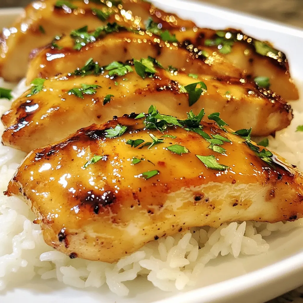 - 4 boneless chicken breasts - 1 cup uncooked jasmine rice - 2 cups chicken broth - 1/4 cup honey - 1/4 cup Dijon mustard - 2 tablespoons olive oil - 1 tablespoon soy sauce - 1 teaspoon garlic powder - 1 teaspoon onion powder - Salt and pepper to taste - Fresh parsley for garnish To make Honey Mustard Chicken & Rice, you need simple yet flavorful ingredients. The chicken breasts are the star of the dish. They become juicy and tender after baking. Jasmine rice adds a lovely texture and flavor. The chicken broth enhances the rice and makes it fluffy. For the marinade, honey and Dijon mustard create a sweet and tangy blend. Olive oil helps keep the chicken moist. Soy sauce adds depth. Garlic and onion powder bring out rich flavors. Don’t forget to season with salt and pepper to taste. Finally, fresh parsley adds a nice touch when serving. It makes the dish pop with color and flavor. Each ingredient plays a role in making this meal tasty and satisfying. Enjoy the cooking process as you prepare this delightful dish! {{ingredient_image_1}} First, grab a small bowl. Whisk together the following ingredients: - 1/4 cup honey - 1/4 cup Dijon mustard - 2 tablespoons olive oil - 1 tablespoon soy sauce - 1 teaspoon garlic powder - 1 teaspoon onion powder - Salt and pepper to taste Mix until smooth. This marinade adds a sweet and tangy flavor to the chicken. Next, take your four boneless chicken breasts. Place them in a baking dish. Pour the marinade over the chicken. Make sure each piece is well coated. Let the chicken marinate for at least 15 minutes. This time helps the flavors soak in. While the chicken marinates, focus on the rice. In a medium saucepan, bring 2 cups of chicken broth to a boil. Once it boils, stir in 1 cup of uncooked jasmine rice. Reduce the heat to low. Cover the saucepan and let it simmer for about 15 minutes. The rice should become fluffy and absorb all the broth. Now, it’s time to bake the chicken. Preheat your oven to 375°F (190°C). Place the marinated chicken in the oven. Bake for 25-30 minutes. Check to ensure it reaches an internal temperature of 165°F (75°C). This step ensures the chicken cooks evenly and stays juicy. Once the chicken is done, remove it from the oven. Let it rest for 5 minutes. This resting time keeps the juices inside. Slice the chicken into pieces. Serve the chicken over the fluffy rice. Drizzle with any remaining marinade from the baking dish. For a pop of color, garnish with fresh parsley. Enjoy your tasty honey mustard chicken and rice! Marinating chicken is key for great flavor. Use a mix of honey, Dijon mustard, olive oil, soy sauce, garlic powder, onion powder, salt, and pepper. This mix gives the chicken a sweet and tangy taste. Let your chicken soak in the marinade for at least 15 minutes. For best results, marinate it for a few hours or overnight. This extra time helps the flavors really sink in. Cooking fluffy jasmine rice is easy if you follow a few steps. First, use a 2:1 ratio of chicken broth to rice. This adds flavor to the rice. Bring the broth to a boil, then stir in the rice. Lower the heat, cover the pot, and let it simmer for about 15 minutes. Do not lift the lid while it cooks, as this lets out steam. Once done, fluff the rice with a fork to keep it light and airy. To ensure your chicken is fully cooked, use a meat thermometer. The internal temperature should reach 165°F (75°C). Insert the thermometer into the thickest part of the chicken. If it reads 165°F, it’s safe to eat. If not, bake it a little longer. Let the chicken rest for 5 minutes after baking. This helps keep the juices inside, making the chicken tender and juicy. Pro Tips Marinate for Flavor: Allow the chicken to marinate for at least 30 minutes or even overnight for deeper flavor absorption. Use Fresh Herbs: Fresh parsley not only enhances the visual appeal but also adds a burst of freshness to the dish. Consider adding other herbs like thyme or rosemary. Check Chicken Doneness: Always use a meat thermometer to ensure the chicken reaches an internal temperature of 165°F (75°C) for safe consumption. Leftover Rice Tips: If you have leftover rice, store it in an airtight container in the fridge. It can be used in stir-fries or salads for an easy meal. {{image_2}} You can switch up the rice for your honey mustard chicken. Brown rice adds a nutty flavor and more fiber. Basmati rice gives a nice aroma and fluffy texture. Quinoa is a gluten-free option packed with protein. Each choice brings its own twist to the dish. Try what you like best! Want to change the honey mustard sauce? You can add different flavors easily. For a spicy kick, mix in some hot sauce or sriracha. For a tangy twist, use apple cider vinegar instead of soy sauce. You can even add herbs like thyme or rosemary for more depth. Experiment and find your favorite blend! To make this dish even better, add vegetables. Broccoli, bell peppers, or carrots work great. You can steam them and serve on the side or mix them into the rice. Adding veggies gives you more color and nutrients. Plus, it makes your meal more filling and tasty! To keep leftover honey mustard chicken and rice fresh, place them in airtight containers. Make sure to cool the food to room temperature first. Store the containers in the fridge. This meal stays good for about three to four days. If you want to freeze it, wrap the chicken and rice tightly in plastic wrap and then in foil. This helps prevent freezer burn. When ready to eat, reheat chicken and rice carefully. I recommend using the microwave or oven. For the microwave, place the food in a bowl and cover it with a damp paper towel. Heat in short bursts of 30 seconds, stirring in between. This keeps the chicken moist. If using the oven, cover the dish with foil and heat at 350°F (175°C) for about 15-20 minutes. Check that the chicken is heated through. For quick meals later, you can prep this dish ahead of time. Marinate the chicken in advance and store it in the fridge overnight. Cook the rice separately and keep it in a container. When it’s time to eat, just bake the chicken and heat the rice. This can save you lots of time on busy days. You can also portion out servings and freeze them for later use. Yes, you can use frozen chicken. Just remember to thaw it first. It’s best to thaw chicken overnight in the fridge. If you’re in a hurry, you can use the microwave. After thawing, follow the marinating steps as usual. This ensures the chicken absorbs the sweet and tangy flavors well. Many tasty sides go well with honey mustard chicken and rice. Consider these options: - Steamed broccoli - Roasted carrots - A fresh garden salad - Sautéed green beans These choices add color and nutrition to your meal. They also balance the sweet flavors of the chicken. This dish lasts about 3 to 4 days in the fridge. Store it in an airtight container to keep it fresh. If you need to keep it longer, consider freezing it. For freezing, wrap the chicken and rice well. This helps prevent freezer burn. When ready to eat, thaw in the fridge overnight before reheating. This recipe for honey mustard chicken and rice is simple and full of flavor. We covered the main ingredients, marinade, and cooking steps. You can tweak this dish with different rice types or add vegetables to make it your own. Remember to store leftovers properly to keep them fresh. With these tips and options, you have everything you need for a tasty meal that fits any occasion. Enjoy your cooking, and impress your family and friends with this delightful dish!