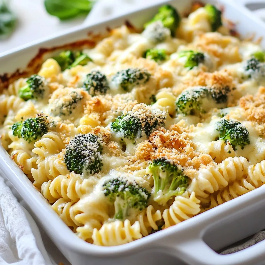 To make Chicken and Broccoli Alfredo Bake, gather these key ingredients: - 2 cups cooked rotini pasta - 1 pound boneless, skinless chicken breasts, diced - 2 cups fresh broccoli florets - 2 tablespoons extra virgin olive oil - 3 cloves garlic, minced - 2 cups Alfredo sauce - 1 cup shredded mozzarella cheese - 1/2 cup grated Parmesan cheese - Salt and black pepper to taste - 1 teaspoon Italian seasoning - 1/4 cup breadcrumbs (optional) You can add some extra flavor with these toppings: - Fresh chopped parsley or basil for garnish - Crushed red pepper flakes for heat - More grated cheese for a cheesier topping If you have specific dietary needs, try these swaps: - Use gluten-free pasta for a gluten-free option. - Swap chicken for diced tofu or shrimp for protein changes. - Make your own Alfredo sauce with dairy-free ingredients for a vegan dish. {{ingredient_image_2}} Start by preheating your oven to 350°F (175°C). This will help the dish cook evenly. Next, bring a large pot of salted water to a boil. Add 2 cups of fresh broccoli florets. Blanch them for 2-3 minutes until bright green. Drain and run them under cold water to stop the cooking. In the same pot, heat 2 tablespoons of olive oil over medium heat. Add 1 pound of diced chicken breasts. Cook for 6-8 minutes until the chicken is golden and cooked through. Stir in 3 cloves of minced garlic and cook for another minute. Season with salt, black pepper, and 1 teaspoon of Italian seasoning. This adds great flavor to the chicken. Now, stir in 2 cups of cooked rotini pasta and the blanched broccoli. Pour in 2 cups of Alfredo sauce and mix everything well. Grease a 9x13 inch baking dish and pour the mixture into it. Top with 1 cup of shredded mozzarella cheese and 1/2 cup of grated Parmesan cheese. If you want a crunchy topping, sprinkle 1/4 cup of breadcrumbs on top. Bake for 25-30 minutes until the cheese is bubbly and golden. Let it cool for a few minutes before serving. Enjoy your delicious Chicken and Broccoli Alfredo Bake! To make your Chicken and Broccoli Alfredo Bake creamy, focus on using a rich Alfredo sauce. You can use store-bought sauce, but homemade sauce adds a special touch. When mixing the sauce with pasta, ensure every piece gets coated well. This helps the sauce cling to the pasta and chicken. For added creaminess, stir in a splash of heavy cream or some cream cheese. Adding these ingredients brings a smooth, velvety texture that everyone will love. One common mistake is overcooking the broccoli. You want it to be tender-crisp, so blanch it for just 2-3 minutes. If you cook it too long, it turns mushy. Another mistake is not seasoning the chicken enough. Use salt, pepper, and Italian seasoning to bring out the flavors. Lastly, avoid overbaking. Keep an eye on the dish in the oven. Bake just until the cheese is bubbly and lightly golden. This keeps everything fresh and appealing. Choose fresh ingredients for the best taste. Use fresh broccoli florets instead of frozen ones. Fresh chicken breast should be boneless and skinless for easy cooking. For cheese, opt for high-quality mozzarella and Parmesan. These cheeses melt beautifully and enhance the flavor. If you want extra crunch, use fresh breadcrumbs instead of store-bought. They add texture and flavor to the top of the bake. Always taste as you go to ensure a balanced dish. Pro Tips Perfectly Cooked Chicken: Ensure that the chicken is cooked through but still juicy by using a meat thermometer. The internal temperature should reach 165°F (75°C) for safe consumption. Homemade Alfredo Sauce: For a richer flavor, consider making your own Alfredo sauce using butter, cream, and Parmesan cheese. This will elevate your bake to a gourmet level! Broccoli Texture: Blanch the broccoli just until bright green and tender-crisp. This will help maintain its vibrant color and crispness in the final bake. Cheese Variations: Experiment with different types of cheese such as gouda or cheddar for a unique twist on the flavor profile of your cheesy bake. {{image_4}} You can change the protein in this dish. Shrimp adds a nice twist. Just cook it until pink and tender. Tofu is a great option for a plant-based meal. Use firm tofu and sauté it until golden. Both choices work well with the creamy sauce. Feel free to swap out broccoli for other veggies. Spinach cooks down nicely and adds color. Bell peppers bring a sweet crunch. You can even mix in peas or carrots for added texture. The key is to keep the veggies fresh and vibrant. You can make your own Alfredo sauce for more flavor. Just blend cream, butter, and cheese. Add garlic for depth and a pinch of nutmeg for warmth. This will give your dish a unique touch. You can also try a lighter version with Greek yogurt. It’s a tasty way to cut calories without losing creaminess. To keep your Chicken and Broccoli Alfredo Bake fresh, store it in an airtight container. You can keep it in the fridge for up to three days. Make sure to let it cool down before sealing it. This way, it stays tasty and safe to eat later. When it’s time to enjoy leftovers, preheat your oven to 350°F (175°C). Place the pasta bake in a baking dish. Cover it with foil to keep it moist. Heat for about 20 minutes or until it’s warmed through. You can also use the microwave for a quicker option. Just heat it in short bursts, stirring in between. If you want to freeze your Chicken and Broccoli Alfredo Bake, do so before baking for the best texture. Wrap it tightly in plastic wrap and then in aluminum foil. It can last in the freezer for up to three months. To thaw, move it to the fridge overnight. Bake it straight from the fridge, adding a few extra minutes to the cooking time. Yes, you can prepare this dish ahead. Cook the chicken, broccoli, and pasta. Mix these with the Alfredo sauce. Then, store everything in a baking dish. Cover it well and keep it in the fridge. When you're ready to eat, bake it straight from the fridge. Just add a few extra minutes to the baking time. Absolutely! This dish works great for meal prep. You can divide the Chicken and Broccoli Alfredo Bake into portions. Store each portion in a separate container. This makes it easy to grab and go during the week. Just reheat in the microwave or oven when you’re ready to enjoy it. To make this dish gluten-free, use gluten-free rotini pasta. Many brands offer great options now. Check the Alfredo sauce too, as some have gluten. You can also make your own sauce using gluten-free ingredients. Enjoy your tasty bake without worries! You now know the key ingredients and steps to make a delicious Chicken and Broccoli Alfredo Bake. We covered tips for perfect creaminess and common mistakes to avoid. You can also explore variations with different proteins and vegetables to suit your taste. Remember to store leftovers properly and reheat for the best flavor. With these insights, you can confidently create a meal that fits various dietary needs and occasions. Enjoy every bite of your culinary adventure!