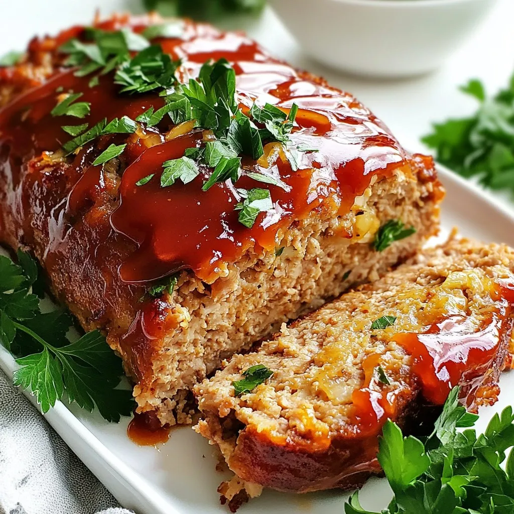 To make Garlic Parmesan Chicken Meatloaf, you will need: - 1 lb ground chicken - 1 cup breadcrumbs (preferably seasoned) - 1/2 cup grated Parmesan cheese - 1/4 cup finely chopped parsley - 4 cloves garlic, minced - 1/2 cup onion, finely chopped - 1 large egg - 1/4 cup milk - 1 teaspoon Italian seasoning - 1/2 teaspoon salt - 1/4 teaspoon black pepper - 1/4 cup ketchup (for topping) - 2 tablespoons olive oil (for sautéing) These ingredients work together to create a moist and flavorful meatloaf. Ground chicken keeps it light, while Parmesan adds a cheesy touch. You might want to spice things up with these optional additions: - 1/2 cup chopped bell peppers for crunch - 1/2 teaspoon red pepper flakes for heat - 1 tablespoon Worcestershire sauce for depth - Fresh herbs like basil or oregano for freshness Using these ingredients can add more texture and flavor to your meatloaf. Feel free to mix and match based on your taste. If you need to make changes, here are some easy swaps: - Ground turkey can replace ground chicken for a similar taste. - Use gluten-free breadcrumbs if you need a gluten-free option. - If you lack Parmesan cheese, try mozzarella or cheddar for a different cheese flavor. - Vegans can use chickpeas or lentils instead of chicken, along with a flax egg to bind. These substitutions will keep your meatloaf delicious while catering to dietary needs. {{ingredient_image_1}} First, gather all your ingredients. You need: - 1 lb ground chicken - 1 cup breadcrumbs (preferably seasoned) - 1/2 cup grated Parmesan cheese - 1/4 cup finely chopped parsley - 4 cloves garlic, minced - 1/2 cup onion, finely chopped - 1 large egg - 1/4 cup milk - 1 teaspoon Italian seasoning - 1/2 teaspoon salt - 1/4 teaspoon black pepper - 1/4 cup ketchup (for topping) - 2 tablespoons olive oil (for sautéing) Next, preheat your oven to 350°F (175°C). Lightly grease a loaf pan with cooking spray or oil. In a skillet, heat olive oil over medium heat. Add the chopped onion and minced garlic. Sauté them for about 4-5 minutes. You want the onion to look soft and clear. After that, remove the skillet from heat and let it cool for a few minutes. In a large mixing bowl, combine the ground chicken, breadcrumbs, grated Parmesan cheese, parsley, sautéed onion and garlic, egg, milk, Italian seasoning, salt, and pepper. Mix everything gently. Be careful not to overwork the meat; this keeps it tender. Now, transfer the meat mixture into your prepared loaf pan. Shape it into a loaf with your hands. Spread the ketchup evenly over the top. This gives it a tasty glaze and adds moisture. Place the loaf pan in your preheated oven. Bake for 45-50 minutes. Use a meat thermometer to check if it reached 165°F (75°C) inside. If you don’t have a thermometer, cut into the center to check if it’s no longer pink. After baking, take the meatloaf out of the oven. Let it rest for 10 minutes before slicing. This resting time helps keep the meatloaf juicy. For a lovely presentation, slice the meatloaf and arrange the pieces on a platter. Garnish with fresh parsley and extra Parmesan cheese. Serve it alongside roasted vegetables or a crisp salad. This balance of flavors and textures makes each bite special. Enjoy your meal! To keep your meatloaf moist, use ground chicken with some fat. The fat adds flavor and juiciness. Include breadcrumbs, as they soak up moisture during cooking. Mixing in milk also helps with texture. Avoid overmixing your ingredients; this can make the meatloaf tough. Gently combine everything until just mixed. To boost flavor, add fresh herbs like parsley or basil. Garlic adds a punch, so don’t skimp on it. Use seasoned breadcrumbs for extra taste. Italian seasoning gives a warm, herby flavor that works well. Consider topping your meatloaf with a flavorful glaze. Ketchup adds sweetness, but you could use BBQ sauce for a twist. One big mistake is not letting the meatloaf rest before slicing. This step allows juices to settle, making it juicier. Another error is not checking the internal temperature. Always ensure it reaches 165°F for safety. Don't skip greasing the pan; this helps with easy removal. Lastly, be careful not to overbake. This can dry out your meatloaf. Pro Tips Use Fresh Ingredients: Always opt for fresh garlic and parsley for the best flavor. Dried herbs can be convenient, but fresh ingredients elevate the dish significantly. Don’t Overmix: When combining the ingredients, mix until just combined. Overmixing can lead to a dense meatloaf, which is not the desired texture. Let It Rest: Allow the meatloaf to rest for at least 10 minutes after baking. This helps the juices redistribute, making for a juicier and more flavorful slice. Experiment with Toppings: While ketchup is a classic topping, consider using barbecue sauce or a homemade glaze for a different flavor profile! {{image_2}} You can switch up the protein in this meatloaf. If you want, try ground turkey or lean beef. Both options work well. They keep the dish tasty and moist. Just remember to adjust cooking times if using a different meat. Turkey may take a bit longer to cook through. Add your own twist with herbs and spices. Fresh basil or thyme can brighten the flavor. You might also try smoked paprika for a nice kick. A pinch of red pepper flakes adds heat without being too spicy. Experiment with what you love. The key is to balance flavors for a great taste. For a keto-friendly version, swap out the breadcrumbs. Use almond flour or crushed pork rinds instead. Both keep the meatloaf moist while staying low in carbs. If you need it gluten-free, make sure your breadcrumbs are certified gluten-free. This way, you can enjoy a delicious dish without worry. To keep your leftover meatloaf fresh, wrap it tightly in plastic wrap or foil. You can also place it in an airtight container. Store it in the fridge for up to three days. This keeps the flavors intact and helps maintain its moist texture. If you want to save meatloaf for later, freezing works great. First, let the meatloaf cool completely. Then, wrap it in plastic wrap, followed by aluminum foil. You can also use a freezer-safe container. It can stay in the freezer for up to three months. When you're ready to eat, just thaw it in the fridge overnight. To reheat meatloaf, you can use the oven or the microwave. For the oven, preheat it to 350°F (175°C). Place the meatloaf in a baking dish and cover it with foil. Heat for about 20-25 minutes, or until warm. If using a microwave, slice the meatloaf and place it on a microwave-safe plate. Heat in 30-second bursts until hot. Enjoy your meal! You can serve Garlic Parmesan Chicken Meatloaf with many sides. I love pairing it with roasted vegetables. Carrots, zucchini, and broccoli are great options. A simple salad adds freshness too. You could also serve it with mashed potatoes for comfort. Another option is a light pasta salad for a fun twist. Try serving it with garlic bread for a complete meal. To check if your meatloaf is done, use a meat thermometer. Insert it into the center of the meatloaf. It should read 165°F (75°C) for safe eating. If you don’t have a thermometer, cut into the loaf. The meat should be no longer pink in the middle. The juices should run clear. Let it rest for 10 minutes before slicing for the best results. Yes, you can make this meatloaf ahead of time. Prepare the mixture and shape it into a loaf. Then, cover it tightly with plastic wrap. Store it in the fridge for up to 24 hours before baking. You can also freeze the uncooked meatloaf. Wrap it well and freeze for up to three months. Just thaw it in the fridge overnight before baking. This makes meal prep easy and quick! Garlic Parmesan Chicken Meatloaf is a tasty and easy dish. We covered the key ingredients, along with helpful tips for cooking. You learned how to boost flavor and avoid common mistakes. Variations let you adapt this recipe to fit your needs. Plus, I shared storage tips for leftovers. In conclusion, this meatloaf is versatile and satisfying. Try it today for a delicious meal that's sure to impress.