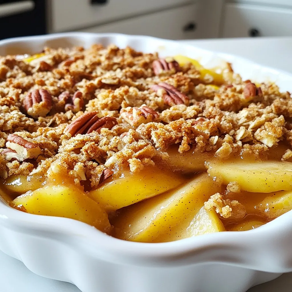 To make the best apple crisp, you need a few key items. Here’s what to gather: - 6 cups of apples, peeled, cored, and sliced (a blend of tart Granny Smith and sweet Honeycrisp) - 1 tablespoon fresh lemon juice - 1 teaspoon ground cinnamon - ½ teaspoon freshly grated nutmeg - ¾ cup dark brown sugar, packed tight - 1 cup old-fashioned rolled oats - ¾ cup all-purpose flour - ½ cup unsalted butter, melted and slightly cooled - ¼ teaspoon sea salt - ¼ cup chopped pecans or walnuts (for an optional nutty crunch) Each ingredient plays an important role in making your crisp taste amazing. The mix of apples gives a great balance of tart and sweet. The spices add warmth and depth. You can make your apple crisp even more exciting with a few add-ins. Here are some ideas: - Chopped nuts: Use pecans or walnuts for added crunch. - Raisins or dried cranberries: These add a nice chewy texture. - Coconut flakes: Sweet and chewy, they bring a fun twist. - Additional spices: Try ginger or cardamom for new flavors. Feel free to mix and match these add-ins to find your perfect combo! Choosing the right apples is key for a great crisp. Here are the best types to use: - Granny Smith: They are tart and hold their shape well. - Honeycrisp: Sweet and juicy, these apples add great flavor. - Golden Delicious: These are sweet and soft, perfect for mixing. - Braeburn: They are both sweet and tart, adding depth. Using a mix of these apple varieties will give your crisp the best taste and texture. {{ingredient_image_2}} 1. Preheat the oven to 350°F (175°C). This step warms the oven and helps the crisp bake evenly. 2. Prepare your apples. Peel, core, and slice 6 cups of apples. I like to mix tart Granny Smith and sweet Honeycrisp for great flavor. 3. Mix apples with lemon juice and spices. In a large bowl, add the sliced apples. Pour in 1 tablespoon of fresh lemon juice, 1 teaspoon of ground cinnamon, and ½ teaspoon of freshly grated nutmeg. Gently toss the apples until they are well coated. 4. Transfer the apple mix. Pour the apple mixture into a greased 9x13 inch baking dish. Spread the apples out evenly to make sure they cook well. 5. Make the topping. In a separate bowl, combine ¾ cup of packed dark brown sugar, 1 cup of old-fashioned rolled oats, ¾ cup of all-purpose flour, ½ cup of melted unsalted butter, and ¼ teaspoon of sea salt. Mix it until it looks crumbly. If you want a crunchy texture, fold in ¼ cup of chopped pecans or walnuts. 6. Add the topping. Sprinkle the oat mixture over the apples. Make sure to cover all the apples so every bite has that crunchy goodness. 7. Bake the crisp. Put the dish in your preheated oven. Bake for 35-40 minutes. Look for bubbling apples and a golden brown topping. - Use a mix of apples. This gives a balance of sweet and tart flavors. - Don’t skip the lemon juice. It brightens the flavor and keeps the apples from browning. - Let it cool before serving. This helps the juices set, making it easier to serve. - Serve warm. It’s best with creamy vanilla ice cream on top, adding a delightful contrast to the warm crisp. Choosing the right apples makes a big difference. I love using a mix of tart Granny Smith and sweet Honeycrisp apples. The tartness gives a nice balance to the sweet topping. You can also try Fuji or Braeburn apples for a twist. Just make sure the apples are firm and fresh. Avoid soft apples, as they can turn mushy. You can easily adjust this recipe for allergies. If you're gluten-free, use gluten-free oats and flour. For dairy-free options, substitute the butter with coconut oil or vegan butter. You can also skip the nuts if you have a nut allergy. The crisp will still taste great without them. To keep your apple crisp fresh, let it cool completely first. Store it in an airtight container in the fridge. It will stay good for about three days. If you want to keep it longer, freeze it. Just make sure to wrap it well in plastic wrap and foil. This way, you can enjoy it later without losing flavor. Pro Tips Choose the Right Apples: For the best flavor, use a mix of tart and sweet apples like Granny Smith and Honeycrisp. This combination provides a balanced taste in every bite. Let It Rest: Allowing the apple crisp to cool for about 10 minutes after baking helps the juices settle, making it easier to serve and enhancing the overall texture. Customize Your Topping: Feel free to experiment by adding other nuts, such as almonds or pecans, or even dried fruits like cranberries for added flavor and texture. Serve with Style: Elevate your presentation by serving warm with a scoop of vanilla ice cream and a sprinkle of cinnamon on top for a delightful finishing touch. {{image_4}} To make a gluten-free apple crisp, swap the all-purpose flour with gluten-free flour. You can use a blend of almond flour and coconut flour for a nutty touch. This change keeps the crisp tasty and safe for those avoiding gluten. Follow the same steps from the main recipe, and enjoy every bite! For a vegan version, replace the butter with coconut oil or vegan butter. Use maple syrup instead of brown sugar for sweetness. The rest of the recipe stays the same. This keeps your crisp plant-based while still being delicious. Your guests will never know it’s vegan! You can change the flavor of your apple crisp easily. Try adding 1/4 teaspoon of ground ginger or allspice for a warm kick. Mixing in dried fruits like cranberries or raisins gives a sweet surprise. Want crunch? Toss in some chopped pecans or walnuts. These add-ins make your crisp unique and fun! To keep your apple crisp fresh, let it cool completely. Once it's cool, cover it tightly with plastic wrap or aluminum foil. You can also place it in an airtight container. Store it in the fridge for up to three days. This keeps the crisp's flavor and prevents it from drying out. When you're ready to enjoy your apple crisp again, preheat your oven to 350°F (175°C). Place the crisp in an oven-safe dish. Cover it with foil to retain moisture. Heat it for about 10-15 minutes or until warm. If you want a crispy top, remove the foil for the last 5 minutes of heating. This gives it that fresh-baked taste. You can freeze apple crisp if you want to save it for later. First, let it cool completely. Then, wrap it tightly in plastic wrap and then in aluminum foil. This double wrap helps prevent freezer burn. You can freeze it for up to three months. When you're ready to eat it, thaw it in the fridge overnight. Reheat it in the oven as mentioned earlier. Enjoy your apple crisp whenever you like! You can tell your apple crisp is done by checking two things. First, look for bubbling juices around the edges. Second, check the topping. It should be golden brown. If it meets these signs, it is ready to eat! Yes, you can! Many fruits work well in apple crisp. Some great options are pears, peaches, or berries. Mix and match your favorites for a fun twist. Just remember to adjust spices based on the fruit you choose. Apple crisp lasts about 3 to 4 days in the fridge. To keep it fresh, store it in an airtight container. If you want it warm, just reheat it in the oven or microwave. Enjoy it as a tasty snack or dessert! This blog post covered everything you need to know about making apple crisp. We discussed the best ingredients, step-by-step baking instructions, and helpful tips for texture and flavor. You learned about variations for different diets and how to store your delicious creation. In summary, making apple crisp is simple and fun. With a few tips and tricks, anyone can achieve perfect results. Enjoy this classic dessert and share it with loved ones. It’s sure to please!