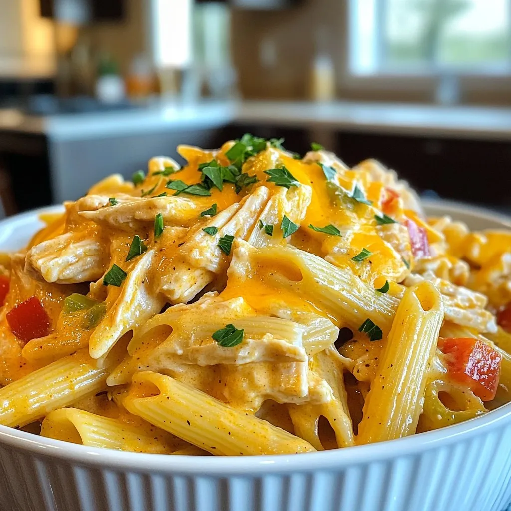 To make Slow Cooker Creamy Cajun Chicken Pasta, gather these ingredients: - 1 pound boneless, skinless chicken breasts - 1 tablespoon Cajun seasoning - 1 teaspoon garlic powder - 1 medium onion, finely diced - 1 bell pepper (any color), diced - 3 cloves garlic, minced - 1 can (14.5 oz) diced tomatoes, undrained - 1 cup chicken broth - 1 cup heavy cream - 8 oz penne pasta - 1 cup shredded cheddar cheese - 1 tablespoon olive oil - Salt and pepper to taste - Fresh parsley, chopped (for garnish) If you need substitutes, here are some ideas: - For chicken breasts, use thighs for more flavor. - Use Italian seasoning if Cajun is not available. - Swap heavy cream with half-and-half or coconut milk for a lighter dish. - For penne, try rotini or fusilli. They hold sauce well. - You can use vegetable broth for a vegetarian option. Accurate measuring makes a big difference. Here are my tips: - Use a kitchen scale for chicken; 1 pound is about 2 medium breasts. - For liquids, use clear measuring cups for easy visibility. - When measuring dry ingredients, use a spoon to fill your cup, then level it off. - Use a tablespoon to measure out spices for best results. - Always taste as you go to adjust seasoning. These tips will help you create a dish that shines! Enjoy the cooking process and the delightful meal to come! 1. Prepare the Chicken: Take a mixing bowl. Coat the chicken breasts with Cajun seasoning and garlic powder. Mix well so every piece is covered. Set the chicken aside while you chop the veggies. 2. Sauté the Vegetables: Heat olive oil in a skillet over medium heat. Add diced onion and bell pepper. Cook for about 5 minutes until soft. Add minced garlic and stir for 1 more minute. 3. Combine in Slow Cooker: Move the cooked veggies to the slow cooker. Place the seasoned chicken on top. 4. Add Liquids: Pour in the can of diced tomatoes and chicken broth. Make sure the chicken is covered with the liquid. 5. Slow Cook: Cover the slow cooker and set it to low. Cook for 4 to 6 hours. The chicken should be tender and cooked through. 6. Shred the Chicken: Carefully take out the chicken. Use two forks to shred it into small pieces. Mix the chicken back into the slow cooker with the veggies. 7. Cook the Pasta: Stir in heavy cream and uncooked penne pasta. Cover and switch to high heat. Cook for 30 to 40 minutes. Stir occasionally to prevent sticking. 8. Finish the Dish: Once the pasta is ready, add shredded cheddar cheese. Stir until melted and creamy. Taste and add salt and pepper if needed. 9. Serve: Spoon the creamy Cajun chicken pasta into bowls. Top with chopped parsley for a fresh touch. Enjoy hot! - Prep Time: 15 minutes - Cooking Time: 4 to 6 hours on low - Pasta Cooking Time: 30 to 40 minutes on high To check if the chicken is done, use a meat thermometer. The internal temperature should reach 165°F (75°C). If you don’t have a thermometer, cut the chicken. It should be white inside with no pink. If it’s still pink, cook it longer. Always ensure the chicken is tender. To get a smooth and creamy texture in your dish, use heavy cream. This cream adds richness and makes the sauce thick. Stirring in the cheese at the end helps create that perfect blend. Make sure to mix well to avoid clumps. If you want an even creamier dish, add more cream or cheese. Not all Cajun seasonings are the same. I suggest using brands like Tony Chachere's or Zatarain's. Both have a good balance of spices. They add a nice kick but are not too spicy. You can also make your own mix with paprika, cayenne, garlic powder, and black pepper if you prefer. Sometimes, you may face a few issues while cooking. If the sauce is too thick, add a splash of chicken broth or cream. If it's too thin, let it cook a bit longer. The pasta might stick together. To fix this, stir it gently during cooking. Lastly, if the chicken is dry, ensure it's fully submerged in the liquid while cooking. This helps keep it moist and tender. {{image_4}} You can make a vegetarian version of this dish by swapping the chicken for firm tofu or chickpeas. Use the same Cajun seasoning for flavor. For a vegan option, replace heavy cream with coconut cream or a cashew cream. This keeps it rich and creamy while being plant-based. Penne pasta works well, but you can switch it up. Try fusilli or rotini for fun shapes. If you use spaghetti, cook it separately for 8 to 10 minutes, then mix it in at the end. Remember, different pasta types may need different cooking times. You can adjust the spiciness by adding more or less Cajun seasoning. If you prefer a milder dish, cut the seasoning in half. For a kick, add sliced jalapeños or crushed red pepper. You can also toss in more veggies like spinach, zucchini, or mushrooms for added texture and nutrients. These small changes can make your dish unique and exciting! After enjoying your creamy Cajun chicken pasta, let it cool first. Store the leftovers in an airtight container. Make sure to keep it in the fridge. It will stay fresh for about 3 to 4 days. If you have a lot left, consider dividing it into smaller portions. This helps with easy reheating later. When you’re ready to eat your leftovers, reheat them gently. You can use a microwave or a stovetop. If using a microwave, place the pasta in a bowl. Add a splash of water or broth to keep it moist. Heat in short bursts, stirring in between. On the stovetop, use low heat and stir often. This helps to avoid burning. Make sure it heats through before serving. If you want to save some for later, freezing is a great option. Pack the cooled pasta in a freezer-safe container. Leave a little space at the top for expansion. It can last up to 3 months in the freezer. When you’re ready to eat, thaw it in the fridge overnight. Reheat it as described above. You can also add a bit more cream or cheese if it seems dry. Enjoy your delicious meal again! Yes, you can use frozen chicken breasts. Just remember to adjust the cooking time. When cooking from frozen, set your slow cooker to low for 6 to 8 hours. This allows the chicken to cook through safely and become tender. Always check that the internal temperature reaches 165°F for food safety. If you need a substitute for heavy cream, use half-and-half or whole milk mixed with cornstarch. Mix 1 cup of half-and-half with 2 tablespoons of cornstarch to thicken it. You can also use coconut milk for a dairy-free option. This will give you a creamy texture and a different flavor. To add spice, increase the Cajun seasoning by 1 tablespoon. You can also add diced jalapeños or crushed red pepper flakes. Another great option is to include a dash of hot sauce in the sauce. Taste as you go to find your perfect heat level! This blog covered key ingredients, cooking steps, and helpful tips for your dish. You learned how to substitute ingredients, measure accurately, and check doneness. We discussed variations, storage tips, and answered common questions to enhance your cooking experience. Remember, following these steps ensures a tasty meal every time. Enjoy experimenting with flavors and make this recipe your own. Happy cooking!