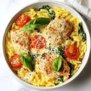 - 1 pound boneless skinless chicken thighs, diced - 1 cup orzo pasta - &frac12; cup heavy cream - &frac12; cup grated Parmesan cheese - 1 cup spinach, roughly chopped - 1 cup cherry tomatoes, halved - 1 small onion, diced - 3 cloves garlic, minced - Fresh basil for garnish - 1 teaspoon Italian seasoning - 2 cups chicken broth - 1 tablespoon olive oil - Salt and pepper to taste This meal has a great mix of flavors and textures. The chicken thighs make it juicy, while orzo adds a nice bite. The heavy cream and Parmesan cheese create a rich sauce that coats every piece. Fresh spinach and cherry tomatoes give bright colors and nutrients. The onion and garlic add depth to the dish. Don't forget the fresh basil! It brightens the flavor and looks pretty on top. Using Italian seasoning brings a taste of Italy right to your kitchen. Chicken broth adds depth and keeps the orzo tender. Olive oil makes everything come together smoothly. Gather these ingredients to make a dish that is both comforting and delicious! {{ingredient_image_1}} Cooking the chicken Start by heating one tablespoon of olive oil in a large pot over medium heat. Add the diced chicken thighs. Cook them for about 5 to 7 minutes. Ensure they brown on all sides. Once done, remove the chicken from the pot and set it aside. Saut&eacute;ing veggies and spices In the same pot, add the diced onion. Saut&eacute; it for about 3 to 4 minutes. The onion should become soft and translucent. Then, add the minced garlic and the Italian seasoning. Stir for one minute until you smell the wonderful aroma. Next, toss in the halved cherry tomatoes and cook for an additional 2 minutes. This will help them soften and release their juices. Combining ingredients Pour in the chicken broth to the pot. Bring it to a gentle simmer. Now stir in the orzo pasta. Return the browned chicken to the pot. Cover and cook for 8 to 10 minutes. Stir occasionally to make sure the pasta cooks evenly and absorbs most of the liquid. Simmering broth and orzo Keep an eye on the pot while it simmers. The orzo should become al dente. If it needs more time, continue cooking but watch the liquid level. You want a creamy texture without it being soupy. Incorporating cream and cheese Once the orzo is ready, add the chopped spinach. Then pour in the heavy cream and sprinkle the grated Parmesan cheese. Stir everything together. The spinach will wilt, and the cheese will melt, creating a rich, creamy sauce. Final seasoning and garnishing Taste your dish and add salt and pepper as needed. This final step is crucial to enhance the flavors. Serve hot and garnish with fresh basil leaves for a vibrant finish. Plating options Scoop the creamy Tuscan chicken orzo onto plates or bowls. You can add a sprinkle of extra Parmesan cheese on top for added flavor. Additional garnishing ideas Consider adding a drizzle of olive oil or some crushed red pepper flakes for heat. These small touches can elevate the dish even more. Enjoy your delightful meal! Best methods for browning chicken To brown chicken well, use a large pot over medium heat. Add olive oil and then the diced chicken. Cook until the chicken turns golden brown, about 5-7 minutes. Turn the pieces often for even cooking. This step gives great flavor and color to your dish. How to cook orzo perfectly Cook orzo in the same pot as your other ingredients. Add it to simmering chicken broth and stir often. This helps the orzo absorb the flavors. Cook for 8-10 minutes until it is al dente. Keep an eye on it to avoid mushy pasta. Adding more vegetables You can boost nutrition and flavor by adding more veggies. Try bell peppers, zucchini, or mushrooms. Add them when you saut&eacute; the onions and garlic. This way, they cook through and blend with the dish. Adjusting creaminess levels If you love creamy dishes, add more heavy cream. You can also mix in a bit of cream cheese or sour cream. For a lighter dish, reduce the cream or use milk. Taste as you go to find the right balance. Time-saving advantages One-pot meals save you time in the kitchen. You cook everything in one pot, which cuts down on prep time. You can make this dish in just 30 minutes. Perfect for busy weeknights! Easy clean-up solutions With one pot, clean-up is a breeze. Just wash your pot and any utensils you used. You won&rsquo;t have a sink full of dishes. This makes enjoying your meal easier and stress-free. Pro Tips Use Fresh Ingredients: Opt for fresh spinach and ripe cherry tomatoes to enhance the flavor and nutritional value of your dish. Cook Orzo Al Dente: Keep an eye on the orzo while cooking to ensure it remains firm and doesn't become mushy. Customize the Creaminess: Adjust the amount of heavy cream and Parmesan cheese to achieve your desired level of creaminess. Garnish for Freshness: Always top your dish with fresh basil just before serving to add a burst of color and flavor. {{image_2}} You can swap chicken thighs for chicken breast. Chicken breast is leaner and cooks faster. Just make sure not to overcook it. You can also try different pasta types. If you want a gluten-free dish, use gluten-free orzo or rice. To make this dish gluten-free, choose gluten-free pasta. You can also use quinoa for a different texture. For a dairy-free version, replace heavy cream with coconut milk. You can use nutritional yeast instead of cheese for flavor. If you love heat, add red pepper flakes or diced jalape&ntilde;os. They will bring a spicy kick to the meal. You can also play with herbs and spices. Try fresh thyme or oregano for a fragrant twist. Add lemon zest for a bright note. To store your creamy Tuscan chicken orzo, use an airtight container. These containers keep your meal fresh. Place the dish in the fridge within two hours of cooking. This meal stays good for up to three days. Make sure it cools down before sealing the container. When it&rsquo;s time to eat your leftovers, use the stove or microwave. For the stove, place the orzo in a pot on low heat. Add a splash of chicken broth or water to keep it moist. Stir gently until it warms up. If you use the microwave, cover the dish with a damp paper towel. Heat in short bursts, stirring in between. This helps avoid overcooking or drying out the orzo. Yes, you can freeze this dish! To freeze, let it cool completely. Then, transfer it to a freezer-safe container or bag. Remove as much air as possible before sealing. It can stay in the freezer for up to three months. To thaw, place it in the fridge overnight. Reheat using the stove or microwave for best results. Enjoy your meal again without losing flavor! Can I use other types of pasta? Yes, you can use other pasta shapes. Penne or fusilli work well. Just adjust the cooking time as needed. Check the package for cooking times to ensure they cook evenly. How do I make this recipe ahead of time? You can prepare this dish in advance. Cook everything and let it cool. Store it in an airtight container in the fridge. Reheat it on the stove over low heat. Add a splash of broth to keep it creamy. How long can the leftover dish last in the fridge? Leftovers can last for about three to four days in the fridge. Make sure to store them in a sealed container. Always check for signs of spoilage before eating. Is it safe to reheat multiple times? It&rsquo;s best to reheat only once. Each time you cool and heat food, it increases the risk of bacteria. For best quality and safety, reheat only what you plan to eat. What can I use instead of heavy cream? You can use half-and-half or whole milk. For a lighter option, use Greek yogurt mixed with a little milk. This keeps the sauce creamy without the extra fat. Can I omit the chicken for a vegetarian option? Yes, you can easily make this dish vegetarian. Substitute the chicken with mushrooms or zucchini. You can also add more spinach for extra flavor and nutrients. This blog post covered a tasty one-pot meal with chicken and orzo. We explored fresh ingredients like spinach and tomatoes, plus essential seasonings. I outlined cooking steps and shared handy tips for success. You can even swap ingredients or adjust for dietary needs. Remember, cooking is about enjoying good food in less time. Use these ideas to create your own delicious versions. Happy cooking!