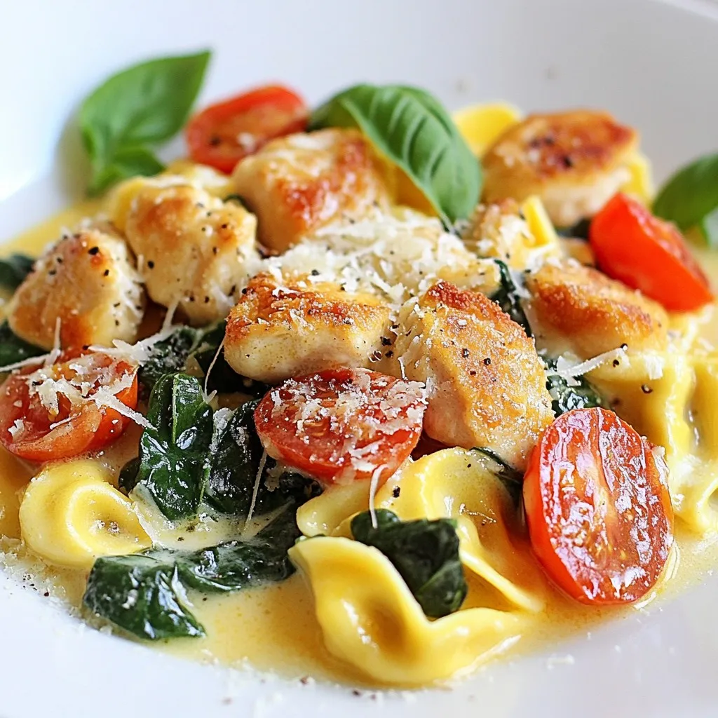 To make Marry Me Chicken Tortellini, gather these key ingredients: - 2 boneless, skinless chicken breasts - 2 tablespoons olive oil - 1 cup cherry tomatoes, halved - 1 cup heavy cream - 1 cup low-sodium chicken broth - 1 cup spinach leaves - 1 package (9 oz) cheese tortellini - 1/2 cup grated Parmesan cheese These ingredients come together to create a rich and creamy dish that is both tasty and filling. The right spices make all the difference. For this recipe, you'll need: - 1 teaspoon garlic powder - 1 teaspoon Italian seasoning - Salt and pepper to taste These seasonings enhance the flavor of the chicken and the creamy sauce. They add depth to each bite. Garnishes add a lovely touch. Consider using: - Fresh basil leaves Basil not only adds color but also a hint of freshness. It elevates the dish and makes it look even better on the plate. {{ingredient_image_1}} First, we need to season the chicken. Take your two boneless, skinless chicken breasts. Sprinkle garlic powder, Italian seasoning, salt, and pepper on both sides. Rub the seasonings in well. This step adds great flavor to the dish. Next, heat two tablespoons of olive oil in a large skillet over medium heat. When the oil is hot, add the chicken. Cook for 6 to 7 minutes on each side. The chicken should turn golden brown. Once cooked through, remove the chicken and let it rest. After a few minutes, slice it into strips. In the same skillet, toss in one cup of halved cherry tomatoes. Cook them for 2 to 3 minutes. They should start to soften. Then, stir in one cup of heavy cream and one cup of low-sodium chicken broth. Bring this mix to a gentle simmer. This will form a rich sauce. Now, add one cup of spinach leaves to the skillet. Let them wilt for just a minute. Next, add a 9-ounce package of cheese tortellini. Cook according to the package instructions until the tortellini is al dente. This adds a nice texture to the dish. After the tortellini is ready, add the sliced chicken back into the skillet. Sprinkle in half a cup of grated Parmesan cheese. Mix everything well until it’s coated and creamy. Taste it and adjust the seasoning if needed. More salt or pepper can help enhance the flavors. To serve, plate the tortellini mixture. Don’t forget to garnish with fresh basil leaves. This adds a lovely pop of color and flavor. Enjoy your Marry Me Chicken Tortellini with a side salad or garlic bread for a complete meal! To cook chicken breasts just right, start with even pieces. This helps them cook evenly. Season both sides with garlic powder, Italian seasoning, salt, and pepper. Heat olive oil in your skillet over medium heat. Place the chicken in the skillet. Cook for 6-7 minutes on each side until golden brown. Use a meat thermometer for best results. Aim for an internal temperature of 165°F. Let the chicken rest before slicing. This keeps it juicy. To get a creamy sauce, use heavy cream and low-sodium chicken broth. Add these to your skillet after sautéing the tomatoes. Let the mix come to a gentle simmer. Stir often to blend flavors. If the sauce is too thick, add more broth. If it's too thin, let it cook longer. The Parmesan cheese will also help create a rich texture. Always taste and adjust the seasoning at the end. One common mistake is overcooking the chicken. This makes it dry. Always check the temperature and let it rest. Another mistake is not seasoning enough. Good flavor comes from the right spices. Lastly, don't rush the sauce. Give it time to simmer and thicken. Follow these tips, and you'll have a delicious dish! Pro Tips Perfectly Sear the Chicken: Make sure your skillet is hot enough before adding the chicken to achieve a nice golden crust. Use Fresh Ingredients: Opt for fresh spinach and ripe cherry tomatoes for the best flavor and texture in your dish. Adjust the Creaminess: If you prefer a lighter sauce, reduce the amount of heavy cream or add more chicken broth to thin it out. Garnish for Flavor: Fresh basil not only adds color but also enhances the flavor profile of the dish, so don’t skip this step! {{image_2}} You can easily adjust this recipe for different diets. For a lighter meal, use chicken thighs instead of breasts. If you want a vegetarian dish, swap chicken for mushrooms or tofu. You can also use coconut milk in place of heavy cream for a dairy-free option. Feel free to mix in other vegetables. Zucchini slices add a nice crunch. Bell peppers bring a sweet flavor. You can also try broccoli or peas for extra color and nutrition. Just remember to cook them until tender before adding the tortellini. Tortellini is great, but you can use other pasta too. Penne or fusilli work well if you want a change. If you’re gluten-free, try using chickpea or lentil pasta. Just cook according to the package directions for the best results. To store leftovers, first let the dish cool down. Place it in an airtight container. Keep it in the fridge for up to three days. Make sure you use a container that seals well. This helps keep the flavors fresh. Reheat your leftovers slowly. You can use the stove or the microwave. If using the stove, add a splash of chicken broth for moisture. Heat on low to avoid burning. Stir often to warm it evenly. If using a microwave, cover the dish to keep it moist. Heat in short bursts, stirring in between. You can freeze Marry Me Chicken Tortellini for later. Let it cool completely, then place it in a freezer-safe container. It can last up to three months in the freezer. To thaw, move it to the fridge overnight. Reheat as described above. Avoid freezing the dish with fresh basil on top. Add that just before serving. Yes, you can use frozen tortellini. Just cook it according to the package instructions. Frozen tortellini works great in this dish. It saves time and still tastes good. Add it directly to the sauce after you sauté the veggies. Just make sure to stir it well. If you need a substitute for heavy cream, try using half-and-half. You can also mix milk with butter for a similar texture. For a lighter option, use Greek yogurt or coconut milk. These alternatives will change the flavor a bit but will still create a creamy sauce. To check if the chicken is cooked, use a meat thermometer. The internal temperature should reach 165°F. If you don’t have one, cut into the chicken. The meat should be white, not pink. If it’s pink, cook it a little longer. A light white wine like Pinot Grigio goes well with this dish. It complements the creamy sauce and chicken flavors. You can also try a Chardonnay if you prefer something richer. Serve the wine chilled to enhance your meal experience. In this article, we explored making Marry Me Chicken Tortellini, from key ingredients to serving tips. You learned how to prepare and cook the chicken, create a creamy sauce, and incorporate flavorful vegetables. We also discussed storage and answered common questions. This dish is fun, easy, and perfect for any occasion. Try new variations to match your taste. Enjoy this meal and impress your friends and family!