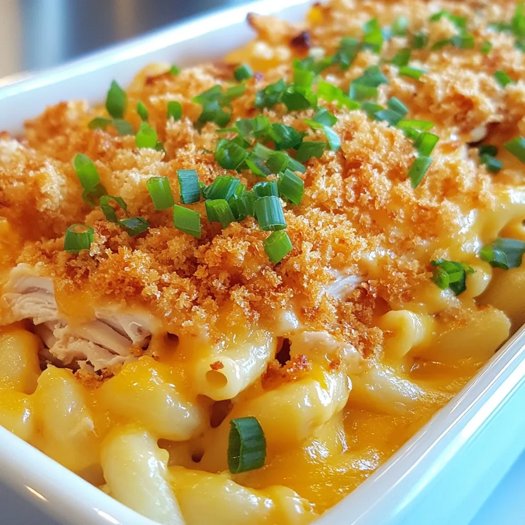 - 8 oz elbow macaroni - 2 cups shredded cooked chicken - 1 cup honey-flavored BBQ sauce This dish starts with elbow macaroni. It gives you that perfect base. Next, you need shredded cooked chicken. You can use leftover chicken or rotisserie chicken. Finally, grab some honey-flavored BBQ sauce. This sauce is key for that sweet and smoky flavor. - 2 cups sharp cheddar cheese, shredded - 1 cup mozzarella cheese, shredded - 1/2 cup cream cheese, softened Now, let's talk cheese. Sharp cheddar cheese adds a nice bite. Use two cups for a rich taste. Next, add one cup of mozzarella cheese. It brings a creamy texture. Lastly, cream cheese makes the sauce smooth. You only need half a cup, but it changes everything. - 1 tsp garlic powder - 1 tsp onion powder - 1/2 cup panko breadcrumbs Seasoning is the secret to great flavor. Use one teaspoon of garlic powder for depth. Add one teaspoon of onion powder for sweetness. Finally, panko breadcrumbs give a crunchy topping. You’ll mix these with olive oil before baking. It adds texture and makes the dish even better. {{ingredient_image_1}} To start, fill a large pot with water and add a good amount of salt. Bring the water to a boil. Once boiling, add the elbow macaroni. Cook it according to the package instructions until it is al dente. This usually takes around 7-9 minutes. After cooking, drain the pasta and set it aside. You want it firm, not mushy. Next, grab a medium saucepan and set it over medium heat. Add the softened cream cheese and milk. Stir the mixture until the cream cheese melts and becomes smooth. This is the base of our cheese sauce. Now, it’s time to add the fun part—cheese! Stir in the sharp cheddar and mozzarella cheese. Mix them in until they are fully melted and creamy. Season the cheese sauce with garlic powder, onion powder, smoked paprika, salt, and pepper. Taste it and adjust if needed. In a large bowl, mix the shredded chicken with the honey-flavored BBQ sauce. Make sure every piece is well coated. Now, add the cooked macaroni to the bowl with the chicken. Pour in the creamy cheese sauce next. Gently stir everything together until you see a nice blend of chicken, pasta, and sauce. Now, let’s prepare for baking. Preheat your oven to 350°F (175°C). Take a baking dish and transfer the mac and cheese mixture into it. To add a crunchy topping, mix panko breadcrumbs with olive oil in a small bowl. Sprinkle this mixture evenly over the mac and cheese. Finally, place the baking dish in the oven and bake for 25-30 minutes. You want the top to be golden and crispy. Enjoy the wonderful smell while it bakes! To get the best cheese sauce, you need the right texture. If your sauce is too thick, add a bit more milk. If it’s too thin, let it cook a bit longer. You want a creamy sauce that clings to the pasta. If you run out of cream cheese, you can use sour cream. It gives a nice tang. For a lighter option, try Greek yogurt instead. Both choices will still make your sauce creamy and rich. To kick up the flavor, add spices. Try smoked paprika for a deeper taste. You can also mix in some cayenne for heat. Fresh herbs like parsley can give a nice touch too. When choosing between garlic and onion powder, think about your taste. Garlic powder adds a strong taste. Onion powder is milder and sweeter. You can even combine both for a great balance. This dish pairs well with simple sides. A fresh green salad gives a nice crunch. You might also like garlic bread for extra flavor. For presentation, use a nice baking dish. Once it’s baked, let it cool before serving. Top with chopped green onions for color. This makes your dish look extra special and inviting. Pro Tips Use Leftover Chicken: This recipe is a fantastic way to use up leftover rotisserie chicken, saving both time and effort. Customize Your BBQ Sauce: Feel free to experiment with different BBQ sauces for varied flavor profiles; a spicy or smoky BBQ sauce can add a nice kick. Make it Creamier: For an extra creamy texture, add more cream cheese or a splash of heavy cream to your cheese sauce. Breadcrumb Alternatives: If you don’t have panko breadcrumbs, regular breadcrumbs can be used, but consider toasting them slightly for added crunch. {{image_2}} You can switch up the meat in this dish. Pulled pork adds a nice twist. It gives a smoky flavor that blends well with BBQ sauce. You can also use shredded beef. This works great for a heartier meal. If you want a meatless option, try using jackfruit. It has a similar texture to pulled meat. You can season it with BBQ sauce for a tasty vegetarian dish. While sharp cheddar and mozzarella are classic choices, there are many other cheeses to try. Gouda adds a rich, smoky taste. Pepper jack gives a spicy kick. Feel free to mix and match your favorite cheeses. If you need a vegan option, look for vegan cream cheese and cheese shreds. Nutritional yeast also adds a cheesy flavor without dairy. The BBQ sauce you choose can change the whole dish. A spicy BBQ sauce can add heat and depth. Look for sauces labeled as spicy or hot. If you want to make your own, combine ketchup, apple cider vinegar, and brown sugar. Add spices like chili powder or cayenne for extra flavor. Homemade BBQ sauce lets you control the heat and sweetness. Store any leftover Honey BBQ Chicken Mac and Cheese in an airtight container. This keeps it fresh and tasty. I recommend using glass or plastic containers with tight-fitting lids. Make sure to let it cool before sealing. This helps prevent moisture buildup. Leftovers should be eaten within three to four days for the best quality. To freeze mac and cheese, let it cool completely first. Then, place it in a freezer-safe container. You can also use heavy-duty freezer bags. Squeeze out as much air as possible to avoid freezer burn. It will stay good for up to three months. When you're ready to eat, thaw it in the fridge overnight. You can reheat your mac and cheese in two ways: the microwave or the oven. For the microwave, place it in a bowl and add a splash of milk. This keeps it creamy. Heat it for about two minutes, stirring halfway through. For the oven, preheat it to 350°F (175°C). Place the mac and cheese in an oven-safe dish. Cover it with foil to lock in moisture. Bake for 15 to 20 minutes. This method helps maintain texture and flavor, making it taste fresh again. Yes, you can make Honey BBQ Chicken Mac and Cheese ahead of time. Prepare the dish up to the baking step. Place it in the baking dish and cover it tightly with plastic wrap or aluminum foil. Store it in the fridge for up to two days. When ready to bake, remove the cover and bake it straight from the fridge. You may need to add extra baking time if it's cold. This method keeps the flavors fresh and saves you time. To add heat to your Honey BBQ Chicken Mac and Cheese, try these tips: - Mix in a teaspoon of cayenne pepper or red pepper flakes. - Use a spicy BBQ sauce instead of honey-flavored sauce. - Add diced jalapeños or a splash of hot sauce when mixing the chicken and BBQ. - Consider topping it with a sprinkle of chili powder before baking for an extra kick. These options let you control the spice level to fit your taste. Honey BBQ Chicken Mac and Cheese pairs well with several side dishes. Here are a few ideas: - Coleslaw: Adds a crunchy, refreshing contrast. - Garlic Bread: Perfect for soaking up cheesy goodness. - Steamed Vegetables: Broccoli or green beans add color and nutrients. - Corn on the Cob: Sweet corn complements the BBQ flavors nicely. These sides enhance the meal and make it more satisfying. This blog shares how to make Honey BBQ Chicken Mac and Cheese. You learned about key ingredients, from elbow macaroni to the perfect cheese mix. We covered simple cooking steps, tips to improve flavor, and tasty variations. Finally, you can store this dish for later and still enjoy its great taste. Whether you share it or savor it alone, this recipe offers warmth and comfort. Dive in and enjoy your flavorful creation!