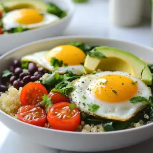 - 1 cup quinoa, rinsed and cooked - 1 cup spinach, chopped - 2 large eggs - 1/2 avocado, sliced - 1/4 cup cherry tomatoes, halved - 1/4 cup black beans, drained and rinsed - 1 tablespoon olive oil - Salt and pepper, to taste - 1 teaspoon chili powder (optional) - Fresh cilantro, for garnish When I create a macro-friendly breakfast bowl, I focus on balance. This dish includes proteins, carbs, and healthy fats. Quinoa serves as the base. It brings protein and fiber. Spinach adds vitamins and minerals. Eggs give rich protein and healthy fats. Avocado is creamy and full of good fat. Cherry tomatoes add a sweet burst. Black beans provide extra protein and fiber. Olive oil adds healthy fat and flavor. Seasoning with salt, pepper, and chili powder enhances taste. Fresh cilantro brings a bright finish. Each ingredient plays a role. They work together to nourish and satisfy. Feel free to mix in your favorites. You can also adjust the ingredients to fit your diet. {{ingredient_image_1}} To cook quinoa properly, start by rinsing 1 cup of quinoa. This step removes bitter flavors. Next, mix the rinsed quinoa with 2 cups of water in a pot. Bring it to a boil. Once it boils, lower the heat and cover the pot. Let it simmer for about 15 minutes. The quinoa will absorb the water and become fluffy. For fluffiness, let the quinoa rest for 5 minutes after cooking. Then, use a fork to fluff it gently. This helps separate the grains. Heat 1 tablespoon of olive oil in a skillet over medium heat. Add 1 cup of chopped spinach. Saut&eacute; for about 2-3 minutes. You want the spinach to wilt but still stay bright green. Season it with salt, pepper, and chili powder if you like some heat. After saut&eacute;ing, transfer the spinach to a bowl. Set it aside for later. You can choose to cook your eggs sunny-side up or scrambled. For sunny-side up, crack the eggs into the hot skillet. Cook them until the whites are firm, but the yolks stay runny. For scrambled eggs, whisk the eggs in a bowl before adding them to the skillet. Stir them gently until fully cooked. Season both styles with a pinch of salt and pepper. This brings out their rich flavor. To make a balanced breakfast bowl, focus on macros. Combine protein, carbs, and healthy fats. For this recipe: - Protein: Eggs and black beans - Carbs: Quinoa and cherry tomatoes - Healthy fats: Avocado Layer your ingredients for a colorful look. Start with quinoa, then add spinach, black beans, and eggs. Finish with avocado and tomatoes. A sprinkle of cilantro gives it a fresh finish. Meal prep saves time on busy mornings. Cook a big batch of quinoa and store it in the fridge. You can prep spinach and beans ahead as well. - Store cooked quinoa in an airtight container for up to five days. - Keep saut&eacute;ed spinach in a separate container to avoid sogginess. Prepare your eggs fresh for the best taste. You can swap ingredients to fit your needs. For a vegan option, replace eggs with tofu. - Use chickpeas instead of black beans for variety. - Try different veggies like bell peppers or kale. Add toppings like hot sauce, nuts, or seeds for extra flavor and nutrients. Adjust your bowl to match your taste and dietary needs. Pro Tips Rinse Your Quinoa: Rinsing quinoa before cooking helps remove its natural coating, called saponin, which can make it taste bitter. Perfectly Cooked Eggs: For the best results, cook your eggs on low heat to avoid overcooking the yolks while ensuring the whites are set. Add Flavor to Quinoa: Instead of water, cook quinoa in vegetable or chicken broth to infuse it with extra flavor. Customize Your Toppings: Feel free to swap out the toppings based on your preference; try adding roasted sweet potatoes or feta cheese for a twist! {{image_2}} Macronutrients are vital for our body. They consist of protein, carbohydrates, and fats. - Protein helps build and repair tissues. It keeps you full longer. - Carbohydrates are the main energy source. They fuel our daily activities. - Fats support cell growth and help absorb vitamins. Healthy fats are key for brain health. Breakfast is a great time to focus on macros. Starting your day with balanced macros helps maintain energy levels. It can also support weight management and muscle growth. This Macro Friendly Breakfast Bowl is nutritious and balanced. Here&rsquo;s a detailed breakdown per serving: - Calories: Approximately 450 - Protein: 20 grams - Carbohydrates: 45 grams - Fats: 20 grams To track your macros effectively, use an app or a food diary. Measure your ingredients before cooking. This helps you stay on track with your goals. Adjust the serving sizes or ingredients to meet your needs. Enjoy your breakfast while hitting your macro targets! You can add many veggies to your breakfast bowl. Try bell peppers, mushrooms, or zucchini. These options bring vibrant colors and flavors. Each veggie has unique nutrients. - Bell Peppers: High in vitamin C. Great for your immune system. - Mushrooms: Rich in B vitamins and antioxidants. They add a nice umami taste. - Zucchini: Low in calories and high in fiber. It keeps you full longer. Adding these veggies boosts the fiber and vitamin content. You make your breakfast more filling and nutritious. Want more protein? You can easily add more sources. Tofu is a great choice for a plant-based option. Turkey sausage is another tasty way to up the protein. - Tofu: It absorbs flavors well and is a complete protein. - Turkey Sausage: Lean and full of flavor. It pairs great with eggs. You can also use dairy or non-dairy proteins. Greek yogurt is a thick and creamy option. It packs a protein punch. For non-dairy, try almond or soy yogurt. Change up the flavor of your breakfast bowl. You can go spicy, savory, or sweet. For a spicy bowl, add jalape&ntilde;os or hot sauce. - Savory: Add herbs like thyme or rosemary for a fresh taste. - Sweet: Try adding a drizzle of honey or maple syrup. You can also toss in some fruit like berries or bananas. Seasoning swaps can also make a big difference. Swap salt for garlic powder for a new twist. Try smoked paprika for a rich, deep flavor. These changes keep your breakfast exciting and full of flavor. You can make your breakfast bowl your own! Here are some tips: - Add more veggies: Try bell peppers, zucchini, or kale for extra nutrients. - Change the protein: Swap eggs for tofu or chickpeas for a new taste. - Use different grains: Quinoa is great, but you can use brown rice or farro. - Spice it up: Add hot sauce or your favorite herbs to boost flavor. - Mix up the toppings: Consider nuts, seeds, or different cheeses for variety. Yes, it&rsquo;s easy to make this bowl vegan! Here are some substitutions: - Eggs: Replace with scrambled tofu or chickpea flour scramble. - Dairy: Use vegan cheese or nutritional yeast for a cheesy flavor. - Avocado: Keep it as is; it's already vegan and adds healthy fats. - Beans: You can add lentils or replace black beans with kidney beans. To meet your macro goals, follow these practical tips: - Track your food: Use an app to log your meals and see your macros. - Balance your bowl: Aim for a good mix of protein, carbs, and fats. - Adjust portions: If you need more protein, add extra eggs or beans. - Plan ahead: Prepare ingredients in advance to keep meals consistent. - Stay flexible: If you miss your target, adjust other meals for balance. Making a macro-friendly breakfast bowl is easy and fun. You need simple ingredients like quinoa, spinach, eggs, and avocado. Follow the steps to cook each element perfectly. Use tips to prepare in advance for busy mornings. Explore variations to fit your taste and dietary needs. Customize your bowl to meet your macro goals. Now, you can create meals that are tasty, healthy, and satisfying. Enjoy your journey to a better breakfast!