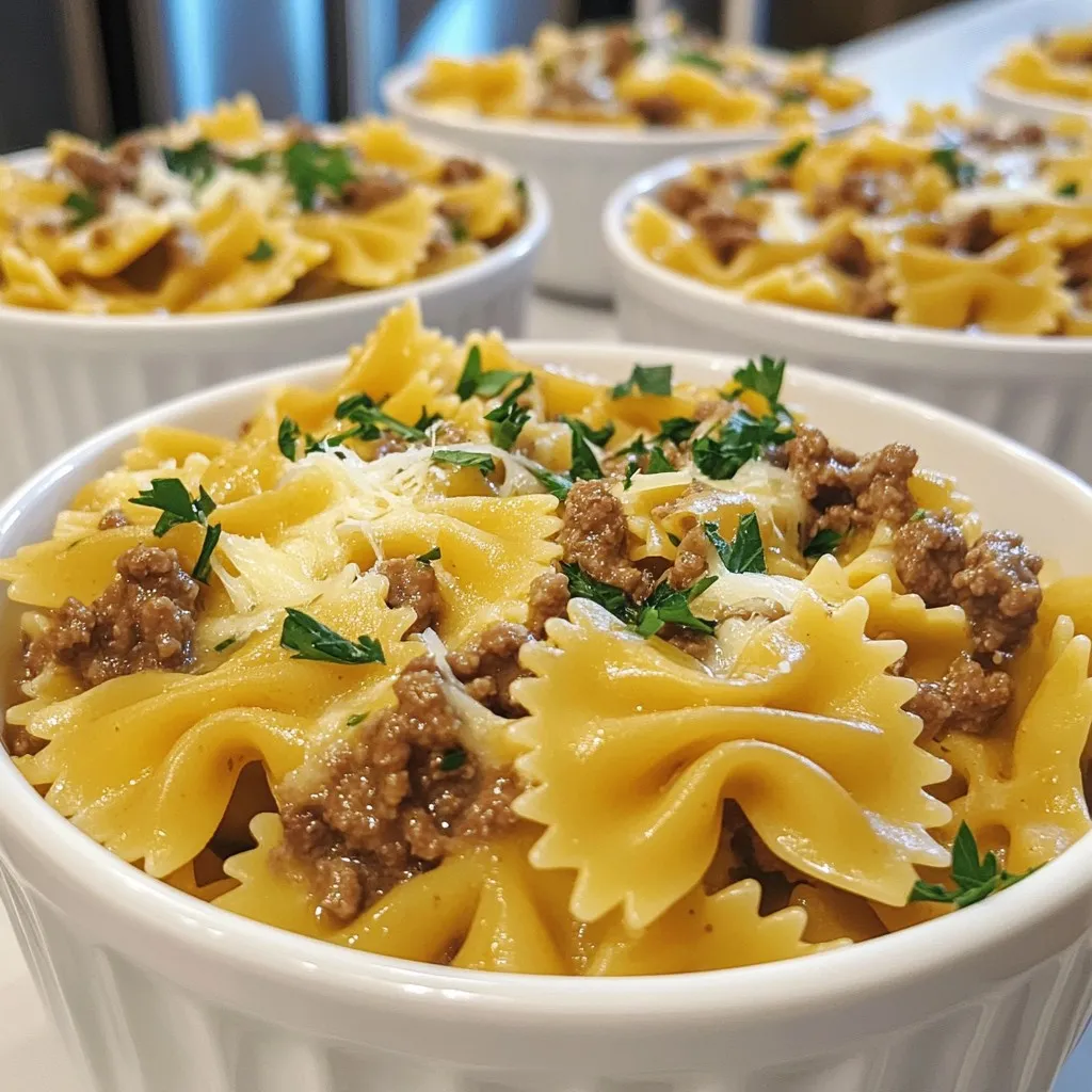 - 12 oz bowtie pasta - 1 lb ground beef - 4 cloves garlic, minced - 2 cups heavy cream - 1 cup grated Parmesan cheese - 1 cup chicken broth - 2 tablespoons olive oil - 1 teaspoon Italian seasoning - Salt and pepper, to taste - Fresh parsley, chopped (for garnish) This recipe is simple yet rich. You need just a few key ingredients to create a delightful dish. First, grab 12 ounces of bowtie pasta. The shape holds the sauce well and adds fun to your meal. Next, you want 1 pound of ground beef. This beef gives the dish its hearty base. Don't forget the garlic! You’ll need 4 cloves, minced, to bring a strong flavor. We will also use 2 cups of heavy cream. This makes the dish creamy and smooth. Next, you need 1 cup of grated Parmesan cheese. It adds a salty, nutty flavor that pairs perfectly with the cream. For the sauce, we will use 1 cup of chicken broth. It provides depth and balances the creaminess. You’ll need 2 tablespoons of olive oil to sauté the beef. This oil helps in cooking while adding flavor. A teaspoon of Italian seasoning enhances the overall taste with a blend of herbs. Finally, season with salt and pepper to your liking. Use fresh parsley, chopped, for garnish. It adds a lovely pop of color and freshness. With these ingredients, you can create a creamy garlic Parmesan beef bowtie pasta that is easy and delicious. {{ingredient_image_1}} To start, bring a large pot of salted water to a boil. This step helps season the pasta. Add 12 oz of bowtie pasta to the boiling water. Cook it for about 10-12 minutes. Check the package for specific times. You want it al dente, which means firm to the bite. Once done, drain the pasta and set it aside. Next, heat a large skillet over medium heat. Add 2 tablespoons of olive oil and let it warm. Then, add 1 lb of ground beef. Cook the beef for about 5-7 minutes. Use a spoon to break it apart as it cooks. You want it browned. Don’t forget to season with salt, pepper, and 1 teaspoon of Italian seasoning for flavor. Now, it’s time to make the sauce. First, stir in 4 cloves of minced garlic. Cook this for about one minute until it smells great. Next, pour in 1 cup of chicken broth. Bring this mixture to a simmer. Let it reduce for about 3-4 minutes. Then, lower the heat and add 2 cups of heavy cream and 1 cup of grated Parmesan cheese. Stir well until the cheese melts and the sauce becomes creamy. Finally, add the cooked bowtie pasta to the skillet. Toss it with the sauce until it’s fully coated. Adjust the seasoning with salt and pepper to your taste. How to prevent clumping of pasta To keep your bowtie pasta from clumping, make sure to stir it well while it cooks. Use a large pot with plenty of boiling salted water. The salt adds flavor and helps keep the pasta from sticking together. After draining, toss the pasta with a touch of olive oil. This small step keeps it loose and ready for the sauce. Ideal browning of beef For the best browning, use medium heat when cooking the ground beef. Don’t overcrowd the skillet. Cook it in batches if you need to. This allows the beef to brown evenly. Stir it occasionally, breaking it into small pieces. You want a nice brown color for great flavor. Adding extra seasonings Want to amp up the taste? Try adding a pinch of red pepper flakes or a dash of smoked paprika. Both add a nice kick. You can also add fresh herbs like basil or thyme. They bring freshness and aroma to your dish. Don’t be afraid to taste as you go to find your perfect mix. Recommended cheese substitutions If you want to switch up the cheese, try using Pecorino Romano for a sharper taste. You could also use a mix of mozzarella for creaminess and flavor. Gouda works well too, giving a smoky note. Each cheese adds its own twist, so feel free to experiment based on your taste. Pro Tips Use Fresh Garlic: Freshly minced garlic enhances the flavor of the dish significantly compared to pre-minced varieties. Al Dente Pasta: Cooking the pasta al dente ensures that it retains a slight bite, which adds a nice texture to the dish. Quality Cheese: Using high-quality Parmesan cheese will elevate the creaminess and overall flavor of the sauce. Garnish for Presentation: A sprinkle of fresh parsley not only adds color but also a fresh flavor contrast to the creamy sauce. {{image_2}} You can easily swap ingredients for this creamy garlic parmesan beef bowtie pasta. If you want a lighter version, try using ground turkey or chicken instead of beef. These options cut down on fat and add a different flavor. For those who need gluten-free options, you can use gluten-free bowtie pasta. Many brands make pasta that tastes great and holds up well in the dish. If you're looking for vegan alternatives, replace the beef with plant-based ground meat. Use coconut cream instead of heavy cream and nutritional yeast in place of parmesan cheese. These swaps let everyone enjoy the dish! Pair this pasta with tasty side dishes. A simple green salad or garlic bread works well. For a special touch, serve it with roasted vegetables. They add color and nutrition to your meal. Presentation matters too! Serve the pasta in a large bowl, topped with fresh parsley. You can sprinkle extra parmesan cheese on top for a fancy look. Adding a slice of lemon on the side can brighten the dish and give it a fresh twist. Enjoy experimenting with your own ideas! To keep your creamy garlic Parmesan beef bowtie pasta fresh, follow these steps: - Cool the Pasta: Let it cool to room temperature before storage. This helps prevent moisture buildup. - Use Airtight Containers: Place the pasta in airtight containers to lock in flavor and moisture. - Refrigeration: Store in the fridge, where it stays good for up to 3 days. If you want to keep it longer, consider freezing. In the freezer, it can last up to 3 months. Reheating your dish can be tricky. Here’s how to do it right: - Use the Stove: For best results, reheat on the stove over low heat. Add a splash of chicken broth or cream to keep it creamy. - Microwave Method: If using a microwave, heat in short bursts. Stir every 30 seconds to avoid hot spots. - Avoid Overheating: Overheating can make the pasta dry. Just warm it until heated through. Enjoy your delicious leftovers without losing that creamy texture! To cook bowtie pasta, start with a large pot. Fill it with water and add salt. Bring the water to a rolling boil before adding the pasta. This helps the pasta cook evenly. Stir the pasta right after adding it to prevent sticking. Cook it for about 10-12 minutes until it is al dente. Al dente means it is firm to the bite. Drain the pasta and set it aside. Yes, you can make this dish ahead of time! Prepare the creamy garlic Parmesan sauce and cook the pasta. Let them cool, then store them in separate containers. You can keep them in the fridge for up to three days. When you are ready to eat, combine them in a skillet. Heat gently over medium heat until warm. This makes meal prep easy and quick. If you want to add some heat, you have options! You can sprinkle in red pepper flakes while cooking the beef. This will give it a nice kick. Another option is to use hot sauce when you mix in the cream. Adjust the amount to your taste. Adding diced jalapeños is also a fun twist. Spice it up to make it yours! This dish combines tasty ingredients like bowtie pasta, ground beef, and creamy sauce. You now have clear steps for cooking and saucing, along with helpful tips. Don’t forget the variations and storage advice to keep your meal fresh. You can easily adapt this recipe to suit your needs. Enjoy experimenting in the kitchen and creating your own version. Share it with friends, and let the flavors shine!