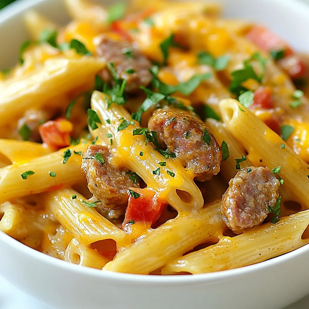 To make this dish, you need some key ingredients. Here’s a list to gather: - 12 oz (340g) penne pasta - 1 lb (450g) spicy sausage, sliced - 1 tablespoon olive oil - 1 small onion, diced - 3 cloves garlic, minced - 1 bell pepper (red or green), diced - 1 can (14.5 oz) diced tomatoes, with juices - 2 cups chicken broth - 1 cup heavy cream - 2 teaspoons Cajun seasoning - Salt and pepper to taste - 1 cup shredded cheddar cheese - Fresh parsley, chopped (for garnish) Each ingredient plays a role in building flavor. The spicy sausage gives a kick. The heavy cream adds richness. The Cajun seasoning brings warmth and depth. Together, they create a creamy, satisfying meal. While the dish is tasty on its own, you can add a few garnishes: - Fresh parsley, chopped - Extra shredded cheese - A sprinkle of Cajun seasoning These toppings not only look great but also add flavor. I love how fresh herbs brighten the dish. Cheese melts beautifully on top too! If you need to make swaps, it’s easy! Here are some options: - Use turkey or chicken sausage for a lighter choice. - Swap in plant-based sausage for a vegetarian option. - For dairy-free, try coconut milk instead of heavy cream. These substitutions maintain flavor while catering to different diets. Experiment, and you might find a new favorite! {{ingredient_image_1}} 1. Start by heating olive oil in a large pot over medium heat. 2. Add the sliced sausage and cook for 5-7 minutes. Brown it well and ensure it's cooked through. 3. Remove the sausage and set it aside. 4. In the same pot, add diced onion, minced garlic, and bell pepper. Sauté for 3-4 minutes until soft. 5. Stir in the diced tomatoes with their juices, chicken broth, and Cajun seasoning. Bring this mix to a boil. 6. Add the penne pasta to the pot. Reduce the heat to a simmer and cover. Cook for 12-15 minutes, stirring occasionally, until the pasta is al dente. 7. Once the pasta is ready, stir in the heavy cream and the cooked sausage. Heat for another 2-3 minutes. 8. Finally, remove from heat and mix in the shredded cheddar cheese. Stir until melted and creamy. 9. Adjust the seasoning with salt and pepper to your taste. - Use plenty of water when boiling pasta. This helps it cook evenly. - Stir the pasta occasionally to prevent sticking. - Check for doneness by tasting. It should be al dente. - If the pasta is too firm, let it cook a bit longer until you reach your desired texture. - If you prefer softer pasta, increase the cooking time by a few minutes. - For firmer pasta, reduce the cooking time slightly. - Always check the pasta a couple of minutes before the suggested time. This way, you can catch it just right! - Remember, pasta will continue to cook a bit after you remove it from heat, so keep that in mind. One-pot cooking is easy and fun. Start by gathering all your ingredients. This helps you stay organized. Always heat your pot before adding oil. This step gives your sausage a nice sear. Searing adds flavor to your dish. Make sure to stir often. Stirring helps cook the pasta evenly. It also keeps it from sticking. Use a wooden spoon or a spatula. These tools are gentle on your pot’s surface. To keep your pasta creamy, add the heavy cream slowly. Pour it in after the pasta is cooked. This way, it mixes well. Stir until the cheese melts completely. If your pasta is too thick, add a bit more chicken broth. This will give you a nice balance. Adding cheese at the end makes the dish extra creamy. Cheddar cheese works best here. You can also try different cheeses. Just remember to add them slowly, too. Avoid cooking your pasta too long. Overcooked pasta becomes mushy and loses flavor. Keep an eye on the timer. Also, don’t skip the Cajun seasoning. It gives the dish that bold flavor. Make sure to taste your dish before serving. You might need a pinch of salt or pepper. Lastly, don’t rush the melting cheese. Let it melt fully for the best creamy texture. These small tips can make a big difference in your meal. Pro Tips Use High-Quality Sausage: Choose a flavorful spicy sausage to enhance the overall taste of the dish. Fresh or artisanal sausages can make a significant difference. Adjust the Spice Level: If you prefer milder flavors, opt for a less spicy sausage or reduce the amount of Cajun seasoning to suit your taste. Cook Pasta Al Dente: Ensure that you cook the penne pasta just until al dente for the best texture. It will continue to cook slightly after adding the cream and cheese. Garnish Generously: Fresh parsley not only adds color but also a fresh flavor. Don’t skip this step for a more vibrant presentation. {{image_2}} For a vegetarian version, replace the sausage with plant-based sausage. Use vegetable broth instead of chicken broth. You can also add more veggies like spinach or mushrooms for extra flavor. If you want a vegan option, swap heavy cream for coconut cream or cashew cream. This keeps it rich and creamy while staying dairy-free. You can use many meats in this dish. Chicken works well; just cut it into bite-sized pieces. You can also try shrimp for a seafood twist. If you like it spicy, chorizo adds a nice kick. Each meat brings its own flavor, so pick what you love most. Change the sauce for a new taste. Alfredo sauce can give it a creamy touch. For a tomato-based option, add marinara sauce instead of diced tomatoes. You can also mix up the seasonings. Try Italian herbs or even a bit of curry powder for a fun twist. Don't be afraid to experiment! After enjoying your meal, let the pasta cool. Place it in an airtight container. Store it in the fridge for up to three days. This method keeps the flavors fresh. To reheat, use a microwave or a stovetop. If using a microwave, place the pasta in a bowl. Add a splash of chicken broth or cream to keep it moist. Heat for about 2-3 minutes, stirring halfway. On the stovetop, warm it gently over low heat. Stir often to avoid sticking. You can freeze this dish for later. Place cooled pasta in a freezer-safe container. Seal it tightly and store it in the freezer for up to three months. When ready to enjoy, thaw it overnight in the fridge. Reheat as mentioned above for the best results. Yes, you can use different pasta types. Penne works well, but try rotini or fettuccine. These shapes hold onto sauce nicely. Just keep cooking times in mind. Pasta shapes vary in how long they take to cook. To add heat, use spicy sausage or extra Cajun seasoning. You can also add crushed red pepper flakes. Fresh jalapeños or hot sauce will boost the spice too. Adjust the spice to fit your taste. Pair this dish with a fresh green salad or garlic bread. A side of steamed vegetables adds color and nutrition. If you want something hearty, serve with cornbread or biscuits. These sides balance the rich flavors of the pasta. This blog post covered how to make One Pot Creamy Cajun Sausage Pasta. We explored essential ingredients, cooking steps, and helpful tips. I shared ideas for variations and storage methods, ensuring you can adapt this dish to your needs. Remember, experimenting with flavors and ingredients makes cooking fun. Always aim for the best results and enjoy your meal. With these steps, you can make a tasty dish your whole family will love.