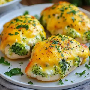 To make the cheesy broccoli stuffed chicken, gather these simple ingredients: - 4 boneless, skinless chicken breasts - 1 cup steamed broccoli florets, chopped - 1 cup shredded mozzarella cheese - 1/2 cup cream cheese, softened - 1/4 cup grated Parmesan cheese - 2 cloves garlic, minced - 1 teaspoon onion powder - 1 teaspoon paprika - 1 tablespoon olive oil - Salt and pepper to taste - Fresh parsley, for garnish These ingredients come together to make a tasty dish. The chicken provides protein, while the broccoli adds nutrition. The blend of mozzarella and cream cheese creates a creamy filling that melts in your mouth. Garlic and spices enhance the flavor. You can use fresh or frozen broccoli, but fresh gives the best taste. Always choose high-quality chicken for great results. The olive oil helps to brown the chicken nicely. Don't skip the parsley&mdash;it adds a lovely touch to the final dish. {{ingredient_image_1}} First, set your oven to 375&deg;F (190&deg;C). This heat is perfect for cooking chicken. In a medium bowl, mix the chopped steamed broccoli, mozzarella cheese, cream cheese, and Parmesan cheese. Add the minced garlic, onion powder, paprika, salt, and pepper. Stir well until everything blends into a creamy filling. Take the chicken breasts and lay them flat on a cutting board. Use a sharp knife to carefully cut a pocket into each breast. Be careful not to slice all the way through the chicken. Spoon the cheesy broccoli mixture into each chicken pocket. If needed, use toothpicks to close the openings. This keeps the filling inside while cooking. Heat olive oil in a large oven-safe skillet over medium heat. Once hot, add the stuffed chicken breasts. Sear them for about 3-4 minutes on each side until golden brown. After searing, remove the skillet from the heat. Place it in the preheated oven and bake for 25-30 minutes. The chicken should reach an internal temperature of 165&deg;F (75&deg;C) when done. Once cooked, take the chicken out of the oven. Let it rest for 5 minutes before serving. Garnish with freshly chopped parsley for added flavor and a nice touch of color. When picking chicken, look for boneless and skinless cuts. They cook evenly and stay juicy. Choose breasts that are similar in size for even cooking. Fresh chicken is best, but you can use frozen if needed. Just thaw it fully before cooking. To make your filling shine, use fresh ingredients. Chop the steamed broccoli finely so it mixes well. A blend of mozzarella and cream cheese creates a creamy texture. Parmesan adds a nice salty taste. Don&rsquo;t forget the garlic! It gives a great flavor kick. Mix everything in a bowl until smooth and creamy. Avoid overstuffing the chicken. If the pockets are too full, the filling might spill out. Always secure the openings with toothpicks if needed. Remember to sear the chicken before baking. This step helps lock in juices and adds a nice brown color. Lastly, let the chicken rest after cooking. It keeps the meat juicy and tender. Pro Tips Use Fresh Broccoli: Fresh broccoli will provide a better texture and flavor compared to frozen. Ensure it&rsquo;s steamed just until tender for the best results. Cheese Variations: Feel free to mix different cheeses like cheddar or gouda for a unique flavor profile in your stuffing. Perfectly Cooked Chicken: Use a meat thermometer to check the internal temperature, ensuring it reaches 165&deg;F (75&deg;C) for safe consumption. Allow to Rest: Let the chicken rest for a few minutes post-baking to allow the juices to redistribute, ensuring every bite is moist and flavorful. {{image_2}} You can make this dish dairy-free easily. Replace the cream cheese with a dairy-free option, like cashew cream. Use dairy-free cheese for the mozzarella and Parmesan. These swaps will still give you a tasty filling without the dairy. Want to mix it up? Add some cooked bacon bits for a smoky flavor. You can also toss in some sun-dried tomatoes for a tangy kick. Fresh spinach can add color and nutrients. Feel free to experiment and find your favorite combo. Do you like heat? Add a pinch of red pepper flakes to the cheesy filling. You can also mix in diced jalape&ntilde;os for a spicy kick. If you prefer mild flavors, skip the spice and enjoy the creamy deliciousness. Adjust it to fit your taste buds! Store any leftovers in an airtight container. Keep them in the fridge for up to three days. Make sure to let the chicken cool before sealing it. This helps keep the chicken fresh and tasty. You can freeze the stuffed chicken for later. Wrap each piece tightly in plastic wrap. Then place the wrapped chicken in a freezer bag. It will last up to three months in the freezer. To use, thaw it overnight in the fridge before reheating. To reheat, preheat your oven to 350&deg;F (175&deg;C). Place the chicken in an oven-safe dish. Cover it with foil to keep moisture in. Heat for about 20-25 minutes until warm. You can also use a microwave, but the oven gives better results. Yes, you can use frozen broccoli. Just steam it first and then chop it. Frozen broccoli works well and saves time. It may have a softer texture than fresh, but the taste will still be great. Check the chicken's internal temperature. It should reach 165&deg;F (75&deg;C). You can use a meat thermometer for accuracy. If you don&rsquo;t have one, cut into the thickest part. The meat should be white, not pink. Absolutely! You can prepare the stuffed chicken a day in advance. Just store it in the fridge until you&rsquo;re ready to cook. This makes dinner prep quick and easy on busy nights. Several side dishes match well with this chicken. Here are a few tasty options: - Garlic mashed potatoes - Steamed green beans - Rice pilaf - Simple garden salad - Roasted carrots These sides add color and flavor to your meal, making it more enjoyable. Enjoy your cooking! In this article, we explored how to make Cheesy Broccoli Stuffed Chicken. You learned about the ingredients needed, like chicken, cheese, and broccoli. I shared step-by-step instructions to help you create your dish. We also covered tips for choosing chicken, avoiding mistakes, and even variations for dietary needs. In the end, this meal is tasty and easy to make. Enjoy your cheesy, delicious creation!